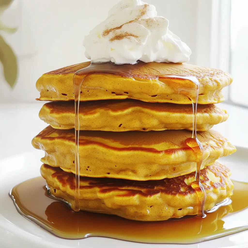 To make delicious pumpkin pancakes, gather these simple ingredients: - 1 cup all-purpose flour - 1 cup canned pumpkin puree - 2 tablespoons packed brown sugar - 1 teaspoon baking powder - 1/2 teaspoon baking soda - 1 teaspoon ground cinnamon - 1/2 teaspoon ground ginger - 1/4 teaspoon ground nutmeg - 1/4 teaspoon fine sea salt - 1 large egg - 1 cup buttermilk (room temperature) - 2 tablespoons unsalted butter, melted - Maple syrup, for serving - Whipped cream (optional, for garnish) Each ingredient plays a key role in making these pancakes light and flavorful. The pumpkin puree adds moisture and a rich taste. The spices create warmth and depth. The buttermilk gives a nice tang and helps the pancakes rise. When combined, these ingredients create a cozy flavor that warms your soul. For the sweetest touch, don’t forget the maple syrup! It brings out the pumpkin flavor perfectly. You can even add whipped cream on top for extra joy. Enjoy gathering these items and let’s make something special! First, gather all your dry items. In a medium bowl, add: - 1 cup all-purpose flour - 2 tablespoons packed brown sugar - 1 teaspoon baking powder - 1/2 teaspoon baking soda - 1 teaspoon ground cinnamon - 1/2 teaspoon ground ginger - 1/4 teaspoon ground nutmeg - 1/4 teaspoon fine sea salt Whisk these together well. This step makes sure every bite is tasty. Next, grab a large bowl for the wet mix. Combine: - 1 cup canned pumpkin puree - 1 large egg - 1 cup buttermilk (room temperature) - 2 tablespoons unsalted butter, melted Whisk until smooth. This mix adds moisture and flavor to your pancakes. Now, it's time to mix the wet and dry ingredients. Slowly pour the wet mix into the dry bowl. Stir gently with a spatula. You want it just mixed, so some lumps stay. Lumps make the pancakes fluffy. Preheat your non-stick skillet over medium heat. Lightly grease it with cooking spray or butter. Pour 1/4 cup of batter onto the skillet for each pancake. Cook until bubbles form, about 2-3 minutes. Carefully flip each pancake. Cook for another 1-2 minutes until golden brown. Repeat this with the rest of the batter, adjusting heat if needed. Serve warm, drizzled with maple syrup. Enjoy the sweet fall flavor! To make fluffy pancakes, keep it simple. Avoid overmixing the batter. When you combine wet and dry ingredients, stir gently. You want small lumps to remain in the batter. These lumps help create air pockets that make your pancakes light and fluffy. Getting the heat right is key. Start with medium heat on your skillet. Too hot, and your pancakes will burn. Too low, and they will cook unevenly. Look for a golden brown color when you're ready to flip. Adjust the heat as needed to keep that perfect balance. When serving, stack the pancakes high on a plate. Drizzle warm maple syrup over them generously. For a special touch, add a dollop of whipped cream on top. You can also sprinkle a little cinnamon or nutmeg for extra flavor. These small details make your dish look as good as it tastes. {{image_4}} You can switch the all-purpose flour with whole wheat flour for a heartier pancake. Whole wheat gives a nutty taste and adds fiber. If you need a gluten-free option, try almond flour or a gluten-free blend. Both options keep the pancakes tasty and fluffy. Want to make your pancakes even more fun? Add chocolate chips for a sweet twist. They melt into the batter and create little pockets of chocolate goodness. You can also mix in nuts like walnuts or pecans for a nice crunch. Both options enhance flavor and texture. Toppings can take your pumpkin pancakes to the next level. Fresh fruit like bananas or berries adds natural sweetness. You can also use yogurt for creaminess and a tangy taste. Try flavored syrups like caramel or berry for a twist. Each topping choice makes your meal special. To keep your pumpkin pancakes fresh, store them properly. First, let the pancakes cool down. Once cool, stack them with parchment paper between each one. This helps prevent sticking. Place the stack in an airtight container. You can refrigerate them for up to three days. If you want to save them for longer, freeze the pancakes. Wrap each pancake in plastic wrap. Then, place them in a freezer-safe bag. They will stay good for about two months. When it's time to enjoy your leftovers, reheating is key. The best method is to use a skillet. Heat the skillet over medium-low heat. Add a little butter or oil to prevent sticking. Place the pancakes in the skillet and cook for about one minute on each side. They should be warm and slightly crispy. You can also use the microwave for a quick option. Place a pancake on a microwave-safe plate. Cover it with a damp paper towel. Heat for about 20-30 seconds. Check if it’s warm enough, and enjoy! Yes, you can use fresh pumpkin. Start by selecting a small pie pumpkin. Cut it in half and remove the seeds. Place the halves face down on a baking sheet. Bake at 350°F for about 45 minutes or until soft. After cooling, scoop out the flesh. Blend it until smooth to make fresh pumpkin puree. Use it in place of canned pumpkin in the recipe. To make these pancakes dairy-free, substitute the buttermilk with almond milk or oat milk. You can also add a teaspoon of vinegar or lemon juice to the milk to mimic buttermilk's tang. For the melted butter, use coconut oil or a dairy-free butter substitute. These swaps keep the pancakes tasty and fluffy. Pumpkin pancakes pair well with many sides. Consider serving them with: - Maple syrup for drizzling. - Whipped cream for a creamy touch. - Sliced bananas or berries for added freshness. - Chopped nuts for a crunch. - A sprinkle of powdered sugar for a sweet finish. These options enhance the meal and make it even more enjoyable! You learned how to make delicious pumpkin pancakes with simple steps. We mixed dry and wet ingredients to create a tasty batter. Keeping your pancakes fluffy depends on careful mixing. You can customize with different flours and toppings. Plus, I shared storage tips for leftovers. Try out these recipes to enjoy a warm dish any time. Experiment with your favorite flavors and share the joy of pumpkin pancakes!