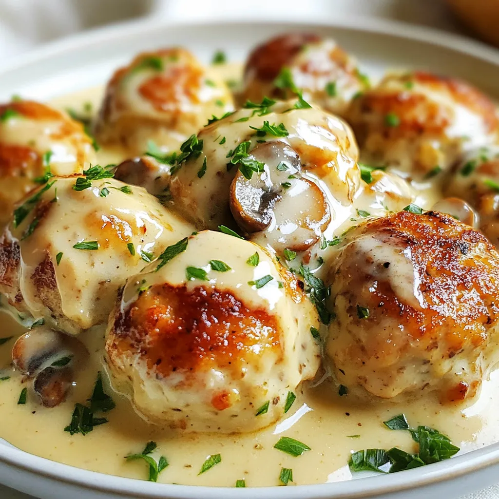 - 1 lb ground chicken - 1 cup cremini mushrooms, finely chopped - 1/2 cup plain breadcrumbs - 1/4 cup freshly grated Parmesan cheese - 1/4 cup fresh parsley, finely chopped - 1 clove garlic, minced - 1 small onion, finely chopped - 1/2 teaspoon salt - 1/4 teaspoon freshly ground black pepper - 1/4 teaspoon dried thyme - 1/4 teaspoon smoked paprika - 1 cup heavy cream - 1/2 cup chicken broth - Zest of 1 lemon Ground chicken is the star of this dish. It is lean and easy to work with. Cremini mushrooms add a rich flavor. They blend well with the chicken. Breadcrumbs help bind the meatballs. Parmesan cheese adds a nice salty bite. For seasoning, I use fresh parsley for color and taste. Garlic and onion bring out the best flavors. Salt and pepper are essential for balance. Thyme and smoked paprika add depth and warmth. The sauce is a creamy dream. Heavy cream makes it rich and smooth. Chicken broth adds flavor and keeps it light. Lemon zest gives a fresh kick. This mix of ingredients creates a delicious dinner option. {{ingredient_image_2}} 1. Sauté Aromatics: Start by heating olive oil in a non-stick skillet over medium heat. Add finely chopped onions and minced garlic. Sauté for about 3-4 minutes. You want the onions soft and clear, bringing out their savory aroma. 2. Cook Mushrooms: Next, stir in the finely chopped cremini mushrooms. Cook for another 5 minutes. The mushrooms should soften and lose most of their moisture. Once done, remove the skillet from heat and let the mixture cool for a few minutes. 3. Mix Meatball Ingredients: In a large bowl, combine ground chicken, plain breadcrumbs, grated Parmesan cheese, and finely chopped parsley. Also, add the cooled mushroom mix, salt, black pepper, dried thyme, smoked paprika, and lemon zest. Use your hands or a spatula to mix gently until everything is just combined. Be careful not to overwork the mixture, as it can make meatballs tough. 1. Preheat the Oven: Set your oven to preheat at 400°F (200°C). This step is key for even cooking. 2. Shape Meatballs: Take the chicken mixture and form it into meatballs about 1.5 inches in size. Place them evenly spaced on a baking sheet lined with parchment paper. Make sure they don’t touch, which helps them cook evenly. 3. Bake Meatballs: Bake the meatballs in the preheated oven for 20-25 minutes. They should be cooked through and golden-brown outside. The internal temperature should hit 165°F (74°C) to ensure they are safe to eat. 1. Combine Broth and Cream: While the meatballs bake, grab a medium saucepan. Over medium heat, combine chicken broth and heavy cream. Whisk them together and bring to a gentle simmer. Stir occasionally to keep it from sticking. 2. Thicken the Sauce: Season the sauce with salt and pepper to taste. Let it simmer for about 5 minutes. This will allow it to reduce and thicken slightly, enhancing the rich flavor. 3. Combine Meatballs and Sauce: Once the meatballs are done baking, carefully add them to the saucepan with the creamy sauce. Let them simmer together for an additional 3-4 minutes. This helps the meatballs absorb the creamy flavors, making them even more delicious. To keep your meatballs juicy, do not overmix the meatball mixture. Mix until just combined. The ideal baking time is 20 to 25 minutes at 400°F (200°C). Use a meat thermometer to check that the internal temperature hits 165°F (74°C). Season the sauce well with salt and pepper. This brings out the flavor of the creamy sauce. Garnish your dish with extra chopped parsley or a sprinkle of Parmesan. This adds color and flavor. Serve the meatballs over pasta, rice, or alongside a fresh salad. A colorful plate makes the dish more appealing. Avoid overmixing the meatball mixture. This can lead to tough meatballs. Always check the meatballs reach the right temperature. Undercooked meatballs can pose health risks. Pro Tips Use Fresh Ingredients: For the best flavor, use fresh cremini mushrooms and freshly grated Parmesan cheese. The freshness enhances the overall taste of the meatballs and sauce. Don't Overmix: When combining the meatball ingredients, mix just until combined. Overmixing can lead to tough meatballs, so be gentle! Check for Doneness: Use a meat thermometer to ensure the meatballs reach an internal temperature of 165°F (74°C) for safety and optimal texture. Customize Your Herbs: Feel free to experiment with different herbs like rosemary or basil for a unique flavor profile. Just remember to keep the balance so as not to overpower the dish. {{image_4}} You can switch up the ground chicken for different meats. Ground turkey or pork works great. Each meat gives a new taste. You can also add veggies to the meatball mix. Try shredded carrots or chopped spinach. This adds color and nutrition. Feel free to change the cream sauce. You can use sour cream or Greek yogurt for a tangy twist. For extra flavor, add herbs like dill or basil. A sprinkle of chili flakes can give it a nice kick. These meatballs shine with pasta, rice, or salads. Try them over fettuccine or in a warm bowl of rice. For parties, serve them on a platter with toothpicks. Pair with fresh veggies for a colorful spread. To keep your creamy mushroom chicken meatballs fresh, store them in the fridge. Place them in an airtight container. This helps maintain their flavor and moisture. Make sure to refrigerate within two hours of cooking. They can stay fresh for up to three days. You can freeze your meatballs and sauce separately. First, let them cool completely. Then, place meatballs in a freezer-safe bag. Remove as much air as possible before sealing. For the sauce, use a container that can handle freezing. Label each bag and container with the date. When you're ready to eat, thaw them overnight in the fridge. Reheat meatballs in the oven at 350°F (175°C) for about 20 minutes. For the sauce, warm it on the stovetop over low heat. Stir occasionally to prevent sticking. To keep your dish fresh, follow best practices for storage. Check your meatballs for changes in color or smell. If you notice any off odors or mold, it is best to throw them out. Properly stored, the meatballs last three days in the fridge and up to three months in the freezer. Always trust your senses to spot signs of spoilage. To make creamy mushroom chicken meatballs gluten-free, you can swap regular breadcrumbs for gluten-free options. Here are some great substitutes: - Almond flour: This adds a nutty flavor and works well. - Rice flour: It keeps the meatballs light and fluffy. - Oats: Use ground oats as a binder, which also adds fiber. - Chickpea flour: This adds protein and a unique taste. These options help keep the texture while ensuring everyone can enjoy the dish. Yes, you can use frozen ground chicken. Here’s how to do it right: - Thaw properly: Place the frozen chicken in the fridge overnight. This keeps it safe and helps it thaw evenly. - Quick thaw: If you're short on time, place the sealed chicken in cold water for about an hour. Change the water every 30 minutes until it’s thawed. - Cook immediately: Once thawed, use it right away to ensure freshness. This method keeps your meatballs delicious and safe to eat. Creamy mushroom chicken meatballs pair well with many side dishes. Here are some tasty options: - Pasta: Serve over spaghetti or fettuccine for a classic meal. - Rice: A fluffy bed of rice soaks up the creamy sauce nicely. - Mashed potatoes: They provide a comforting base for the meatballs. - Salad: A fresh green salad adds crunch and brightness to the meal. - Steamed vegetables: Broccoli or green beans add color and nutrients. These sides complement the rich flavors of the meatballs, making your meal complete. This blog post shared a tasty recipe for creamy mushroom chicken meatballs. You learned about key ingredients like ground chicken and mushrooms, along with steps for making and baking them. I provided cooking tips to keep the meatballs juicy and ideas for creative variations. Lastly, I shared how to store leftovers for your next meal. With these details, you can enjoy making this dish and impress your family or friends. Happy cooking!