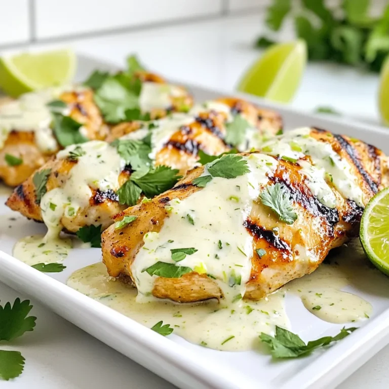 - 4 boneless, skinless chicken breasts - 1 can (13.5 oz) coconut milk - 2 tablespoons freshly squeezed lime juice - Zest of 1 lime - 2 cloves of garlic, minced - 1 tablespoon freshly grated ginger - 2 teaspoons honey - 1 teaspoon ground cumin - Salt and freshly ground black pepper to taste - 2 tablespoons fresh cilantro, chopped (for garnish) - Lime wedges (for serving) Fresh ingredients make a big difference in flavor. Using fresh lime juice brightens the dish. Fresh ginger adds a warm, zesty note. Fresh cilantro gives a burst of color and taste. When you use fresh ingredients, your dish will taste much better and look appealing. Always choose the best quality. It elevates your cooking game. You don’t need fancy tools for this recipe. Here’s what I recommend: - A medium mixing bowl for the marinade - A whisk to blend the ingredients smoothly - A large resealable plastic bag or shallow dish for marinating - A grill or skillet to cook the chicken - A small saucepan for thickening the sauce - A meat thermometer to check chicken doneness Having the right tools makes your cooking easier and more fun. Enjoy making this dish! {{ingredient_image_2}} To start, gather your ingredients. You need coconut milk, lime juice, lime zest, minced garlic, grated ginger, honey, ground cumin, salt, and pepper. In a medium bowl, mix these items together. Whisk them until they blend well. This coconut lime marinade adds a bright flavor to the chicken. Next, take your chicken breasts. Place them in a large resealable bag or a shallow dish. Pour the marinade over the chicken. Make sure each piece is well-coated. Seal the bag or cover the dish with plastic wrap. Place it in the refrigerator. Let it marinate for at least 30 minutes. For the best taste, allow the chicken to marinate for up to 2 hours. This helps the chicken soak up all that delicious flavor. Now it’s time to cook. Preheat your grill or skillet over medium heat. If you are using a grill, lightly oil the grates to stop the chicken from sticking. Remove the chicken from the marinade, letting the extra drip off. Set the leftover marinade aside for later. Cook the chicken for about 6-7 minutes on each side. The chicken is ready when it reaches an internal temperature of 165°F (75°C). While cooking, pour the remaining marinade into a saucepan. Heat it gently until it simmers. Stir it occasionally for about 5 minutes, letting it thicken. After cooking, let the chicken rest for a few minutes. This helps keep it juicy. Serve the chicken with the thickened sauce on top and garnish with fresh cilantro. Marinating chicken is key to great flavor. For Coconut Lime Chicken, the marinade needs time to work. Aim for at least 30 minutes, but two hours is best. This lets the chicken soak up all the coconut and lime goodness. Always coat the chicken well. Use a resealable bag for easy mixing. If you have time, marinate overnight for a deeper taste. To cook chicken well, focus on time and temperature. For this recipe, aim for 6-7 minutes per side on medium heat. Check the chicken's inside temperature with a meat thermometer. You want it to reach 165°F (75°C). This ensures the chicken is safe to eat and juicy. Let the chicken rest for a few minutes after cooking. This helps keep the juices in. Make your Coconut Lime Chicken look great with simple garnishes. Fresh cilantro adds a nice touch. Sprinkle it on just before serving. Lime wedges are a must for extra zing. Serve the chicken on a bright plate for visual appeal. Pair it with jasmine rice or a fresh salad for a full meal. Enjoy the burst of flavors! Pro Tips Marination Time: For the best flavor, marinate the chicken for at least 2 hours. This allows the flavors to penetrate deeply into the meat, making it more flavorful and tender. Cooking Temperature: Ensure your grill or skillet is preheated to medium heat. This helps in achieving a nice sear on the chicken, locking in juices and enhancing the overall taste. Thickening Sauce: When simmering the reserved marinade, stir frequently to prevent sticking and to achieve a smooth, thick consistency that clings beautifully to the chicken. Serving Suggestions: Pair this dish with jasmine rice or a light salad. The freshness of the accompaniments balances the richness of the coconut lime sauce. {{image_4}} You can add veggies to your coconut lime chicken. Try bell peppers, broccoli, or snap peas. Chop them into bite-sized pieces. Toss them in the marinade with the chicken. This adds color and crunch. Cook the chicken and veggies together in your skillet or on the grill. The veggies soak up the tasty coconut lime sauce. You create a one-pan meal that is healthy and fun. If you love heat, add some spice! Mix in chopped jalapeños or a splash of sriracha in the marinade. This gives your chicken a spicy kick. Be careful; start with a little and taste as you go. You can also sprinkle crushed red pepper on top after cooking. This spicy twist makes the dish exciting and vibrant. This recipe is already gluten-free and dairy-free, which is great! You can enjoy it without worrying. If you need to avoid any specific brands, check your coconut milk. Look for one without additives. If you want to add a creamier texture, use coconut cream instead of milk. This keeps the dish rich while sticking to dietary needs. Enjoy these variations and make the recipe your own! Store leftover Coconut Lime Chicken in an airtight container. This keeps the chicken fresh. Place it in the fridge right after it cools down. It is best to eat it within three days. If you do not eat it all, make sure to check for any signs of spoilage. You can freeze Coconut Lime Chicken for longer storage. Wrap each piece tightly in plastic wrap. Then, place the wrapped chicken in a freezer bag. Write the date on the bag. It can last up to three months in the freezer. To use it, just thaw it in the fridge overnight before reheating. When you’re ready to eat your leftovers, reheat them gently. You can use a skillet over low heat. This helps keep the chicken moist. Stir in some extra marinade while it heats. If you prefer, you can also use a microwave. Just cover the chicken and heat it in short bursts. Check often to avoid overcooking. Yes, you can use chicken thighs. They have more fat, which makes them juicy. Thighs also soak up the marinade well. This can add richer flavor to your dish. Just ensure they cook to 165°F (75°C) like breasts. Coconut Lime Chicken pairs well with many sides. Here are some great options: - Jasmine rice for a fragrant touch - A fresh salad for crunch - Grilled vegetables for a colorful plate - Quinoa for a healthy twist These sides balance the rich, creamy chicken and enhance the meal. You can marinate chicken for at least 30 minutes. However, for the best taste, marinate it for up to 2 hours. This lets the flavors sink in deeper. Just avoid marinating too long, as the acid from lime can change the texture. Yes, you can prepare it ahead. Marinate the chicken and store it in the fridge. Cook it just before serving. This saves time and lets you enjoy the flavors fresh. Yes, you can use pork or shrimp. Both will absorb the marinade well. Adjust cooking times to ensure they are fully cooked. If you lack coconut milk, use plain yogurt or sour cream. These will add creaminess but change the flavor slightly. You may want to add a bit of coconut extract to mimic the taste. Store leftovers in an airtight container. They will last for 3-4 days in the fridge. To reheat, use the microwave or stovetop. Ensure they heat to at least 165°F (75°C) for safety. Yes, you can freeze it. Place it in a freezer-safe bag. It can last for about 2-3 months. Thaw it in the fridge before reheating for the best results. Coconut Lime Chicken is tasty and easy to make. You learned about fresh ingredients, tools, and step-by-step methods. I showed you how to marinate and cook the chicken well. We explored fun variations and how to store leftovers. Remember, fresh food makes a big difference. Try these tips and share them with friends. Enjoy your meal, and trust that you can cook this dish perfectly!