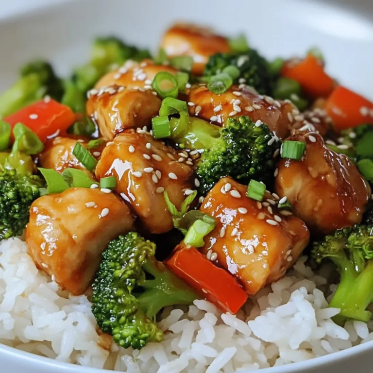 - 2 chicken breasts, cut into bite-sized pieces - 2 cups fresh broccoli florets - 1 red bell pepper, thinly sliced - 1 tablespoon minced garlic - 1 teaspoon grated ginger - 3 tablespoons low-sodium soy sauce - 1 tablespoon sesame oil - 1 teaspoon cornstarch mixed with 2 tablespoons water - 1 tablespoon honey - Salt and freshly ground pepper, to taste - Cooked rice or quinoa, for serving - Sesame seeds and sliced green onions, for garnish In this dish, the chicken and broccoli shine. The chicken gives protein, and the broccoli adds crunch. I love using fresh broccoli florets. They stay crisp and bright. The red bell pepper adds color and sweetness. For flavor, I use garlic and ginger. They create a warm, inviting taste. Soy sauce and honey blend well, delivering a savory-sweet profile. The cornstarch thickens the sauce, making it rich and glossy. When serving, I recommend rice or quinoa. They soak up the sauce nicely. Adding sesame seeds and green onions on top makes the dish pop. This presentation is sure to impress! {{ingredient_image_2}} First, grab a large skillet and place it on the stove. Turn the heat to medium-high. Add 1 tablespoon of sesame oil to the skillet and let it heat for about one minute. This oil gives the dish a nice flavor. Next, add 2 chicken breasts, cut into bite-sized pieces. Sprinkle salt and pepper over the chicken. Cook the chicken for 5-7 minutes. Stir it often. You want the chicken to turn golden brown and be fully cooked. When it looks good, add 1 tablespoon of minced garlic and 1 teaspoon of grated ginger. Mix them in and cook for another 30 seconds. This will fill your kitchen with a wonderful aroma. Now it's time to add some color. Toss in 2 cups of fresh broccoli florets and 1 thinly sliced red bell pepper. Stir-fry them with the chicken for 3-4 minutes. You want the veggies to stay tender but still crisp. In a small bowl, mix 3 tablespoons of low-sodium soy sauce with 1 tablespoon of honey. Pour this sauce over the chicken and veggies. Stir well to coat everything. Then, add 1 teaspoon of cornstarch mixed with 2 tablespoons of water. This will thicken the sauce. Cook for another 2-3 minutes until the sauce looks glossy. Adjust the seasoning if needed, adding more salt or pepper. Finally, remove from heat, and garnish with sesame seeds and sliced green onions. Enjoy your meal! To get the best chicken, start with fresh breasts. Cut them into bite-sized pieces. Make sure they are even in size. This helps them cook at the same rate. Season them well with salt and pepper before cooking. Sauté the chicken in hot sesame oil. Cook until golden brown and done. This usually takes about 5-7 minutes. If you want even more flavor, marinate the chicken in soy sauce for 15 minutes before cooking. To keep your broccoli and peppers crisp, don't overcook them. Add them to the skillet after the chicken is nearly done. Stir-fry for just 3-4 minutes. This method keeps the bright color and crunch. Make sure your heat is high enough. If the skillet is too cool, the veggies will steam instead of fry. For extra crunch, try adding snap peas or water chestnuts. You can easily change the flavors in this dish. Want it spicy? Add red pepper flakes to the sauce. For a sweeter twist, use more honey. You can also swap the soy sauce for teriyaki sauce. Fresh herbs like cilantro or basil can add a new taste. Don't be afraid to mix and match! The goal is to make the dish your own. Experiment with what you love to eat. Pro Tips Marinate the Chicken: For enhanced flavor, marinate the chicken in soy sauce, honey, and ginger for at least 30 minutes before cooking. Use Fresh Ingredients: Fresh garlic and ginger provide a more vibrant flavor compared to pre-minced varieties, making the dish more aromatic. Customize the Veggies: Feel free to add other vegetables such as snap peas or carrots to the stir-fry for added color and nutrition. Serve Immediately: This dish is best enjoyed fresh. Serve it right after cooking to maintain the crispness of the vegetables. {{image_4}} You can swap chicken for other proteins. Shrimp works well and cooks fast. Tofu is a great choice for a plant-based option. Use firm tofu, cut into cubes. Beef strips also add flavor and texture. Adjust cooking times to ensure everything is cooked through. Feel free to mix up the veggies. Carrots add sweetness and color. Snap peas bring a nice crunch. You can also use bell peppers in different colors. Cauliflower florets are another tasty choice. Just remember to cook them until tender but still crisp. For gluten-free options, use tamari instead of soy sauce. You can serve this dish over cauliflower rice or skip grains altogether. This keeps it low-carb and still tasty. Zucchini noodles are a fun twist, adding a fresh touch. Adjust the sauce to fit your dietary needs. After you enjoy your Chicken Broccoli Skillet, store any leftovers in an airtight container. This keeps the meal fresh for up to three days. Always let the dish cool before sealing it. This helps prevent moisture buildup, keeping your chicken and veggies tasty. To reheat, place the leftover skillet on the stove over low heat. Add a splash of water or broth to keep it moist. Stir frequently until heated through, about five to seven minutes. You can also use the microwave. Cover the container and heat for one to two minutes. Stir halfway for even warmth. If you want to freeze your Chicken Broccoli Skillet, let it cool completely. Transfer it to a freezer-safe container or bag. It can last for up to three months in the freezer. When ready to eat, thaw it overnight in the fridge. Reheat on the stove or in the microwave until hot. Yes, you can make Chicken Broccoli Skillet ahead of time. Cook the chicken and veggies as directed. Let them cool, then store in an airtight container. Keep it in the fridge for up to three days. Reheat it on the stove or microwave before serving. This saves time on busy nights! You can serve Chicken Broccoli Skillet with cooked rice or quinoa. Both pair well with the chicken and sauce. You can also add a side salad for freshness. Consider a crispy cucumber or a light green salad. For extra flavor, serve with some sesame seeds and green onions on top. To make this recipe healthier, consider these tips: - Use skinless chicken breasts for less fat. - Opt for low-sodium soy sauce to cut down on salt. - Add more vegetables like carrots or snap peas. - Replace honey with a sugar-free sweetener if needed. These swaps keep the taste while boosting nutrition! In this blog post, we explored the key ingredients for Chicken Broccoli Skillet and detailed step-by-step cooking instructions. You learned tips to perfect your chicken and keep veggies crisp. We also discussed variations to suit your taste, storage tips, and answered key questions. Now you can enjoy a delicious, easy meal any night. Experiment with flavors and enjoy the cooking process!