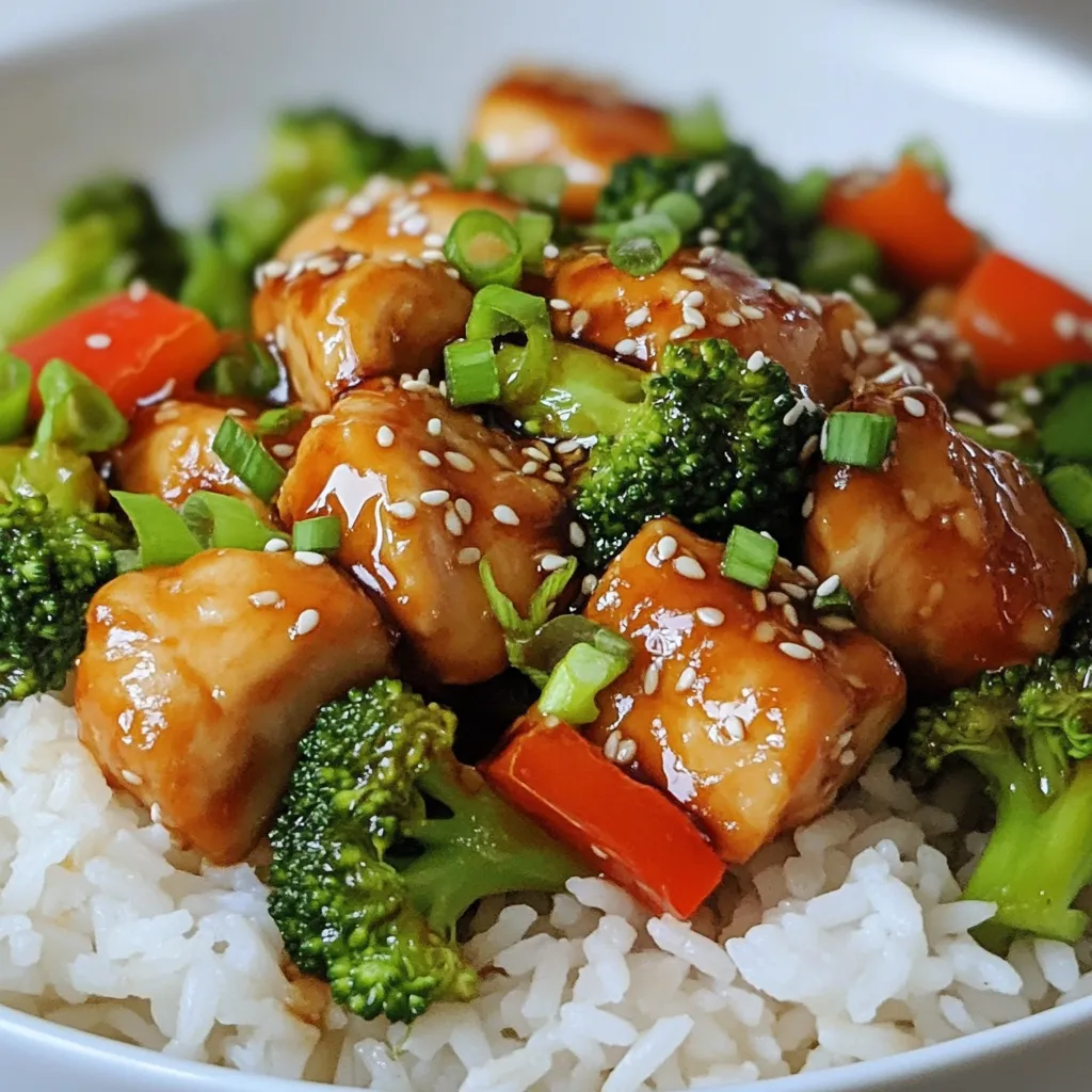 - 2 chicken breasts, cut into bite-sized pieces - 2 cups fresh broccoli florets - 1 red bell pepper, thinly sliced - 1 tablespoon minced garlic - 1 teaspoon grated ginger - 3 tablespoons low-sodium soy sauce - 1 tablespoon sesame oil - 1 teaspoon cornstarch mixed with 2 tablespoons water - 1 tablespoon honey - Salt and freshly ground pepper, to taste - Cooked rice or quinoa, for serving - Sesame seeds and sliced green onions, for garnish In this dish, the chicken and broccoli shine. The chicken gives protein, and the broccoli adds crunch. I love using fresh broccoli florets. They stay crisp and bright. The red bell pepper adds color and sweetness. For flavor, I use garlic and ginger. They create a warm, inviting taste. Soy sauce and honey blend well, delivering a savory-sweet profile. The cornstarch thickens the sauce, making it rich and glossy. When serving, I recommend rice or quinoa. They soak up the sauce nicely. Adding sesame seeds and green onions on top makes the dish pop. This presentation is sure to impress! {{ingredient_image_2}} First, grab a large skillet and place it on the stove. Turn the heat to medium-high. Add 1 tablespoon of sesame oil to the skillet and let it heat for about one minute. This oil gives the dish a nice flavor. Next, add 2 chicken breasts, cut into bite-sized pieces. Sprinkle salt and pepper over the chicken. Cook the chicken for 5-7 minutes. Stir it often. You want the chicken to turn golden brown and be fully cooked. When it looks good, add 1 tablespoon of minced garlic and 1 teaspoon of grated ginger. Mix them in and cook for another 30 seconds. This will fill your kitchen with a wonderful aroma. Now it's time to add some color. Toss in 2 cups of fresh broccoli florets and 1 thinly sliced red bell pepper. Stir-fry them with the chicken for 3-4 minutes. You want the veggies to stay tender but still crisp. In a small bowl, mix 3 tablespoons of low-sodium soy sauce with 1 tablespoon of honey. Pour this sauce over the chicken and veggies. Stir well to coat everything. Then, add 1 teaspoon of cornstarch mixed with 2 tablespoons of water. This will thicken the sauce. Cook for another 2-3 minutes until the sauce looks glossy. Adjust the seasoning if needed, adding more salt or pepper. Finally, remove from heat, and garnish with sesame seeds and sliced green onions. Enjoy your meal! To get the best chicken, start with fresh breasts. Cut them into bite-sized pieces. Make sure they are even in size. This helps them cook at the same rate. Season them well with salt and pepper before cooking. Sauté the chicken in hot sesame oil. Cook until golden brown and done. This usually takes about 5-7 minutes. If you want even more flavor, marinate the chicken in soy sauce for 15 minutes before cooking. To keep your broccoli and peppers crisp, don't overcook them. Add them to the skillet after the chicken is nearly done. Stir-fry for just 3-4 minutes. This method keeps the bright color and crunch. Make sure your heat is high enough. If the skillet is too cool, the veggies will steam instead of fry. For extra crunch, try adding snap peas or water chestnuts. You can easily change the flavors in this dish. Want it spicy? Add red pepper flakes to the sauce. For a sweeter twist, use more honey. You can also swap the soy sauce for teriyaki sauce. Fresh herbs like cilantro or basil can add a new taste. Don't be afraid to mix and match! The goal is to make the dish your own. Experiment with what you love to eat. Pro Tips Marinate the Chicken: For enhanced flavor, marinate the chicken in soy sauce, honey, and ginger for at least 30 minutes before cooking. Use Fresh Ingredients: Fresh garlic and ginger provide a more vibrant flavor compared to pre-minced varieties, making the dish more aromatic. Customize the Veggies: Feel free to add other vegetables such as snap peas or carrots to the stir-fry for added color and nutrition. Serve Immediately: This dish is best enjoyed fresh. Serve it right after cooking to maintain the crispness of the vegetables. {{image_4}} You can swap chicken for other proteins. Shrimp works well and cooks fast. Tofu is a great choice for a plant-based option. Use firm tofu, cut into cubes. Beef strips also add flavor and texture. Adjust cooking times to ensure everything is cooked through. Feel free to mix up the veggies. Carrots add sweetness and color. Snap peas bring a nice crunch. You can also use bell peppers in different colors. Cauliflower florets are another tasty choice. Just remember to cook them until tender but still crisp. For gluten-free options, use tamari instead of soy sauce. You can serve this dish over cauliflower rice or skip grains altogether. This keeps it low-carb and still tasty. Zucchini noodles are a fun twist, adding a fresh touch. Adjust the sauce to fit your dietary needs. After you enjoy your Chicken Broccoli Skillet, store any leftovers in an airtight container. This keeps the meal fresh for up to three days. Always let the dish cool before sealing it. This helps prevent moisture buildup, keeping your chicken and veggies tasty. To reheat, place the leftover skillet on the stove over low heat. Add a splash of water or broth to keep it moist. Stir frequently until heated through, about five to seven minutes. You can also use the microwave. Cover the container and heat for one to two minutes. Stir halfway for even warmth. If you want to freeze your Chicken Broccoli Skillet, let it cool completely. Transfer it to a freezer-safe container or bag. It can last for up to three months in the freezer. When ready to eat, thaw it overnight in the fridge. Reheat on the stove or in the microwave until hot. Yes, you can make Chicken Broccoli Skillet ahead of time. Cook the chicken and veggies as directed. Let them cool, then store in an airtight container. Keep it in the fridge for up to three days. Reheat it on the stove or microwave before serving. This saves time on busy nights! You can serve Chicken Broccoli Skillet with cooked rice or quinoa. Both pair well with the chicken and sauce. You can also add a side salad for freshness. Consider a crispy cucumber or a light green salad. For extra flavor, serve with some sesame seeds and green onions on top. To make this recipe healthier, consider these tips: - Use skinless chicken breasts for less fat. - Opt for low-sodium soy sauce to cut down on salt. - Add more vegetables like carrots or snap peas. - Replace honey with a sugar-free sweetener if needed. These swaps keep the taste while boosting nutrition! In this blog post, we explored the key ingredients for Chicken Broccoli Skillet and detailed step-by-step cooking instructions. You learned tips to perfect your chicken and keep veggies crisp. We also discussed variations to suit your taste, storage tips, and answered key questions. Now you can enjoy a delicious, easy meal any night. Experiment with flavors and enjoy the cooking process!