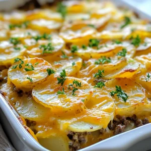 To make Cheesy Ground Beef Potato Casserole, gather these items: - 1 lb ground beef - 4 large potatoes, thinly sliced - 1 cup sharp cheddar cheese, shredded - 1 cup mozzarella cheese, shredded - 1 medium onion, finely chopped - 3 cloves garlic, minced - 1 cup beef broth - 1 cup heavy cream - 1 teaspoon dried thyme - 1 teaspoon paprika - Salt and pepper to taste - 2 tablespoons olive oil - Fresh parsley, finely chopped, for garnish (optional) You can swap some ingredients for different flavors or dietary needs. Here are a few ideas: - Ground beef: Use ground turkey or chicken for a leaner option. - Heavy cream: Substitute with half-and-half or coconut milk for a lighter version. - Cheese: Try gouda or pepper jack for a different cheese flavor. - Potatoes: Sweet potatoes add a nice twist and extra nutrients. - Broth: Vegetable broth works well for a vegetarian option. This casserole is not only tasty but also filling. Here’s a rough estimate of the nutrition per serving (based on 6 servings): - Calories: 480 - Protein: 24g - Carbohydrates: 35g - Fat: 30g - Fiber: 3g - Sodium: 600mg This dish provides a good balance of protein and carbs, making it a hearty meal. Adjust the amounts as needed for your dietary goals. {{ingredient_image_2}} 1. First, preheat your oven to 375°F (190°C). This step is crucial for a well-cooked casserole. 2. Next, grab a large skillet and add 2 tablespoons of olive oil. Heat it over medium heat. 3. Chop 1 medium onion and mince 3 cloves of garlic. Add these to the skillet. Cook for about 3-4 minutes until you smell the aroma and they become tender. 4. Now, take 1 pound of ground beef and add it to the skillet. Break it into small pieces using a wooden spoon. Cook it for about 5-7 minutes until it is brown and no longer pink. 5. Season the beef mix with salt, pepper, 1 teaspoon of dried thyme, and 1 teaspoon of paprika to bring out the flavor. 6. In a separate bowl, mix 1 cup of beef broth and 1 cup of heavy cream. Whisk them together until they are well combined. 1. Lightly grease a 9x13 inch baking dish. This will prevent sticking. 2. Start layering by adding half of the thinly sliced potatoes at the bottom of the dish. Sprinkle some salt and pepper on them for extra taste. 3. Spread the browned ground beef mixture evenly over the potatoes. This creates a tasty middle layer. 4. Pour half of the beef broth and cream mix over the beef. Make sure it coats the beef well. 5. Layer the remaining potato slices on top of the beef. This builds up the layers. 6. Pour the rest of the beef broth and cream mix over the top layer of potatoes. 1. Generously sprinkle 1 cup of shredded cheddar cheese and 1 cup of shredded mozzarella cheese over everything. This will give you that gooey, cheesy top. 2. Cover the dish tightly with aluminum foil. This helps the casserole cook evenly. 3. Bake in the preheated oven for 30 minutes. After that, take off the foil and bake for another 15-20 minutes. Look for the cheese to be bubbling and golden brown. 4. Once done, take the casserole out and let it rest for about 10 minutes. This allows the layers to set nicely before you serve. To make a great casserole, prep your ingredients first. Slice the potatoes thinly. This helps them cook evenly. Use fresh ground beef for the best flavor. Don’t rush the browning process. It adds a rich taste to the dish. Keep an eye on the cooking time. Overcooking can make the potatoes mushy. For a perfect cheesy topping, mix the cheddar and mozzarella. They melt differently, creating a great texture. Shred your cheese instead of using blocks. It melts better and mixes well. To help the cheese melt evenly, cover the dish with foil for the first half of baking. Remove the foil for the last part to get that nice golden crust. Add a pinch of cayenne pepper for a kick. Fresh herbs like thyme or parsley can brighten the dish. If you like a smoky taste, try smoked paprika. You can also add diced bell peppers or mushrooms for extra veggies. Experiment with spices to find your favorite flavor mix. Pro Tips Use a Mandoline: A mandoline slicer can help you achieve perfectly even potato slices, ensuring they cook uniformly. Layer Wisely: To prevent the top layer from overcooking, place a layer of potatoes first, then the beef, followed by more potatoes. This helps retain moisture. Cheese Mix: Combining different cheeses enhances flavor and texture. Try adding some Gruyère or pepper jack for a unique twist! Resting Time: Letting the casserole rest after baking allows the layers to set, making it easier to serve without falling apart. {{image_4}} You can make a tasty vegetarian version of this casserole. Instead of ground beef, use a mix of veggies. Try mushrooms, bell peppers, or zucchini. You can also add black beans or lentils for protein. Use vegetable broth and plant-based cheese to keep it creamy and rich. This way, you keep the comfort while making it meat-free. If you want to switch up the meat, ground turkey or chicken works great. These meats are leaner but still pack in flavor. You can also use sausage for a spicy kick. Just cook the meat well before adding it to the layers. Each meat choice gives a unique twist to the dish. Enhance your casserole by adding more spices or herbs. For a kick, try chili powder or crushed red pepper. Italian seasoning can give a nice twist, too. Fresh herbs like basil or oregano can brighten the flavors. Don't be afraid to experiment! Each addition can change the flavor profile and make it your own. To store leftovers, let the casserole cool first. Place it in an airtight container. You can keep it in the fridge for up to three days. If you want to keep it longer, freezing is a great option. Just make sure to cover it well to avoid freezer burn. To reheat, you can use an oven or a microwave. If using an oven, preheat it to 350°F (175°C). Place the casserole in a baking dish and cover it with foil. Bake for about 20-25 minutes until it's hot. If using a microwave, heat in 1-minute intervals until warm. Stir in between to heat evenly. To freeze the casserole, let it cool completely. Cut it into serving sizes for easy use. Wrap each piece tightly in plastic wrap and then foil. This helps keep it fresh. You can freeze it for up to three months. When you’re ready to eat, thaw it in the fridge overnight before reheating. Enjoy your cheesy ground beef potato casserole even later! Yes, you can use different types of potatoes. Russet potatoes work well for a fluffy texture. Yukon Gold potatoes offer a creamier bite. You can even try red potatoes for a firm touch. Each type gives a unique flavor and texture. Just slice them thinly, so they cook evenly. You can store the casserole in the fridge for about three to four days. Be sure to keep it in an airtight container. For longer storage, you can freeze it. It stays good in the freezer for about two to three months. Just remember to cool it completely before freezing. Serve the casserole warm for the best taste. Garnish it with freshly chopped parsley for color. Pair it with a crisp salad to balance the meal. You can also add some crusty bread on the side for extra comfort. Enjoy it straight from the dish for a cozy feel! This blog post covered all you need for making a delicious casserole. We explored essential ingredients, substitutions, and nutrition facts. I shared step-by-step instructions for preparation, cooking, and baking. Tips for perfecting your dish were also included, along with fun variations and storage ideas. Remember, cooking is a chance to be creative. Don't hesitate to try new flavors and methods. Enjoy making and sharing your casserole!