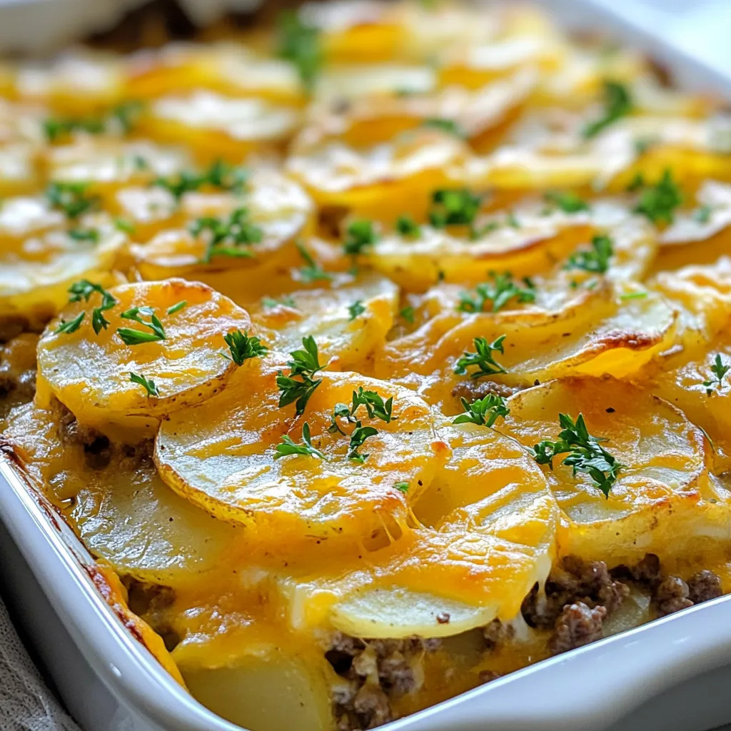 To make Cheesy Ground Beef Potato Casserole, gather these items: - 1 lb ground beef - 4 large potatoes, thinly sliced - 1 cup sharp cheddar cheese, shredded - 1 cup mozzarella cheese, shredded - 1 medium onion, finely chopped - 3 cloves garlic, minced - 1 cup beef broth - 1 cup heavy cream - 1 teaspoon dried thyme - 1 teaspoon paprika - Salt and pepper to taste - 2 tablespoons olive oil - Fresh parsley, finely chopped, for garnish (optional) You can swap some ingredients for different flavors or dietary needs. Here are a few ideas: - Ground beef: Use ground turkey or chicken for a leaner option. - Heavy cream: Substitute with half-and-half or coconut milk for a lighter version. - Cheese: Try gouda or pepper jack for a different cheese flavor. - Potatoes: Sweet potatoes add a nice twist and extra nutrients. - Broth: Vegetable broth works well for a vegetarian option. This casserole is not only tasty but also filling. Here’s a rough estimate of the nutrition per serving (based on 6 servings): - Calories: 480 - Protein: 24g - Carbohydrates: 35g - Fat: 30g - Fiber: 3g - Sodium: 600mg This dish provides a good balance of protein and carbs, making it a hearty meal. Adjust the amounts as needed for your dietary goals. {{ingredient_image_2}} 1. First, preheat your oven to 375°F (190°C). This step is crucial for a well-cooked casserole. 2. Next, grab a large skillet and add 2 tablespoons of olive oil. Heat it over medium heat. 3. Chop 1 medium onion and mince 3 cloves of garlic. Add these to the skillet. Cook for about 3-4 minutes until you smell the aroma and they become tender. 4. Now, take 1 pound of ground beef and add it to the skillet. Break it into small pieces using a wooden spoon. Cook it for about 5-7 minutes until it is brown and no longer pink. 5. Season the beef mix with salt, pepper, 1 teaspoon of dried thyme, and 1 teaspoon of paprika to bring out the flavor. 6. In a separate bowl, mix 1 cup of beef broth and 1 cup of heavy cream. Whisk them together until they are well combined. 1. Lightly grease a 9x13 inch baking dish. This will prevent sticking. 2. Start layering by adding half of the thinly sliced potatoes at the bottom of the dish. Sprinkle some salt and pepper on them for extra taste. 3. Spread the browned ground beef mixture evenly over the potatoes. This creates a tasty middle layer. 4. Pour half of the beef broth and cream mix over the beef. Make sure it coats the beef well. 5. Layer the remaining potato slices on top of the beef. This builds up the layers. 6. Pour the rest of the beef broth and cream mix over the top layer of potatoes. 1. Generously sprinkle 1 cup of shredded cheddar cheese and 1 cup of shredded mozzarella cheese over everything. This will give you that gooey, cheesy top. 2. Cover the dish tightly with aluminum foil. This helps the casserole cook evenly. 3. Bake in the preheated oven for 30 minutes. After that, take off the foil and bake for another 15-20 minutes. Look for the cheese to be bubbling and golden brown. 4. Once done, take the casserole out and let it rest for about 10 minutes. This allows the layers to set nicely before you serve. To make a great casserole, prep your ingredients first. Slice the potatoes thinly. This helps them cook evenly. Use fresh ground beef for the best flavor. Don’t rush the browning process. It adds a rich taste to the dish. Keep an eye on the cooking time. Overcooking can make the potatoes mushy. For a perfect cheesy topping, mix the cheddar and mozzarella. They melt differently, creating a great texture. Shred your cheese instead of using blocks. It melts better and mixes well. To help the cheese melt evenly, cover the dish with foil for the first half of baking. Remove the foil for the last part to get that nice golden crust. Add a pinch of cayenne pepper for a kick. Fresh herbs like thyme or parsley can brighten the dish. If you like a smoky taste, try smoked paprika. You can also add diced bell peppers or mushrooms for extra veggies. Experiment with spices to find your favorite flavor mix. Pro Tips Use a Mandoline: A mandoline slicer can help you achieve perfectly even potato slices, ensuring they cook uniformly. Layer Wisely: To prevent the top layer from overcooking, place a layer of potatoes first, then the beef, followed by more potatoes. This helps retain moisture. Cheese Mix: Combining different cheeses enhances flavor and texture. Try adding some Gruyère or pepper jack for a unique twist! Resting Time: Letting the casserole rest after baking allows the layers to set, making it easier to serve without falling apart. {{image_4}} You can make a tasty vegetarian version of this casserole. Instead of ground beef, use a mix of veggies. Try mushrooms, bell peppers, or zucchini. You can also add black beans or lentils for protein. Use vegetable broth and plant-based cheese to keep it creamy and rich. This way, you keep the comfort while making it meat-free. If you want to switch up the meat, ground turkey or chicken works great. These meats are leaner but still pack in flavor. You can also use sausage for a spicy kick. Just cook the meat well before adding it to the layers. Each meat choice gives a unique twist to the dish. Enhance your casserole by adding more spices or herbs. For a kick, try chili powder or crushed red pepper. Italian seasoning can give a nice twist, too. Fresh herbs like basil or oregano can brighten the flavors. Don't be afraid to experiment! Each addition can change the flavor profile and make it your own. To store leftovers, let the casserole cool first. Place it in an airtight container. You can keep it in the fridge for up to three days. If you want to keep it longer, freezing is a great option. Just make sure to cover it well to avoid freezer burn. To reheat, you can use an oven or a microwave. If using an oven, preheat it to 350°F (175°C). Place the casserole in a baking dish and cover it with foil. Bake for about 20-25 minutes until it's hot. If using a microwave, heat in 1-minute intervals until warm. Stir in between to heat evenly. To freeze the casserole, let it cool completely. Cut it into serving sizes for easy use. Wrap each piece tightly in plastic wrap and then foil. This helps keep it fresh. You can freeze it for up to three months. When you’re ready to eat, thaw it in the fridge overnight before reheating. Enjoy your cheesy ground beef potato casserole even later! Yes, you can use different types of potatoes. Russet potatoes work well for a fluffy texture. Yukon Gold potatoes offer a creamier bite. You can even try red potatoes for a firm touch. Each type gives a unique flavor and texture. Just slice them thinly, so they cook evenly. You can store the casserole in the fridge for about three to four days. Be sure to keep it in an airtight container. For longer storage, you can freeze it. It stays good in the freezer for about two to three months. Just remember to cool it completely before freezing. Serve the casserole warm for the best taste. Garnish it with freshly chopped parsley for color. Pair it with a crisp salad to balance the meal. You can also add some crusty bread on the side for extra comfort. Enjoy it straight from the dish for a cozy feel! This blog post covered all you need for making a delicious casserole. We explored essential ingredients, substitutions, and nutrition facts. I shared step-by-step instructions for preparation, cooking, and baking. Tips for perfecting your dish were also included, along with fun variations and storage ideas. Remember, cooking is a chance to be creative. Don't hesitate to try new flavors and methods. Enjoy making and sharing your casserole!