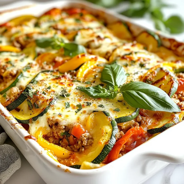 To make your zucchini pizza casserole, gather these ingredients: - 4 medium zucchinis, thinly sliced - 1 lb ground turkey or ground chicken - 1/2 cup onion, finely diced - 2 cloves garlic, minced - 1 bell pepper, diced (any color) - 1 can (15 oz) crushed tomatoes - 1 tablespoon tomato paste - 1 tablespoon Italian seasoning - 1 teaspoon dried oregano - 1 cup shredded mozzarella cheese - 1/2 cup grated Parmesan cheese - Salt and pepper to taste - Fresh basil leaves for garnish (optional) You can swap some ingredients to fit your taste: - Use ground beef or sausage instead of turkey or chicken. - Try different cheeses like cheddar or provolone for a unique flavor. - Add mushrooms, spinach, or olives for extra veggies. - Use fresh herbs like thyme or rosemary to change the taste. This dish is not only tasty but also packs a nutritional punch: - Calories: About 300 per serving - Protein: 24g from turkey and cheese - Carbohydrates: 10g from zucchini and tomatoes - Fat: 18g, mainly from cheese - Fiber: 2g from zucchini and bell peppers This casserole is a healthy choice for a filling meal. Enjoy its rich flavors while knowing you're nourishing your body! {{ingredient_image_2}} First, gather all your ingredients. You need four zucchinis, ground turkey or chicken, onion, garlic, and a bell pepper. Also, grab crushed tomatoes, tomato paste, Italian seasoning, dried oregano, mozzarella cheese, Parmesan cheese, salt, and pepper. Start by slicing the zucchinis thinly. This helps them cook evenly. Next, finely dice the onion and bell pepper. Mince the garlic. It’s key to get these sizes right for great taste and texture. Set everything aside before you start cooking. Now, heat a large skillet over medium heat. Add the ground turkey or chicken. Cook for about 5-7 minutes. Use a wooden spoon to break the meat into small pieces. Keep cooking until it turns brown and is no longer pink. Once the meat is cooked, add the onion and garlic. Sauté for 3-4 minutes until the onion is soft and fragrant. Then, mix in the bell pepper, crushed tomatoes, tomato paste, Italian seasoning, and dried oregano. Season with salt and pepper. Let this simmer for about 10 minutes. Stir it now and then until the sauce thickens. Preheat your oven to 375°F (190°C). While the sauce simmers, prepare the zucchini slices. Lay them on a clean kitchen towel. Lightly sprinkle salt over them. Let them sit for 10 minutes to draw out moisture. Pat them dry with the towel after that. Next, grease a 9x13 inch casserole dish with cooking spray or oil. Start layering. Place half of the zucchini on the bottom. Then pour half of the meat sauce over the zucchini. Follow with half of the mozzarella and Parmesan cheese. Repeat the layers with the rest of the zucchini, meat sauce, and cheeses. Cover the dish tightly with aluminum foil. Bake it in the preheated oven for 30 minutes. After that, take off the foil. Bake for another 15 minutes. Look for bubbly cheese that is golden brown. When it's done, let it rest for 5-10 minutes. If you want, add fresh basil leaves before serving. This adds flavor and a nice touch to the dish. To keep your zucchini from getting soggy, use this simple trick. Slice the zucchini thinly, about 1/4 inch thick. Then, sprinkle salt on the slices and let them sit for about 10 minutes. The salt draws out extra moisture. Afterward, pat the slices dry with a clean towel. This step is key for a firm and tasty casserole. When browning the meat, use a wide skillet. Heat it over medium heat before adding ground turkey or chicken. This helps the meat cook evenly. Break the meat into small pieces with a wooden spoon. Stir it often to ensure all sides get nice and brown. This adds flavor to your dish. When serving your casserole, add fresh basil on top for a pop of color and taste. This small step makes your dish look great. Pair it with a crisp salad to balance the flavors. You can also serve it with crusty bread for a filling meal. Enjoy the different textures and tastes in every bite! Pro Tips Use Fresh Herbs: Fresh basil and oregano can elevate the flavor of your casserole significantly. Add them right before serving for the best taste. Layering Technique: Ensure each layer is evenly distributed to allow for even cooking and flavor distribution throughout the casserole. Moisture Management: Salting the zucchini draws out excess moisture, preventing a soggy casserole. Be sure to pat them dry afterward! Cheese Variations: Experiment with different types of cheese such as cheddar or feta to give your casserole a unique twist. {{image_4}} You can easily make this dish vegetarian. Replace the ground turkey or chicken with one can of drained black beans or chickpeas. You can also add more vegetables like mushrooms, spinach, or eggplant. This adds great flavor and texture. Use the same steps to prepare the sauce. You can keep the rest of the recipe the same. To make this casserole gluten-free, ensure you use gluten-free sauces and spices. Most canned crushed tomatoes and tomato paste are gluten-free, but check the labels. You can also swap out any pre-made sauces that might contain gluten. This way, you can enjoy this dish without worry. You can boost the flavor of your casserole in many ways. Add crushed red pepper for heat or a dash of smoked paprika for a deep taste. Fresh herbs like oregano, thyme, or rosemary also work well. For toppings, consider adding sliced olives or pepperoni before baking. These additions make the dish extra tasty and fun! To keep your zucchini pizza casserole fresh, let it cool down first. Then, place the casserole in an airtight container. You can also cover it tightly with plastic wrap. Store it in the fridge for up to 3 days. If you want to save it longer, freezing is a great option. When you’re ready to enjoy the leftovers, preheat your oven to 350°F (175°C). Place the casserole in an oven-safe dish. Cover it with foil to keep it moist. Heat for about 20-25 minutes or until it’s hot throughout. You can also microwave individual portions for 2-3 minutes. Just remember to check if it’s heated evenly. For long-term storage, you can freeze the zucchini pizza casserole. Cut it into portions and wrap each piece tightly in plastic wrap. Then, place them in a freezer bag. Remove as much air as possible before sealing. This way, it can last for up to 3 months. When you’re ready to eat, thaw it in the fridge overnight before reheating. Zucchini pizza casserole lasts about 3 to 5 days in the fridge. Be sure to store it in an airtight container. This keeps the flavors fresh and prevents it from drying out. When you reheat it, the taste will still be great. Yes, you can make zucchini pizza casserole ahead of time. Prepare it up to the baking step and cover it tightly. Store it in the fridge for up to 24 hours. When you are ready, just bake it. This makes meal prep easy and saves time on busy days. You can serve zucchini pizza casserole with a crisp salad or garlic bread. A fresh garden salad adds crunch and brightness. Garlic bread complements the rich flavors of the casserole. You can also add a side of steamed veggies for extra nutrition. This blog shared all you need for a tasty zucchini pizza casserole. We covered ingredients, cooking steps, and tips for perfect results. You learned about variations, storage methods, and answers to common questions. Using these ideas will help you make a great dish. Remember to customize it to your taste. Enjoy sharing this delicious meal with family and friends!