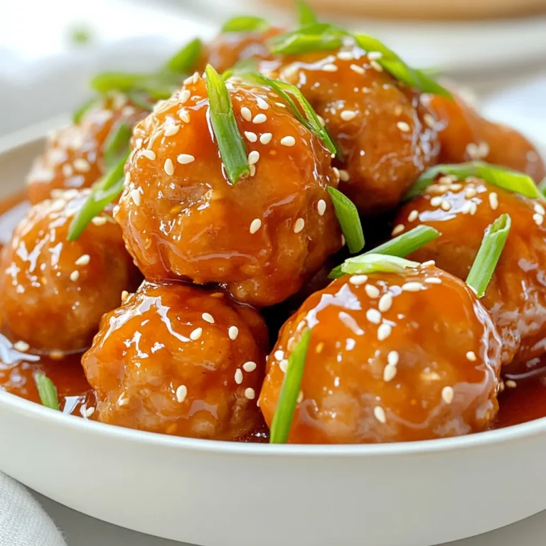 - Ground beef or turkey - Breadcrumbs - Egg - Green onions - Soy sauce - Garlic powder - Ginger powder - Sweet chili sauce - Rice vinegar - Sesame oil - Seasoning (salt and pepper) - Garnish (sesame seeds) Gathering the right ingredients is key to making great sweet chili crockpot meatballs. Start with 1 pound of ground beef or turkey. This choice gives you a juicy base. You can also use chicken if you like. Next, grab 1 cup of breadcrumbs. This adds texture and helps the meatballs hold their shape. You will need 1 large egg to bind everything together. Chop 2 tablespoons of green onions for a fresh taste. Soy sauce adds umami; use 1 tablespoon. For flavor depth, mix in 1 teaspoon each of garlic and ginger powder. The star of this dish is the sweet chili sauce. Use 1 cup for that sweet and spicy kick. Add 1 tablespoon of rice vinegar for a tangy touch. Drizzle in 1 teaspoon of sesame oil for a nutty flavor. Don’t forget to season with salt and pepper to taste. Finally, for the finishing touch, have sesame seeds on hand to sprinkle on top. This adds a nice crunch and visual appeal. With these ingredients, you're set to make delicious meatballs that will wow everyone. {{ingredient_image_2}} 1. Start by placing the ground beef or turkey in a large bowl. 2. Add the breadcrumbs, egg, green onions, soy sauce, garlic powder, ginger powder, salt, and pepper. 3. Mix the ingredients with your hands or a spoon until well blended. 4. Shape the mixture into small meatballs, about 1 inch in size. 5. Place the meatballs on a baking tray, leaving space between each one. 1. In another bowl, whisk together the sweet chili sauce, rice vinegar, and sesame oil. 2. Make sure the sauce is smooth and well mixed. 3. Once ready, set it aside to coat the meatballs later. 1. Place the meatballs into the crockpot in a single layer. 2. Pour the sweet chili sauce mixture over the meatballs. Ensure each meatball gets coated. 3. Cover the crockpot with the lid. Set it to cook on low for 6-8 hours or on high for 3-4 hours. 4. For best results, check that the meatballs are cooked through and tender. 5. After cooking, stir the meatballs gently in the sauce before serving. To make great meatballs, start with your mixture. Mix the ground beef or turkey, breadcrumbs, egg, and seasonings well. You want a sticky yet firm texture. If it feels too dry, add a splash of water or another egg. Aim for 1-inch meatballs. This size cooks evenly and stays juicy. To boost flavors, consider adding a pinch of red pepper flakes or chopped cilantro. You can also marinate the meatball mix for a few hours. This helps the flavors blend. Try adding fresh herbs like basil or parsley. They bring extra freshness to the dish. For a beautiful presentation, serve meatballs in a shallow bowl. Drizzle extra sweet chili sauce on top. Sprinkle sesame seeds for crunch. Pair with steamed rice or noodles for a full meal. The sweet and spicy sauce complements the carbs well. Add a side of stir-fried veggies for color and nutrition. Pro Tips Use Fresh Ingredients: Fresh ground meat and produce enhance the flavor and texture of your meatballs, making them more delicious and satisfying. Don’t Overmix: When combining the meatball mixture, be careful not to overmix. This helps keep the meatballs tender and prevents them from becoming tough. Customize Your Sauce: Feel free to adjust the sweetness and heat level of the sweet chili sauce by adding more vinegar or hot sauce according to your taste preferences. Garnish for Presentation: A sprinkle of sesame seeds and chopped green onions not only adds color but also provides an extra crunch and flavor boost to your dish. {{image_4}} You can switch up the protein for these meatballs. Ground chicken or pork works well. Both options keep the dish juicy and tender. If you prefer a meat-free meal, try using lentils or chickpeas. Just mash them well and mix in the other ingredients. This way, you can enjoy a tasty vegetarian treat. Want to make your own sauce? Mix equal parts of honey and soy sauce for a quick homemade sweet chili. If you like heat, add sriracha for a spicy kick. This will turn your meatballs into a fiery delight. Adding finely diced veggies boosts the nutrition in your meatballs. Try bell peppers, carrots, or spinach. These not only add color but also enhance the flavor. If you're health-conscious, consider using oats instead of breadcrumbs. This keeps the meatballs moist while cutting down on carbs. Store your leftover meatballs in an airtight container. They will stay fresh for up to four days in the fridge. When you are ready to eat, simply reheat them in the microwave or on the stove. Heat them gently to keep them moist and flavorful. You can freeze meatballs before or after cooking. For pre-cooked meatballs, place them in a single layer on a tray until they freeze. Once frozen, place them in freezer bags. For cooked meatballs, let them cool first, then freeze in containers. When you're ready to eat, thaw them overnight in the fridge. Reheat gently in the microwave or on the stove. In the fridge, store meatballs for up to four days. Check for any off smells or changes in color as signs of spoilage. If you see mold, it’s best to discard them. Proper storage keeps your sweet chili crockpot meatballs safe and tasty! Yes, you can make these meatballs ahead of time! This recipe is great for meal prep. You can mix your meatball ingredients and shape them into balls. Then, store them in the fridge for up to 24 hours before cooking. You can also freeze them. Place the raw meatballs in a single layer on a baking sheet. Freeze until solid, then transfer them to a freezer bag. They will last for about three months. When you are ready to cook, you can go straight to the crockpot from frozen. Just add an extra hour to the cooking time. If your meatball mixture is too dry, don’t worry! You can fix this easily. First, add a little more egg or some milk to the mix. This will help bind the meatballs and add moisture. If you prefer, you can also add a splash of soy sauce. This will add flavor and help with the texture. Mix well after adding any extra ingredients. You want a moist but firm mixture that holds its shape when formed into balls. Yes, you can cook these meatballs on the stove! If you want to use the stovetop, heat a large skillet over medium heat. Add a little oil to the pan. Once hot, add the meatballs in batches. Cook for about 10-12 minutes, turning occasionally. Make sure they are brown on all sides and cooked through. You can then add the sweet chili sauce to the skillet. Let it simmer for a few minutes, coating the meatballs in the sauce. This method is quicker and great if you don’t have a crockpot! This post covered how to make tasty meatballs. We discussed ingredients and steps to cook them. I shared tips for perfect meatballs and ways to make them unique. You can even store leftovers for later meals. These meatballs are easy, fun, and full of flavor. Try my ideas to make your dish better. Enjoy each bite and share with friends. Happy cooking!