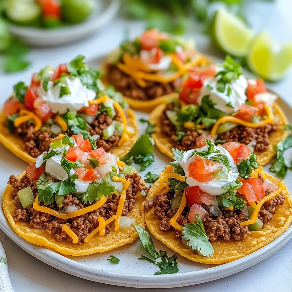 - 1 lb ground beef - 1 small onion, finely chopped - 2 cloves garlic, minced - 1 tablespoon chili powder - 1 teaspoon ground cumin - ½ teaspoon smoked paprika - Salt and freshly cracked black pepper to taste - 1 cup shredded romaine lettuce - 1 cup ripe tomatoes, diced - 1 cup shredded cheese (cheddar or a Mexican blend) - ½ cup sour cream - 8 tostada shells - 1 cup creamy refried beans - ¼ cup fresh cilantro, chopped - Lime wedges for serving To make these tostadas, gather all the main ingredients. Start with the ground beef, which gives a hearty flavor. Chop the onion and garlic finely. These two add a great base to the dish. Make sure you have your spices ready. Chili powder, cumin, and smoked paprika add depth and warmth. Next, get the toppings. Shredded romaine lettuce provides a nice crunch. Diced tomatoes brighten up the dish. Use shredded cheese for creaminess, and don’t forget the cool sour cream. Cilantro adds a fresh touch, while lime wedges give a zesty kick when squeezed on top. Now, you are ready to create a delicious meal that everyone will love! {{ingredient_image_2}} 1. Heat a large skillet over medium heat. Add a drizzle of cooking oil. 2. Add the finely chopped onion and minced garlic. Sauté until they are translucent, about 2-3 minutes. 3. Increase the heat to medium-high. Add the ground beef to the skillet. 4. Use a wooden spoon to break the meat into smaller pieces. Cook until the beef is browned, about 5-7 minutes. 5. Stir in the chili powder, ground cumin, smoked paprika, salt, and pepper. Cook for an additional 5 minutes. This helps the spices blend well with the meat. 1. Take your tostada shells and spread a layer of creamy refried beans on each one. 2. Spoon the cooked ground beef mixture over the beans evenly. 3. Add fresh shredded romaine lettuce and diced tomatoes on top of the beef. 4. Sprinkle a generous amount of shredded cheese over the veggies. 5. Top it all with a dollop of cool sour cream. 6. Finish each tostada with a sprinkle of fresh chopped cilantro for a burst of color. 7. Serve immediately with lime wedges on the side for added zest. These tostadas are not just tasty; they also look great! Arrange them on a platter for a fun meal. To achieve perfectly browned ground beef, start with a hot skillet. Heat a little oil in your pan, then add chopped onion and minced garlic. Sauté these until they soften and smell great, about 2-3 minutes. Next, raise the heat to medium-high. Add the ground beef, breaking it up with a wooden spoon. Cook until the beef turns a deep brown and is no longer pink, about 5-7 minutes. Stir often to cook evenly. For the best flavor, season the beef well. After browning, add chili powder, cumin, and smoked paprika. Sprinkle salt and pepper as needed. Cook for another 5 minutes to let the spices blend in. This step packs your beef with taste. Garnishing your tostadas makes them look great and inviting. Start by arranging them on a large platter. Use fresh cilantro leaves for a pop of color on top. Serve lime wedges in a small bowl at the center of the platter. This adds a bright touch and lets everyone squeeze lime on their tostadas. It's a small detail that gives big flavor. Pro Tips Perfectly Seasoned Beef: Always taste your ground beef mixture before serving. Adjust the seasoning with more salt, pepper, or spices to suit your preference. Crunchy Shells: For an extra crunch, bake the tostada shells in the oven at 375°F (190°C) for 5-7 minutes before assembling the toppings. Fresh Toppings: Use fresh ingredients for toppings like lettuce and tomatoes to enhance the flavor and texture of the tostadas. Customize with Extras: Feel free to add additional toppings like sliced jalapeños, avocado, or different types of cheese for a personalized touch. {{image_4}} You can easily change up the protein in your tostadas. Try using ground turkey or chicken for a lighter option. If you prefer a plant-based meal, go for lentils or crumbled tofu. These swaps will keep your tostadas tasty and fun. For cheese, you don’t have to stick to just one type. Use pepper jack for a spicy kick or a creamy queso fresco for a milder taste. Each cheese gives a unique flavor and texture to your dish. To boost the flavors in your tostadas, consider adding sliced jalapeños or a scoop of guacamole. Both options bring extra heat and creaminess. If you love fresh ingredients, top your tostadas with diced avocado or corn salsa. These toppings add a fresh touch and make your meal even more colorful. Explore different combinations to find what you love most! Each variation can make your tostadas a new experience every time you cook them. Store assembled tostadas carefully. Place any leftover tostadas in an airtight container. Keep the toppings separate to maintain their freshness. For best taste, use them within two days. - Tostada shells: Keep in a cool, dry place. They stay crisp for longer. - Ground beef: Store in a sealed container in the fridge. This keeps it flavorful. - Fresh toppings: Use separate containers for lettuce, tomatoes, and cheese. This helps avoid sogginess. Reheat tostadas carefully to keep them crunchy. The best way is to use an oven or toaster oven. Preheat it to 350°F (175°C). - Oven method: Place tostadas on a baking sheet. Heat for about 10 minutes until warm. - Microwave method: Heat for a few seconds, but this may make them soggy. To maintain crunchiness, avoid covering them while reheating. You want that perfect crisp! How do I make tostadas crispy? To make tostadas crispy, bake them in the oven. Preheat the oven to 400°F (200°C). Place the tostada shells on a baking sheet. Bake for about 5-7 minutes, until they are golden and crunchy. You can also fry them in hot oil for a few seconds per side. This gives them a great texture. Can I use a different protein instead of ground beef? Yes, you can use other proteins. Ground turkey or chicken works well. You can also try plant-based options like lentils or black beans for a vegetarian dish. Each option will give a unique flavor and texture to your tostadas. What sides pair well with ground beef tostadas? Several sides can complement ground beef tostadas. Here are some ideas: - Mexican rice adds a nice base. - Refried beans create a hearty side. - Guacamole provides creaminess and flavor. - A fresh salad can add crunch and brightness. - Chips and salsa make a great snack alongside. You now have a complete guide to making delicious ground beef tostadas. We covered the key ingredients, easy cooking steps, and helpful tips. You can customize the dish with different proteins or toppings to suit your tastes. Remember to store leftovers properly and reheat them for the best texture. Enjoy experimenting with flavors and sharing this simple meal with others. Tostadas are not just food; they’re an experience to savor. Make this dish your own and create a fun meal every time.