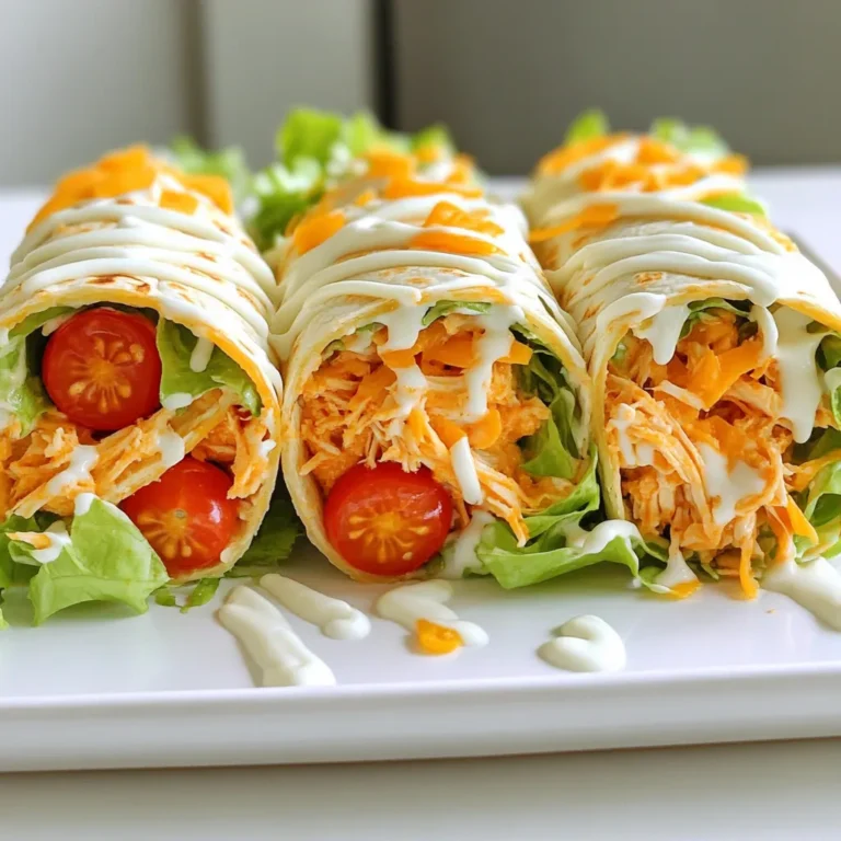 - 1 lb boneless, skinless chicken breasts - 1 cup buffalo sauce - 1 tablespoon olive oil - 1 teaspoon garlic powder - 1 teaspoon onion powder - ½ teaspoon smoked paprika - Salt and black pepper to taste - 4 large tortillas - 1 cup shredded lettuce - 1 cup cherry tomatoes, halved - 1 cup shredded cheddar cheese - ½ cup ranch or blue cheese dressing (optional) Gathering the right ingredients is key to great buffalo chicken wraps. Start with fresh chicken breasts. You want boneless and skinless for easy cooking and shredding. Buffalo sauce adds the kick you crave. Use your favorite brand or make your own for a special touch. Olive oil keeps the chicken moist while it bakes. For seasonings, garlic powder and onion powder bring flavor. Smoked paprika adds a nice depth. Don’t forget salt and black pepper to taste. These simple spices can make a big difference. Next, for the wraps, choose large tortillas. Flour or whole wheat work well. You’ll also need fresh, crunchy lettuce. Iceberg or romaine is perfect. Cherry tomatoes add a burst of flavor when halved. Shredded cheddar cheese brings a creamy texture. If you like a creamy finish, add ranch or blue cheese dressing. This optional ingredient can make your wraps even more delicious. With these ingredients, you're set for a tasty meal that’s easy to prepare. 1. Preheat your oven to 400°F (200°C). This heat will cook the chicken just right. 2. In a large bowl, mix the chicken with the buffalo sauce, olive oil, garlic powder, onion powder, smoked paprika, salt, and pepper. Make sure each piece is coated well. 3. Now, transfer the chicken to a sheet pan. Spread it out so it cooks evenly. 1. Place the sheet pan in the oven and bake the chicken for 20-25 minutes. It should reach an internal temperature of 165°F (74°C). 2. Once done, remove the chicken from the oven. Let it rest for about 5 minutes. This step helps keep the chicken juicy. 3. After resting, shred the chicken using two forks. Make it into bite-sized pieces for easy wrapping. 1. Lay a tortilla flat on your counter. Layer a good amount of shredded lettuce in the center. 2. Next, add the shredded chicken, halved cherry tomatoes, and a sprinkle of cheddar cheese. 3. If you like, drizzle ranch or blue cheese dressing over the fillings for extra flavor. 4. Carefully roll the tortilla tightly, folding in the sides as you go. This keeps all the tasty bits inside. 1. For extra crispiness, place the assembled wraps back on the sheet pan. 2. Bake for another 5-7 minutes until they are warm and the tortillas are slightly crispy. To ensure even cooking on the sheet pan, space out the chicken pieces. This helps hot air circulate around each piece. Avoid stacking the chicken, as this can lead to uneven cooking. Check the chicken doneness by using a meat thermometer. The safe internal temperature is 165°F (74°C). If you don't have a thermometer, cut into the chicken. The meat should no longer be pink, and the juices should run clear. You can make your wrap unique by trying different sauces. Consider using barbecue sauce for a sweet twist. For a milder option, try a honey mustard sauce. You can also swap out toppings based on your taste. Add avocado slices or diced cucumbers for extra crunch. If you have dietary needs, use turkey instead of chicken. For a vegetarian option, try chickpeas or cauliflower tossed in buffalo sauce. For an appealing dish, arrange the wraps on a platter. Cut them in half to show off the colorful fillings. Serve with small bowls of extra buffalo sauce and ranch dressing for dipping. This adds a fun touch to each bite. Pair the wraps with crisp celery sticks or carrot sticks. They provide a refreshing crunch that balances the flavors of the wraps. {{image_4}} You can try many sauces with your wraps. Some great options are barbecue sauce or honey mustard. You can also use a spicy buffalo sauce for more heat. If you prefer mild flavors, try a sweet buffalo sauce instead. These choices let you change the taste based on your mood. If you want to change the protein, turkey works great. Ground turkey or shredded turkey fits well in these wraps. You can also use plant-based protein for a tasty option. Chickpeas or lentils can add great flavor too. Chicken is classic, but switching it up keeps meals fun. The tortillas you choose can change the wrap. Flour tortillas are soft and easy to use. Whole wheat tortillas add a nutty flavor and extra fiber. If you need gluten-free options, there are many brands available. Look for corn or almond flour tortillas to meet your needs. To keep your wraps fresh, store them in an airtight container. Make sure to cool them first. They can last for up to three days in the fridge. For longer storage, freeze them. Wrap each one tightly in plastic wrap, then place them in a freezer bag. They can stay good for about three months in the freezer. Just remember, the texture may change a bit after thawing. When it's time to eat again, reheating is key to keeping the wraps tasty. The best method is using an oven or toaster oven. Preheat it to 350°F (175°C) and place the wraps on a baking sheet. Heat them for about 10-15 minutes until warmed through. This method helps keep the tortilla crispy. You can also use a microwave but be careful. It can make the wraps soggy. If you choose the microwave, heat them for 30 seconds. Then check if they are warm. For storage containers, use BPA-free plastic or glass. Make sure they have tight lids to keep out air. This helps keep your wraps fresh and tasty for later. It takes about 10 minutes to prep the wraps. Cooking them will take another 20 to 25 minutes. In total, you should plan for around 40 minutes. This includes mixing, baking, and rolling your wraps. Yes, you can prep these wraps ahead of time. You can cook the chicken and store it in the fridge for up to three days. Then, when you are ready to eat, just assemble the wraps. This makes for an easy meal! You can serve these wraps with several sides. Some great options include: - Celery sticks for crunch - Carrot sticks for sweetness - Chips for added texture - A side salad for freshness Yes! To make a milder version, you can use a less spicy sauce. Try using barbecue sauce instead of buffalo sauce. You can also skip the spices or reduce their amounts to keep the flavor without the heat. Making buffalo chicken wraps is fun and simple. You learned about key ingredients, easy steps, and helpful tips. You can customize these wraps with different proteins, sauces, and tortillas. Don't forget to store leftovers properly for later enjoyment. These wraps are perfect for any meal. You can make them spicy or mild, based on your taste. Try them and see how they fit your dining needs. Enjoy your cooking adventure!