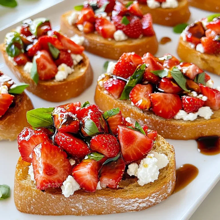 To make Strawberry Basil Bruschetta, gather these simple ingredients: - 1 baguette, sliced into 1/2-inch thick pieces - 1 cup fresh strawberries, hulled and diced - 1/4 cup fresh basil leaves, finely chopped - 1 tablespoon balsamic glaze - 1 tablespoon honey - 1 teaspoon freshly squeezed lemon juice - 1/4 cup creamy goat cheese, crumbled - Salt and freshly ground black pepper to taste - Extra virgin olive oil for drizzling These ingredients come together to create a fresh and tasty treat. If you want to switch things up, here are some substitutions: - Baguette: Use any crusty bread, like ciabatta or sourdough. - Strawberries: Swap strawberries for diced peaches or ripe tomatoes for a different flavor. - Basil: Fresh mint or cilantro can add a unique twist. - Goat Cheese: Feta cheese or ricotta can replace goat cheese for a different taste. - Balsamic Glaze: Try a simple balsamic vinegar for a more tangy bite. These swaps can make the recipe fit your taste or what you have on hand. This bruschetta can fit various diets: - Vegetarian: All the ingredients are vegetarian-friendly. - Gluten-Free: Use gluten-free bread as a base. - Nut-Free: This recipe contains no nuts, making it safe for nut allergies. - Low-Sugar: Skip the honey or use a sugar-free syrup for a lower sugar option. Always check labels for any hidden allergens. This recipe is fun, fresh, and adaptable to many diets! {{ingredient_image_2}} First, preheat your oven to 400°F (200°C). This makes the bread crispy and warm. Slice your baguette into pieces that are 1/2-inch thick. Lay the slices on a baking sheet. With a brush, lightly coat the tops with extra virgin olive oil. This step adds flavor and helps them crisp. Toast them in the oven for 5 to 7 minutes. Watch closely so they don’t burn. You want them golden brown and slightly crispy. While your bread toasts, it’s time to make the topping. In a medium bowl, add 1 cup of diced strawberries. Make sure they are hulled and cut into small pieces. Then, chop 1/4 cup of fresh basil leaves finely. Add these to the bowl. Next, pour in 1 tablespoon of balsamic glaze, 1 tablespoon of honey, and 1 teaspoon of lemon juice. Season with a pinch of salt and black pepper. Mix gently to combine all the flavors. Be careful not to crush the strawberries. You want them whole for that lovely texture. Now it’s time to put everything together. Once the baguette slices are toasted, let them cool for a minute. Then, take a spoon and scoop the strawberry-basil mixture onto each slice. Make sure each piece has a generous amount of topping. For the final touch, sprinkle crumbled goat cheese on top. This adds creaminess that pairs well with the fresh toppings. Drizzle a bit more balsamic glaze and some olive oil over them. Serve your bruschetta right away, so the bread is warm and inviting. Enjoy every bite of this fresh and flavorful treat! Toasting bread is key for this dish. Start with a fresh baguette. Cut it into 1/2-inch thick slices. Lay them flat on a baking sheet. Brush each slice with extra virgin olive oil. This helps them become golden and crunchy. Bake at 400°F (200°C) for 5-7 minutes. Watch closely so they don’t burn. They should be crisp and slightly brown. This step makes each bite delightful. Balancing flavors is vital for Strawberry Basil Bruschetta. Use ripe strawberries for sweetness. Fresh basil adds a lovely herbal note. For a zing, include lemon juice. It brightens the whole dish. The balsamic glaze brings rich depth. Honey adds a touch of sweetness. Season with salt and pepper to taste. Mix gently to keep strawberry pieces intact. This way, every bite sings with flavor. Great presentation makes your bruschetta pop! Use a nice platter to showcase your work. Arrange the toasted bread neatly. Spoon the strawberry mixture generously on top. Don’t skimp on the goat cheese; it adds creaminess. Finish with a drizzle of balsamic glaze. A few fresh basil leaves on top add color. Serve immediately while warm. This makes your dish look appealing and inviting. Pro Tips Use Fresh Ingredients: The quality of your strawberries and basil will greatly impact the flavor of the bruschetta. Opt for ripe, seasonal strawberries and vibrant basil for the best taste. Toast the Bread Just Right: Keep an eye on the baguette slices while toasting. You want them golden and crispy, not burnt. If you prefer a softer texture, consider lightly grilling them instead. Experiment with Toppings: Feel free to customize the bruschetta by adding other toppings, such as sliced almonds or a sprinkle of chili flakes, for an added crunch or spice. Serve Immediately: Bruschetta is best enjoyed fresh. Serve it right after assembling to ensure the bread stays crispy and the toppings remain vibrant and flavorful. {{image_4}} You can switch up the toppings on your bruschetta. Try using diced peaches or tomatoes. You can also use mint leaves instead of basil. Mix in some feta cheese for a salty twist. Add a bit of chili for heat. These changes can make the dish new and exciting! If you need a gluten-free choice, use gluten-free bread. This works well with the same toppings. You can also use cucumber slices as a base. They provide a nice crunch and freshness. Just make sure to slice them thick enough to hold the toppings. You can create sweet or savory bruschetta. For sweet, add honey and sliced strawberries. Top with ricotta for creaminess. For a savory version, use diced tomatoes and basil. Drizzle with olive oil and balsamic. Both styles are tasty and add variety to your meals! To keep your leftover bruschetta fresh, store it in an airtight container. Avoid stacking the toasted bread with the toppings. This way, the bread stays crisp and the toppings stay fresh. If you place them together, the bread can become soggy. You can enjoy the leftover bruschetta within two days for the best taste. To reheat the toasted bread, preheat your oven to 350°F (175°C). Place the bread slices on a baking sheet. Heat them for about 5 minutes until they are warm and crispy again. This method revives the crunch you want without drying them out. Avoid using the microwave, as it can make the bread chewy. For the best flavor, use fresh strawberries and basil within three days. Store strawberries in the fridge, but do not wash them until you're ready to use them. The balsamic glaze and honey can last for months in your pantry. Goat cheese should be used within a week after opening for the best taste. Always check for freshness before using any ingredient. You can use several tasty options instead of goat cheese. Cream cheese offers a rich, smooth taste. Ricotta cheese gives a light and creamy texture. Feta cheese adds a salty kick. If you want a vegan choice, try cashew cream or almond cheese. Each of these will change the flavor a bit, but they all work well. Yes, you can prepare this recipe ahead of time. You can make the strawberry-basil topping a few hours before serving. Just mix the strawberries and basil with the other ingredients. Store it in the fridge to keep it fresh. Toast your baguette slices right before serving. This helps keep the bread crispy. If you toast them early, they might become soft. Strawberry Basil Bruschetta pairs well with many side dishes. A simple mixed green salad adds freshness. A light pasta salad can also be a great choice. Try serving it with a cheese platter for variety. Fresh fruit, like melon or blueberries, complements the bruschetta too. You can also offer a refreshing drink, like lemonade or iced tea, to complete the meal. This article covered how to make tasty Strawberry Basil Bruschetta. You learned about ingredients, substitutes, and dietary needs. I shared clear steps to prep and assemble the dish. Tips for toasting and balancing flavors helped enhance your meal. You also explored fun variations and storage methods. With all these details, you can now create this snack with ease. Have fun trying different toppings and enjoy your cooking!