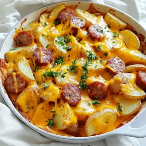 To make this tasty dish, you need: - 1 pound smoked sausage, sliced into bite-sized pieces - 4 medium potatoes, scrubbed and diced into small cubes - 1 tablespoon olive oil - 1 medium onion, finely chopped - 2 cloves garlic, minced - 1 cup shredded cheddar cheese (or your favorite cheese) - 1/4 cup ranch dressing - 1 teaspoon paprika - 1/2 teaspoon freshly ground black pepper - Salt, to taste - Fresh parsley, chopped (for garnish) Each ingredient adds its own flavor. The smoked sausage gives a nice, rich taste. The potatoes add heartiness. Cheddar cheese makes it creamy and delicious. You will need a few tools to make this skillet dish: - Large skillet - Sharp knife - Cutting board - Measuring spoons - Wooden spoon - Lid for the skillet These tools help you cook the dish easily. A large skillet allows for even cooking. A lid helps melt the cheese quickly. If you’re missing an ingredient, don’t worry! Here are some swaps you can try: - Use turkey or chicken sausage instead of smoked sausage for a leaner option. - Swap ranch dressing with blue cheese dressing for a stronger flavor. - Choose any cheese you love, like mozzarella or pepper jack, for a twist. - You can replace potatoes with sweet potatoes for a different taste. These substitutions keep the dish fun and flexible. You can make it your own with what you have at home! {{ingredient_image_2}} Start by heating a large skillet over medium-high heat. Pour in the olive oil and let it warm up. Once hot, add the diced potatoes. Sprinkle a pinch of salt and paprika on top. Stir them gently as they cook. You want them to turn golden brown and tender. This should take about 10 to 15 minutes. Stir occasionally to prevent sticking. Next, add the sliced sausage and the chopped onion to the skillet. Mix everything well. Cook for about 5 to 7 minutes. Keep stirring often so the sausage browns and the onions soften. You will know it’s ready when the onions turn soft and clear. Now, lower the heat to medium. Add the minced garlic to the mixture. Stir it in and let it cook for 1 to 2 minutes. You want the garlic to smell great, but don’t let it burn. After that, drizzle the ranch dressing over the top. Mix everything again to coat the potatoes and sausage well. Let it simmer for another 2 to 3 minutes. This helps the flavors blend together. Time for the best part! Sprinkle the shredded cheddar cheese evenly over the skillet. Cover the skillet with a lid. Let it cook for about 3 to 5 minutes. This will melt the cheese and make it nice and bubbly. Once the cheese is melted, take the skillet off the heat. Garnish with fresh parsley for a nice touch. You can serve this dish hot. It pairs well with a fresh side salad or some warm crusty bread. Enjoy your meal! To get the best potatoes, cut them into small, even cubes. This helps them cook evenly. Start with hot oil in your skillet. The oil should be hot enough to sizzle when you add the potatoes. Cook them for 10-15 minutes. Stir often to avoid burning. Look for a golden-brown color and a tender feel. This means they are perfect! When picking sausage, go for smoked sausage for a rich taste. Look for high-quality brands that use real meat. Check the label for spices you love. You can try turkey or chicken sausage for a lighter option, too. Make sure the sausage is fresh. It will add great flavor to your dish. To boost the flavor, use spices like garlic powder or onion powder. A bit of cayenne pepper adds heat if you like it spicy. Fresh herbs like thyme or rosemary can give a nice twist. Sprinkle some more ranch dressing on top before serving for extra taste. Don't be afraid to experiment! Each spice can change the dish in a fun way. Pro Tips Choose the Right Sausage: Opt for a smoked sausage for a richer flavor, or try turkey sausage for a lighter version. Potato Prepping: Using waxy potatoes like Yukon Gold will give a creamier texture, while russets will be fluffier. Perfect Cheese Melt: Shredding your cheese fresh will help it melt better and create a smoother sauce. Flavor Boost: Add a splash of hot sauce to the ranch dressing for an extra kick of flavor and spice! {{image_4}} You can make a tasty vegetarian version of this dish. Replace the smoked sausage with hearty vegetables. Good choices are mushrooms, bell peppers, or zucchini. These options add flavor and texture. You can also use plant-based sausage for a meaty taste. This way, you keep the dish filling and delicious. While cheddar cheese is classic, feel free to switch it up. Try mozzarella for a gooey texture. Pepper jack gives a spicy kick. You can even mix different cheeses for depth. Go ahead and experiment to find your favorite combo. Each cheese brings its own charm to the dish. Adding more veggies boosts the nutrition and flavor. Spinach, kale, or broccoli can add color and health benefits. Carrots or peas can also work well. Just chop them small so they cook evenly. Toss them in during the last few minutes of cooking. This way, you get a balanced meal that's good for you. After enjoying your Cheesy Ranch Potato Sausage Skillet, let it cool first. Then transfer the leftovers to an airtight container. This helps keep the flavors fresh. Store it in the fridge for up to three days. Make sure to label the container with the date. To reheat, you can use a skillet or the microwave. If using a skillet, add a splash of water or broth. This keeps the dish moist. Heat over low to medium heat, stirring occasionally. For the microwave, use a microwave-safe dish. Heat in short bursts, stirring in between, until warm. You can freeze this dish, too! Allow it to cool completely before freezing. Place it in a freezer-safe container or bag. Remove as much air as possible. It will stay good for up to three months. When ready to eat, thaw it overnight in the fridge before reheating. Yes, you can make this dish ahead. Prepare it fully and let it cool. Then, store it in an airtight container in the fridge for up to three days. When ready to eat, reheat it on the stove over low heat until warm. This method keeps the flavors intact. I love serving this skillet with a fresh side salad or warm crusty bread. The salad adds crunch and freshness, while the bread helps soak up all the cheesy goodness. You can also try pairing it with steamed veggies for extra color and nutrients. To serve more people, simply double the recipe. Use two pounds of sausage and eight potatoes. This way, you’ll have plenty to go around. Just ensure your skillet is large enough to hold all the ingredients without crowding. Absolutely! While cheddar cheese is a favorite, you can use any cheese you like. Try mozzarella for a stretchy texture, or pepper jack for a spicy kick. Mixing cheeses can also create fun flavor combinations. Yes, you can use raw sausage. Just cook it first in the skillet before adding the potatoes. Make sure it reaches a safe internal temperature to enjoy your meal safely. The flavors will still blend well with the other ingredients. You now know how to make a tasty Cheesy Ranch Potato Sausage Skillet. We covered the ingredients, cooking steps, and useful tips. I shared variations and storage info to make it easy for you. This dish is simple and fun to make. With a few changes, you can customize it to your liking. Try it out and make it your own! Enjoy your meal with family or friends.
