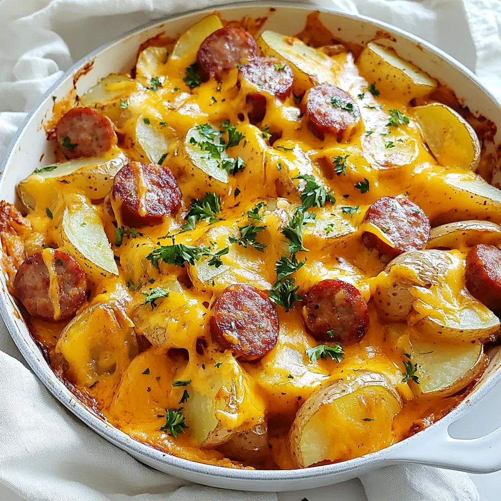 To make this tasty dish, you need: - 1 pound smoked sausage, sliced into bite-sized pieces - 4 medium potatoes, scrubbed and diced into small cubes - 1 tablespoon olive oil - 1 medium onion, finely chopped - 2 cloves garlic, minced - 1 cup shredded cheddar cheese (or your favorite cheese) - 1/4 cup ranch dressing - 1 teaspoon paprika - 1/2 teaspoon freshly ground black pepper - Salt, to taste - Fresh parsley, chopped (for garnish) Each ingredient adds its own flavor. The smoked sausage gives a nice, rich taste. The potatoes add heartiness. Cheddar cheese makes it creamy and delicious. You will need a few tools to make this skillet dish: - Large skillet - Sharp knife - Cutting board - Measuring spoons - Wooden spoon - Lid for the skillet These tools help you cook the dish easily. A large skillet allows for even cooking. A lid helps melt the cheese quickly. If you’re missing an ingredient, don’t worry! Here are some swaps you can try: - Use turkey or chicken sausage instead of smoked sausage for a leaner option. - Swap ranch dressing with blue cheese dressing for a stronger flavor. - Choose any cheese you love, like mozzarella or pepper jack, for a twist. - You can replace potatoes with sweet potatoes for a different taste. These substitutions keep the dish fun and flexible. You can make it your own with what you have at home! {{ingredient_image_2}} Start by heating a large skillet over medium-high heat. Pour in the olive oil and let it warm up. Once hot, add the diced potatoes. Sprinkle a pinch of salt and paprika on top. Stir them gently as they cook. You want them to turn golden brown and tender. This should take about 10 to 15 minutes. Stir occasionally to prevent sticking. Next, add the sliced sausage and the chopped onion to the skillet. Mix everything well. Cook for about 5 to 7 minutes. Keep stirring often so the sausage browns and the onions soften. You will know it’s ready when the onions turn soft and clear. Now, lower the heat to medium. Add the minced garlic to the mixture. Stir it in and let it cook for 1 to 2 minutes. You want the garlic to smell great, but don’t let it burn. After that, drizzle the ranch dressing over the top. Mix everything again to coat the potatoes and sausage well. Let it simmer for another 2 to 3 minutes. This helps the flavors blend together. Time for the best part! Sprinkle the shredded cheddar cheese evenly over the skillet. Cover the skillet with a lid. Let it cook for about 3 to 5 minutes. This will melt the cheese and make it nice and bubbly. Once the cheese is melted, take the skillet off the heat. Garnish with fresh parsley for a nice touch. You can serve this dish hot. It pairs well with a fresh side salad or some warm crusty bread. Enjoy your meal! To get the best potatoes, cut them into small, even cubes. This helps them cook evenly. Start with hot oil in your skillet. The oil should be hot enough to sizzle when you add the potatoes. Cook them for 10-15 minutes. Stir often to avoid burning. Look for a golden-brown color and a tender feel. This means they are perfect! When picking sausage, go for smoked sausage for a rich taste. Look for high-quality brands that use real meat. Check the label for spices you love. You can try turkey or chicken sausage for a lighter option, too. Make sure the sausage is fresh. It will add great flavor to your dish. To boost the flavor, use spices like garlic powder or onion powder. A bit of cayenne pepper adds heat if you like it spicy. Fresh herbs like thyme or rosemary can give a nice twist. Sprinkle some more ranch dressing on top before serving for extra taste. Don't be afraid to experiment! Each spice can change the dish in a fun way. Pro Tips Choose the Right Sausage: Opt for a smoked sausage for a richer flavor, or try turkey sausage for a lighter version. Potato Prepping: Using waxy potatoes like Yukon Gold will give a creamier texture, while russets will be fluffier. Perfect Cheese Melt: Shredding your cheese fresh will help it melt better and create a smoother sauce. Flavor Boost: Add a splash of hot sauce to the ranch dressing for an extra kick of flavor and spice! {{image_4}} You can make a tasty vegetarian version of this dish. Replace the smoked sausage with hearty vegetables. Good choices are mushrooms, bell peppers, or zucchini. These options add flavor and texture. You can also use plant-based sausage for a meaty taste. This way, you keep the dish filling and delicious. While cheddar cheese is classic, feel free to switch it up. Try mozzarella for a gooey texture. Pepper jack gives a spicy kick. You can even mix different cheeses for depth. Go ahead and experiment to find your favorite combo. Each cheese brings its own charm to the dish. Adding more veggies boosts the nutrition and flavor. Spinach, kale, or broccoli can add color and health benefits. Carrots or peas can also work well. Just chop them small so they cook evenly. Toss them in during the last few minutes of cooking. This way, you get a balanced meal that's good for you. After enjoying your Cheesy Ranch Potato Sausage Skillet, let it cool first. Then transfer the leftovers to an airtight container. This helps keep the flavors fresh. Store it in the fridge for up to three days. Make sure to label the container with the date. To reheat, you can use a skillet or the microwave. If using a skillet, add a splash of water or broth. This keeps the dish moist. Heat over low to medium heat, stirring occasionally. For the microwave, use a microwave-safe dish. Heat in short bursts, stirring in between, until warm. You can freeze this dish, too! Allow it to cool completely before freezing. Place it in a freezer-safe container or bag. Remove as much air as possible. It will stay good for up to three months. When ready to eat, thaw it overnight in the fridge before reheating. Yes, you can make this dish ahead. Prepare it fully and let it cool. Then, store it in an airtight container in the fridge for up to three days. When ready to eat, reheat it on the stove over low heat until warm. This method keeps the flavors intact. I love serving this skillet with a fresh side salad or warm crusty bread. The salad adds crunch and freshness, while the bread helps soak up all the cheesy goodness. You can also try pairing it with steamed veggies for extra color and nutrients. To serve more people, simply double the recipe. Use two pounds of sausage and eight potatoes. This way, you’ll have plenty to go around. Just ensure your skillet is large enough to hold all the ingredients without crowding. Absolutely! While cheddar cheese is a favorite, you can use any cheese you like. Try mozzarella for a stretchy texture, or pepper jack for a spicy kick. Mixing cheeses can also create fun flavor combinations. Yes, you can use raw sausage. Just cook it first in the skillet before adding the potatoes. Make sure it reaches a safe internal temperature to enjoy your meal safely. The flavors will still blend well with the other ingredients. You now know how to make a tasty Cheesy Ranch Potato Sausage Skillet. We covered the ingredients, cooking steps, and useful tips. I shared variations and storage info to make it easy for you. This dish is simple and fun to make. With a few changes, you can customize it to your liking. Try it out and make it your own! Enjoy your meal with family or friends.