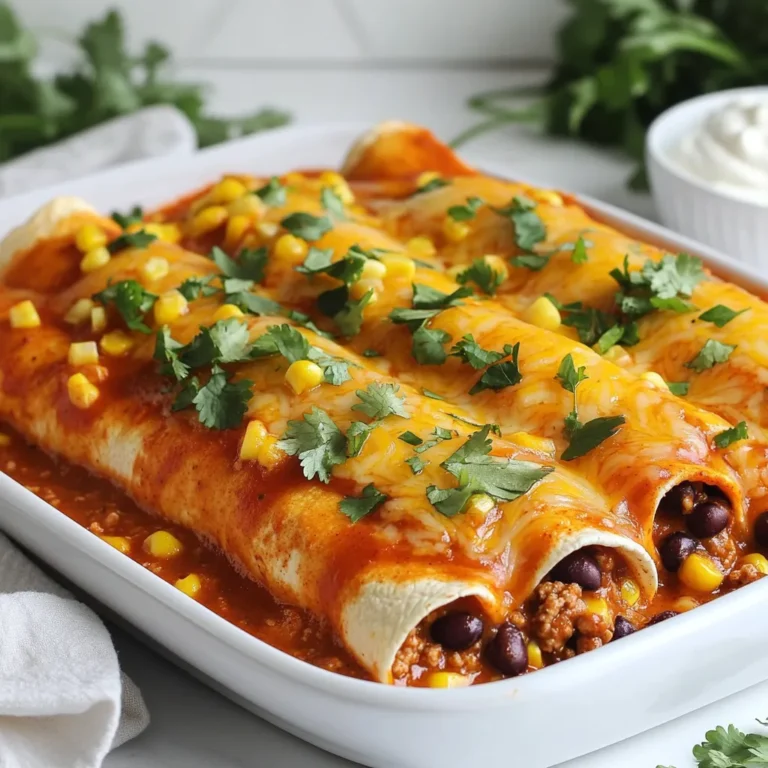- 1 pound ground turkey - 1 can (15 oz) black beans, rinsed and drained - 1 cup corn (can be fresh or frozen) - 1 small onion, finely diced - 2 cloves garlic, minced - 1 teaspoon ground cumin - 1 teaspoon chili powder - 1/2 teaspoon smoked paprika - Salt and black pepper, to taste - 8 small corn tortillas - 1 cup enchilada sauce (store-bought or homemade) - 1 cup shredded cheddar cheese These ingredients come together to create a hearty, tasty dish. Ground turkey adds protein, while black beans give fiber and texture. The spices bring warmth and flavor, while the corn adds a sweet crunch. - Fresh cilantro leaves, for garnish - Sour cream, for serving (optional) Garnishes can elevate your dish. Fresh cilantro adds color and a burst of flavor. Sour cream adds creaminess and balances the spices. - Large skillet - Spatula - 9x13-inch baking dish - Microwave or dry skillet for warming tortillas These tools help make the cooking process easy and efficient. A large skillet is key for cooking the turkey and veggies. The baking dish is perfect for holding your rolled enchiladas. {{ingredient_image_2}} Start by preheating your oven to 375°F (190°C). This will get it hot and ready for baking. While the oven heats, gather your ingredients. You'll need ground turkey, black beans, corn, onion, garlic, and spices. Make sure the black beans are rinsed and drained. This helps remove extra sodium. Chop the onion and mince the garlic. This will add great flavor. In a large skillet, add the ground turkey. Cook it over medium heat. Use a spatula to break it apart. Brown the turkey for about 5-7 minutes until it is fully cooked. If there is extra fat, drain it from the skillet. Next, add the diced onion and minced garlic to the skillet. Stir often and cook until the onions are soft, about 3-4 minutes. Now, mix in the rinsed black beans, corn, cumin, chili powder, smoked paprika, salt, and black pepper. Cook this mixture for another 4-5 minutes. This helps all the flavors come together. Once done, remove the skillet from heat. To make the corn tortillas easier to roll, warm them first. You can wrap them in a damp paper towel and microwave for 30 seconds. Alternatively, heat them in a dry skillet for a few seconds on each side. Now, take one tortilla and add about 1/4 cup of the turkey and bean filling in the center. Roll the tortilla tightly, tucking in the ends. Place it seam side down in a greased 9x13-inch baking dish. Repeat this process with the remaining tortillas and filling. Once all are rolled, pour the enchilada sauce evenly over them. Make sure they are fully coated. Finally, sprinkle shredded cheddar cheese on top. Now, place the dish in the oven and bake for 20-25 minutes. Look for melted cheese that is bubbly and golden brown. After baking, take them out and let them cool for a few minutes. Enjoy the vibrant flavors of your Ground Turkey Black Bean Enchiladas! To keep your tortillas intact, warm them first. You can use a damp paper towel. Wrap the tortillas and microwave them for about 30 seconds. This makes them soft and easy to roll. If you prefer, heat them one by one in a dry skillet. Just a few seconds on each side works well. This simple step helps avoid tears and keeps your enchiladas neat. When you bake your enchiladas, set your timer for 20-25 minutes. This time is perfect for melting the cheese and making it golden. The sauce should bubble slightly around the edges. If you see this, your enchiladas are ready! Keep an eye on them to avoid overcooking. Overbaked enchiladas can dry out and lose their charm. To boost flavor, consider adding fresh herbs. Chopped cilantro or green onions work great. You can also use lime juice for a zesty kick. If you like heat, add diced jalapeños to the filling. Toasting your spices, like cumin and chili powder, in the skillet before adding other ingredients can deepen their taste. These little tweaks can make your enchiladas stand out. Pro Tips Use Fresh Ingredients: Fresh produce and quality spices enhance the flavor of your enchiladas, making them more vibrant and delicious. Customize Your Fillings: Feel free to add other vegetables like bell peppers or zucchini to the filling for extra nutrition and flavor variety. Make Ahead: You can assemble the enchiladas ahead of time and store them in the fridge overnight before baking for a quick weeknight dinner. Experiment with Toppings: Try different toppings like avocado slices, jalapeños, or a squeeze of lime for added zest and freshness when serving. {{image_4}} If you want to change the meat, ground chicken or beef works well. You can also use diced turkey for a different texture. For a lighter option, try ground chicken. It keeps the dish lean but tasty. If you prefer a plant-based choice, crumbled tempeh or lentils can fit nicely. These options still give you protein and flavor. For gluten-free tortillas, look for corn or almond flour varieties. Many brands offer great gluten-free choices. You can also use lettuce leaves for a fresh twist. This makes a fun and low-carb option. Make sure to check labels to avoid hidden gluten. Enjoy your enchiladas without worry! To make this dish vegetarian, replace ground turkey with black beans or mushrooms. They add texture and flavor. For vegan enchiladas, skip the cheese or use a dairy-free option. Nutritional yeast adds a cheesy taste without dairy. You can also load up on veggies like zucchini or bell peppers for more nutrition. These changes keep the dish hearty and satisfying. After cooking, let the enchiladas cool down for about 30 minutes. This helps stop the cooking process. Once cooled, cover the baking dish tightly with plastic wrap or aluminum foil. You can also transfer them to an airtight container. Store them in the fridge. They will stay fresh for 3 to 4 days. To reheat, preheat your oven to 350°F (175°C). Place the enchiladas in an oven-safe dish. Cover them with foil to keep them moist. Heat for about 15 to 20 minutes or until they are hot throughout. You can also microwave them. Place a few enchiladas on a microwave-safe plate, cover with a damp paper towel, and heat for 1 to 2 minutes. If you want to save some for later, freezing works great. Let the enchiladas cool completely, then wrap each one tightly in plastic wrap. Place them in a freezer bag or container. They can stay in the freezer for up to 3 months. When you're ready to eat, thaw them overnight in the fridge and reheat as usual. Enjoy these tasty meals on busy days! Yes, you can make these enchiladas ahead of time. Prepare them up to the baking step. Once you assemble them, cover the dish tightly and store it in the fridge. Bake them when you are ready to eat. This can save you time on busy nights. If you don’t have enchilada sauce, try using salsa or a homemade sauce. You can blend diced tomatoes, chili powder, and cumin for a quick alternative. Another option is to use a creamy sauce. This will add a different twist to your enchiladas. To spice up your enchiladas, add diced jalapeños to the filling. You can also mix in more chili powder or a dash of hot sauce. If you like, sprinkle some crushed red pepper on top before baking. Adjust the spice to fit your taste. Yes, Ground Turkey Black Bean Enchiladas are a healthy choice. They use lean turkey and black beans, which are high in protein. The corn adds fiber and sweetness. You can also add veggies for more nutrients. Plus, you control the sauce and cheese amounts. You now have a clear path to make Ground Turkey Black Bean Enchiladas. We covered the main ingredients, cooking steps, and useful tips. You learned about variations to fit your needs, like vegetarian options and gluten-free tortillas. I also shared how to store and reheat leftovers. Remember, cooking should be fun! Don’t hesitate to experiment and make this dish your own. Enjoy happy cooking and delicious meals!