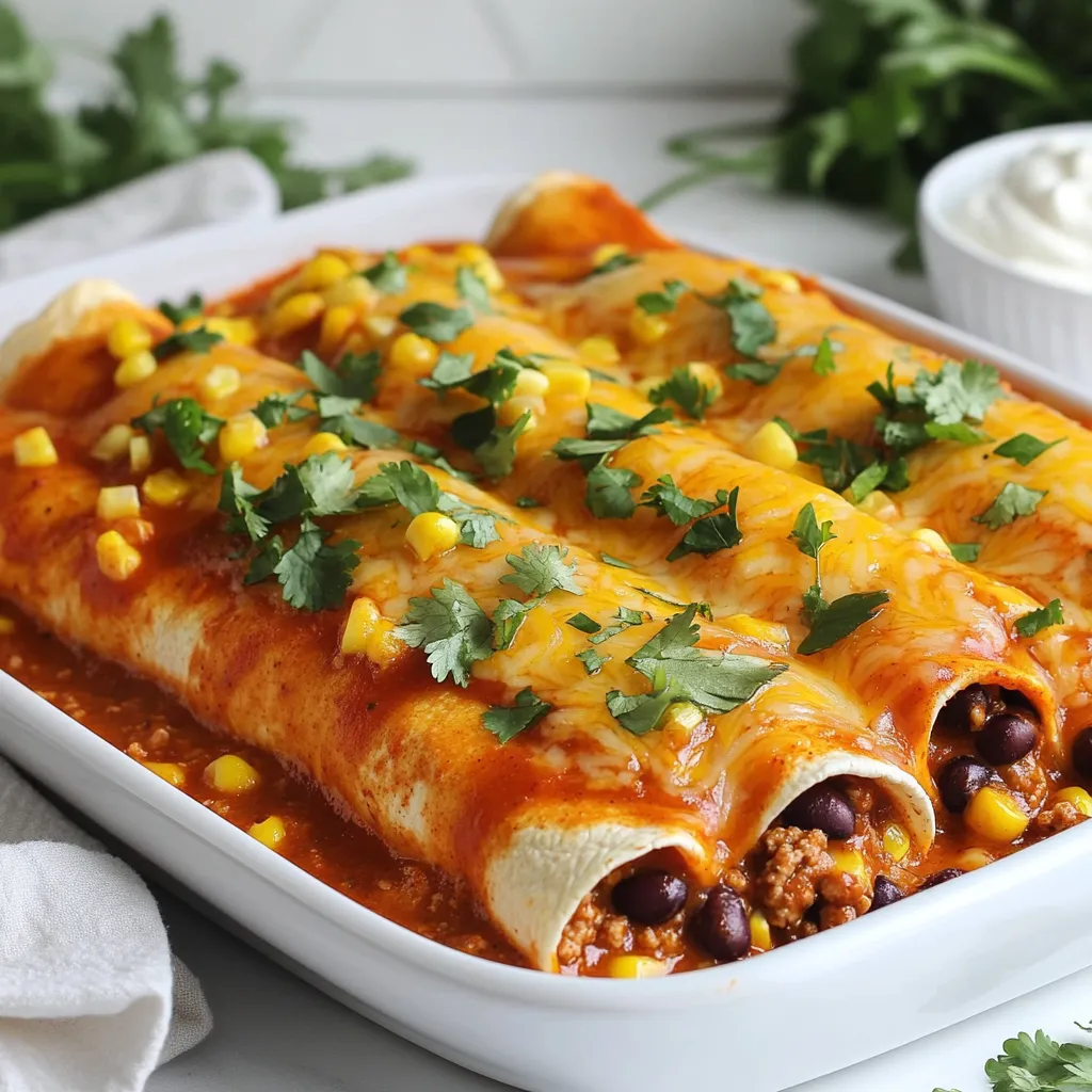 - 1 pound ground turkey - 1 can (15 oz) black beans, rinsed and drained - 1 cup corn (can be fresh or frozen) - 1 small onion, finely diced - 2 cloves garlic, minced - 1 teaspoon ground cumin - 1 teaspoon chili powder - 1/2 teaspoon smoked paprika - Salt and black pepper, to taste - 8 small corn tortillas - 1 cup enchilada sauce (store-bought or homemade) - 1 cup shredded cheddar cheese These ingredients come together to create a hearty, tasty dish. Ground turkey adds protein, while black beans give fiber and texture. The spices bring warmth and flavor, while the corn adds a sweet crunch. - Fresh cilantro leaves, for garnish - Sour cream, for serving (optional) Garnishes can elevate your dish. Fresh cilantro adds color and a burst of flavor. Sour cream adds creaminess and balances the spices. - Large skillet - Spatula - 9x13-inch baking dish - Microwave or dry skillet for warming tortillas These tools help make the cooking process easy and efficient. A large skillet is key for cooking the turkey and veggies. The baking dish is perfect for holding your rolled enchiladas. {{ingredient_image_2}} Start by preheating your oven to 375°F (190°C). This will get it hot and ready for baking. While the oven heats, gather your ingredients. You'll need ground turkey, black beans, corn, onion, garlic, and spices. Make sure the black beans are rinsed and drained. This helps remove extra sodium. Chop the onion and mince the garlic. This will add great flavor. In a large skillet, add the ground turkey. Cook it over medium heat. Use a spatula to break it apart. Brown the turkey for about 5-7 minutes until it is fully cooked. If there is extra fat, drain it from the skillet. Next, add the diced onion and minced garlic to the skillet. Stir often and cook until the onions are soft, about 3-4 minutes. Now, mix in the rinsed black beans, corn, cumin, chili powder, smoked paprika, salt, and black pepper. Cook this mixture for another 4-5 minutes. This helps all the flavors come together. Once done, remove the skillet from heat. To make the corn tortillas easier to roll, warm them first. You can wrap them in a damp paper towel and microwave for 30 seconds. Alternatively, heat them in a dry skillet for a few seconds on each side. Now, take one tortilla and add about 1/4 cup of the turkey and bean filling in the center. Roll the tortilla tightly, tucking in the ends. Place it seam side down in a greased 9x13-inch baking dish. Repeat this process with the remaining tortillas and filling. Once all are rolled, pour the enchilada sauce evenly over them. Make sure they are fully coated. Finally, sprinkle shredded cheddar cheese on top. Now, place the dish in the oven and bake for 20-25 minutes. Look for melted cheese that is bubbly and golden brown. After baking, take them out and let them cool for a few minutes. Enjoy the vibrant flavors of your Ground Turkey Black Bean Enchiladas! To keep your tortillas intact, warm them first. You can use a damp paper towel. Wrap the tortillas and microwave them for about 30 seconds. This makes them soft and easy to roll. If you prefer, heat them one by one in a dry skillet. Just a few seconds on each side works well. This simple step helps avoid tears and keeps your enchiladas neat. When you bake your enchiladas, set your timer for 20-25 minutes. This time is perfect for melting the cheese and making it golden. The sauce should bubble slightly around the edges. If you see this, your enchiladas are ready! Keep an eye on them to avoid overcooking. Overbaked enchiladas can dry out and lose their charm. To boost flavor, consider adding fresh herbs. Chopped cilantro or green onions work great. You can also use lime juice for a zesty kick. If you like heat, add diced jalapeños to the filling. Toasting your spices, like cumin and chili powder, in the skillet before adding other ingredients can deepen their taste. These little tweaks can make your enchiladas stand out. Pro Tips Use Fresh Ingredients: Fresh produce and quality spices enhance the flavor of your enchiladas, making them more vibrant and delicious. Customize Your Fillings: Feel free to add other vegetables like bell peppers or zucchini to the filling for extra nutrition and flavor variety. Make Ahead: You can assemble the enchiladas ahead of time and store them in the fridge overnight before baking for a quick weeknight dinner. Experiment with Toppings: Try different toppings like avocado slices, jalapeños, or a squeeze of lime for added zest and freshness when serving. {{image_4}} If you want to change the meat, ground chicken or beef works well. You can also use diced turkey for a different texture. For a lighter option, try ground chicken. It keeps the dish lean but tasty. If you prefer a plant-based choice, crumbled tempeh or lentils can fit nicely. These options still give you protein and flavor. For gluten-free tortillas, look for corn or almond flour varieties. Many brands offer great gluten-free choices. You can also use lettuce leaves for a fresh twist. This makes a fun and low-carb option. Make sure to check labels to avoid hidden gluten. Enjoy your enchiladas without worry! To make this dish vegetarian, replace ground turkey with black beans or mushrooms. They add texture and flavor. For vegan enchiladas, skip the cheese or use a dairy-free option. Nutritional yeast adds a cheesy taste without dairy. You can also load up on veggies like zucchini or bell peppers for more nutrition. These changes keep the dish hearty and satisfying. After cooking, let the enchiladas cool down for about 30 minutes. This helps stop the cooking process. Once cooled, cover the baking dish tightly with plastic wrap or aluminum foil. You can also transfer them to an airtight container. Store them in the fridge. They will stay fresh for 3 to 4 days. To reheat, preheat your oven to 350°F (175°C). Place the enchiladas in an oven-safe dish. Cover them with foil to keep them moist. Heat for about 15 to 20 minutes or until they are hot throughout. You can also microwave them. Place a few enchiladas on a microwave-safe plate, cover with a damp paper towel, and heat for 1 to 2 minutes. If you want to save some for later, freezing works great. Let the enchiladas cool completely, then wrap each one tightly in plastic wrap. Place them in a freezer bag or container. They can stay in the freezer for up to 3 months. When you're ready to eat, thaw them overnight in the fridge and reheat as usual. Enjoy these tasty meals on busy days! Yes, you can make these enchiladas ahead of time. Prepare them up to the baking step. Once you assemble them, cover the dish tightly and store it in the fridge. Bake them when you are ready to eat. This can save you time on busy nights. If you don’t have enchilada sauce, try using salsa or a homemade sauce. You can blend diced tomatoes, chili powder, and cumin for a quick alternative. Another option is to use a creamy sauce. This will add a different twist to your enchiladas. To spice up your enchiladas, add diced jalapeños to the filling. You can also mix in more chili powder or a dash of hot sauce. If you like, sprinkle some crushed red pepper on top before baking. Adjust the spice to fit your taste. Yes, Ground Turkey Black Bean Enchiladas are a healthy choice. They use lean turkey and black beans, which are high in protein. The corn adds fiber and sweetness. You can also add veggies for more nutrients. Plus, you control the sauce and cheese amounts. You now have a clear path to make Ground Turkey Black Bean Enchiladas. We covered the main ingredients, cooking steps, and useful tips. You learned about variations to fit your needs, like vegetarian options and gluten-free tortillas. I also shared how to store and reheat leftovers. Remember, cooking should be fun! Don’t hesitate to experiment and make this dish your own. Enjoy happy cooking and delicious meals!