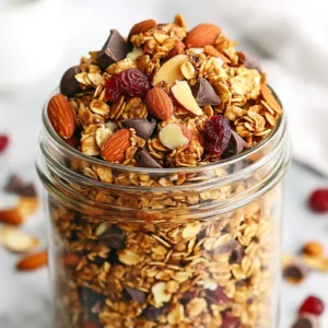To make these tasty clusters, you need: - 2 cups rolled oats - 1 cup almonds, coarsely chopped - 1 cup pecans, coarsely chopped - 1/2 cup unsweetened shredded coconut - 1/2 cup honey or maple syrup - 1/4 cup coconut oil, melted - 1 teaspoon pure vanilla extract - 1/2 teaspoon ground cinnamon - 1/2 teaspoon fine sea salt - 1 cup dried cranberries - 1/2 cup dark chocolate chips These ingredients blend together to create a delightful mix of flavors and textures. Feel free to customize your granola! You can add: - Other nuts like walnuts or pistachios - Seeds such as chia or pumpkin seeds - Dried fruits like apricots or raisins - Different sweeteners like agave syrup or brown sugar These choices let you make the recipe your own and explore new flavors. Each key ingredient brings great health benefits: - Rolled oats: Great for fiber and heart health. - Almonds and pecans: Packed with healthy fats, protein, and vitamins. - Coconut: Provides energy and helps keep you full. - Honey or maple syrup: Natural sweeteners that add flavor without refined sugar. - Cranberries: High in antioxidants and good for urinary health. - Dark chocolate: Contains beneficial flavonoids for heart health. These ingredients make a tasty snack that can nourish your body while satisfying your sweet tooth. {{ingredient_image_2}} First, gather your ingredients. You will need rolled oats, chopped nuts, and coconut. Measure each item carefully. Preheat your oven to 350°F (175°C). This makes sure the granola bakes evenly. Line a baking sheet with parchment paper. This helps the granola come off easily later. In a large mixing bowl, add the rolled oats, chopped almonds, pecans, and shredded coconut. Stir this mixture well. In another bowl, whisk together honey or maple syrup, melted coconut oil, vanilla extract, ground cinnamon, and sea salt. Mix until it’s smooth. Pour the wet mixture into the dry ingredients. Use a spatula to mix everything until the oats and nuts are well coated. Fold in the dried cranberries and dark chocolate chips gently. Make sure they are spread out evenly. Now, spread the granola mixture evenly on the prepared baking sheet. Press down firmly with the spatula. This helps form nice clusters. Bake for 25-30 minutes. Check halfway and stir gently for even cooking. When the edges turn golden brown, it’s ready. Take it out and let it cool on the sheet. This cooling time is key for those tasty clusters. Once cool, break the granola into clusters of your choice. Store in an airtight container to keep them fresh. To get those perfect granola clusters, start by pressing the mixture down tightly on the baking sheet. This compact layer helps the granola stick together. Bake it until the edges turn golden brown. The cooling process is just as important! Let it cool completely on the baking sheet to form those delicious clusters. One common mistake is not mixing the wet and dry ingredients well. Make sure every piece gets coated. Also, don’t skip the pressing step before baking. If you spread the mixture too loosely, it will not clump together. Lastly, avoid overbaking; this can make your clusters hard instead of crunchy. Serve your granola clusters in a stylish glass jar or bowl. They pair well with yogurt or milk for breakfast. You can also snack on them straight from the jar. For added flair, top with extra cranberries and chocolate chips. This makes your treat both tasty and visually appealing! Pro Tips Use Fresh Ingredients: Always opt for fresh, high-quality nuts and dried fruits to enhance the flavor and texture of your granola clusters. Monitor Baking Time: Keep an eye on your granola while baking to prevent burning; the edges should be nicely golden brown but not overly dark. Press for Clusters: Pressing the granola mixture firmly onto the baking sheet before baking will help form those delicious clusters you desire. Cool Completely: Allow the granola to cool completely on the baking sheet to achieve the best cluster formation; warm granola will crumble easily. {{image_4}} You can easily make a nut-free version of these granola clusters. Just swap out the almonds and pecans. Instead, use seeds like pumpkin or sunflower seeds. They add a nice crunch without nuts. This keeps the clusters tasty and safe for nut allergies. Get creative with flavors! You can add spices to change the taste. Try adding a pinch of nutmeg or ginger for warmth. You can also mix in dried fruits like raisins or apricots. Want more sweetness? Add mini marshmallows or coconut flakes. Each change gives a new twist to your clusters. Honey and maple syrup both work well in this recipe. Honey gives a rich sweetness and chewy texture. Maple syrup, on the other hand, adds a unique flavor profile. You can even mix both for a balanced taste. If you prefer a vegan option, stick with maple syrup. Just remember, the choice of sweetener affects the final flavor. To keep your cranberry chocolate granola clusters fresh, store them in an airtight container. This method prevents moisture from getting in. Choose a cool, dark place, like a pantry or cupboard. Avoid storing them near heat sources, as this can make them go stale faster. Homemade granola clusters last about two weeks when stored correctly. You can enjoy their crunchy goodness for this time. If you notice any signs of moisture or softness, it's best to toss them out. Always check for any off smells or changes in texture before snacking. To extend the life of your granola clusters, consider freezing them. Place the clusters in a freezer-safe bag or container. Be sure to remove as much air as possible to prevent freezer burn. When you want to enjoy them, just take out what you need. Let them thaw at room temperature for a few minutes, and they will be ready to eat! Yes, you can use other nuts. Try walnuts, cashews, or hazelnuts. Each nut adds a unique taste and texture. Just keep the total amount of nuts at about two cups. To make this recipe vegan, replace honey with maple syrup. This change keeps it sweet while ensuring it is plant-based. Use dark chocolate that is dairy-free to stay true to vegan standards. I recommend using airtight glass jars or plastic containers. These containers keep the granola fresh and crunchy. If you have a vacuum sealer, that works great too! Yes, you can make this granola gluten-free. Ensure the rolled oats are certified gluten-free. Check all other ingredients for gluten as well, like chocolate and sweeteners. This blog post covered how to make tasty cranberry chocolate granola clusters. We explored the essential and optional ingredients that add flavor and nutrition. You learned step-by-step instructions from prep to baking and cooling. I shared tips to help achieve perfect clusters and avoid common mistakes. We also discussed serving ideas and ways to customize your granola. Remember, with a few simple changes, you can store and enjoy this snack for longer. Now, go ahead and make your own delicious granola!