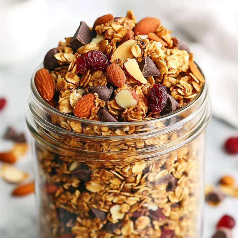 To make these tasty clusters, you need: - 2 cups rolled oats - 1 cup almonds, coarsely chopped - 1 cup pecans, coarsely chopped - 1/2 cup unsweetened shredded coconut - 1/2 cup honey or maple syrup - 1/4 cup coconut oil, melted - 1 teaspoon pure vanilla extract - 1/2 teaspoon ground cinnamon - 1/2 teaspoon fine sea salt - 1 cup dried cranberries - 1/2 cup dark chocolate chips These ingredients blend together to create a delightful mix of flavors and textures. Feel free to customize your granola! You can add: - Other nuts like walnuts or pistachios - Seeds such as chia or pumpkin seeds - Dried fruits like apricots or raisins - Different sweeteners like agave syrup or brown sugar These choices let you make the recipe your own and explore new flavors. Each key ingredient brings great health benefits: - Rolled oats: Great for fiber and heart health. - Almonds and pecans: Packed with healthy fats, protein, and vitamins. - Coconut: Provides energy and helps keep you full. - Honey or maple syrup: Natural sweeteners that add flavor without refined sugar. - Cranberries: High in antioxidants and good for urinary health. - Dark chocolate: Contains beneficial flavonoids for heart health. These ingredients make a tasty snack that can nourish your body while satisfying your sweet tooth. {{ingredient_image_2}} First, gather your ingredients. You will need rolled oats, chopped nuts, and coconut. Measure each item carefully. Preheat your oven to 350°F (175°C). This makes sure the granola bakes evenly. Line a baking sheet with parchment paper. This helps the granola come off easily later. In a large mixing bowl, add the rolled oats, chopped almonds, pecans, and shredded coconut. Stir this mixture well. In another bowl, whisk together honey or maple syrup, melted coconut oil, vanilla extract, ground cinnamon, and sea salt. Mix until it’s smooth. Pour the wet mixture into the dry ingredients. Use a spatula to mix everything until the oats and nuts are well coated. Fold in the dried cranberries and dark chocolate chips gently. Make sure they are spread out evenly. Now, spread the granola mixture evenly on the prepared baking sheet. Press down firmly with the spatula. This helps form nice clusters. Bake for 25-30 minutes. Check halfway and stir gently for even cooking. When the edges turn golden brown, it’s ready. Take it out and let it cool on the sheet. This cooling time is key for those tasty clusters. Once cool, break the granola into clusters of your choice. Store in an airtight container to keep them fresh. To get those perfect granola clusters, start by pressing the mixture down tightly on the baking sheet. This compact layer helps the granola stick together. Bake it until the edges turn golden brown. The cooling process is just as important! Let it cool completely on the baking sheet to form those delicious clusters. One common mistake is not mixing the wet and dry ingredients well. Make sure every piece gets coated. Also, don’t skip the pressing step before baking. If you spread the mixture too loosely, it will not clump together. Lastly, avoid overbaking; this can make your clusters hard instead of crunchy. Serve your granola clusters in a stylish glass jar or bowl. They pair well with yogurt or milk for breakfast. You can also snack on them straight from the jar. For added flair, top with extra cranberries and chocolate chips. This makes your treat both tasty and visually appealing! Pro Tips Use Fresh Ingredients: Always opt for fresh, high-quality nuts and dried fruits to enhance the flavor and texture of your granola clusters. Monitor Baking Time: Keep an eye on your granola while baking to prevent burning; the edges should be nicely golden brown but not overly dark. Press for Clusters: Pressing the granola mixture firmly onto the baking sheet before baking will help form those delicious clusters you desire. Cool Completely: Allow the granola to cool completely on the baking sheet to achieve the best cluster formation; warm granola will crumble easily. {{image_4}} You can easily make a nut-free version of these granola clusters. Just swap out the almonds and pecans. Instead, use seeds like pumpkin or sunflower seeds. They add a nice crunch without nuts. This keeps the clusters tasty and safe for nut allergies. Get creative with flavors! You can add spices to change the taste. Try adding a pinch of nutmeg or ginger for warmth. You can also mix in dried fruits like raisins or apricots. Want more sweetness? Add mini marshmallows or coconut flakes. Each change gives a new twist to your clusters. Honey and maple syrup both work well in this recipe. Honey gives a rich sweetness and chewy texture. Maple syrup, on the other hand, adds a unique flavor profile. You can even mix both for a balanced taste. If you prefer a vegan option, stick with maple syrup. Just remember, the choice of sweetener affects the final flavor. To keep your cranberry chocolate granola clusters fresh, store them in an airtight container. This method prevents moisture from getting in. Choose a cool, dark place, like a pantry or cupboard. Avoid storing them near heat sources, as this can make them go stale faster. Homemade granola clusters last about two weeks when stored correctly. You can enjoy their crunchy goodness for this time. If you notice any signs of moisture or softness, it's best to toss them out. Always check for any off smells or changes in texture before snacking. To extend the life of your granola clusters, consider freezing them. Place the clusters in a freezer-safe bag or container. Be sure to remove as much air as possible to prevent freezer burn. When you want to enjoy them, just take out what you need. Let them thaw at room temperature for a few minutes, and they will be ready to eat! Yes, you can use other nuts. Try walnuts, cashews, or hazelnuts. Each nut adds a unique taste and texture. Just keep the total amount of nuts at about two cups. To make this recipe vegan, replace honey with maple syrup. This change keeps it sweet while ensuring it is plant-based. Use dark chocolate that is dairy-free to stay true to vegan standards. I recommend using airtight glass jars or plastic containers. These containers keep the granola fresh and crunchy. If you have a vacuum sealer, that works great too! Yes, you can make this granola gluten-free. Ensure the rolled oats are certified gluten-free. Check all other ingredients for gluten as well, like chocolate and sweeteners. This blog post covered how to make tasty cranberry chocolate granola clusters. We explored the essential and optional ingredients that add flavor and nutrition. You learned step-by-step instructions from prep to baking and cooling. I shared tips to help achieve perfect clusters and avoid common mistakes. We also discussed serving ideas and ways to customize your granola. Remember, with a few simple changes, you can store and enjoy this snack for longer. Now, go ahead and make your own delicious granola!