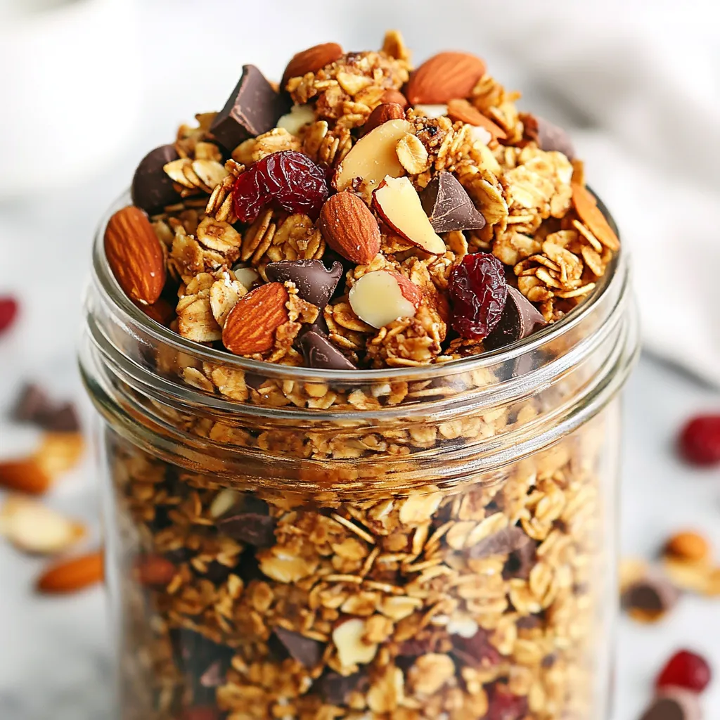 To make these tasty clusters, you need: - 2 cups rolled oats - 1 cup almonds, coarsely chopped - 1 cup pecans, coarsely chopped - 1/2 cup unsweetened shredded coconut - 1/2 cup honey or maple syrup - 1/4 cup coconut oil, melted - 1 teaspoon pure vanilla extract - 1/2 teaspoon ground cinnamon - 1/2 teaspoon fine sea salt - 1 cup dried cranberries - 1/2 cup dark chocolate chips These ingredients blend together to create a delightful mix of flavors and textures. Feel free to customize your granola! You can add: - Other nuts like walnuts or pistachios - Seeds such as chia or pumpkin seeds - Dried fruits like apricots or raisins - Different sweeteners like agave syrup or brown sugar These choices let you make the recipe your own and explore new flavors. Each key ingredient brings great health benefits: - Rolled oats: Great for fiber and heart health. - Almonds and pecans: Packed with healthy fats, protein, and vitamins. - Coconut: Provides energy and helps keep you full. - Honey or maple syrup: Natural sweeteners that add flavor without refined sugar. - Cranberries: High in antioxidants and good for urinary health. - Dark chocolate: Contains beneficial flavonoids for heart health. These ingredients make a tasty snack that can nourish your body while satisfying your sweet tooth. {{ingredient_image_2}} First, gather your ingredients. You will need rolled oats, chopped nuts, and coconut. Measure each item carefully. Preheat your oven to 350°F (175°C). This makes sure the granola bakes evenly. Line a baking sheet with parchment paper. This helps the granola come off easily later. In a large mixing bowl, add the rolled oats, chopped almonds, pecans, and shredded coconut. Stir this mixture well. In another bowl, whisk together honey or maple syrup, melted coconut oil, vanilla extract, ground cinnamon, and sea salt. Mix until it’s smooth. Pour the wet mixture into the dry ingredients. Use a spatula to mix everything until the oats and nuts are well coated. Fold in the dried cranberries and dark chocolate chips gently. Make sure they are spread out evenly. Now, spread the granola mixture evenly on the prepared baking sheet. Press down firmly with the spatula. This helps form nice clusters. Bake for 25-30 minutes. Check halfway and stir gently for even cooking. When the edges turn golden brown, it’s ready. Take it out and let it cool on the sheet. This cooling time is key for those tasty clusters. Once cool, break the granola into clusters of your choice. Store in an airtight container to keep them fresh. To get those perfect granola clusters, start by pressing the mixture down tightly on the baking sheet. This compact layer helps the granola stick together. Bake it until the edges turn golden brown. The cooling process is just as important! Let it cool completely on the baking sheet to form those delicious clusters. One common mistake is not mixing the wet and dry ingredients well. Make sure every piece gets coated. Also, don’t skip the pressing step before baking. If you spread the mixture too loosely, it will not clump together. Lastly, avoid overbaking; this can make your clusters hard instead of crunchy. Serve your granola clusters in a stylish glass jar or bowl. They pair well with yogurt or milk for breakfast. You can also snack on them straight from the jar. For added flair, top with extra cranberries and chocolate chips. This makes your treat both tasty and visually appealing! Pro Tips Use Fresh Ingredients: Always opt for fresh, high-quality nuts and dried fruits to enhance the flavor and texture of your granola clusters. Monitor Baking Time: Keep an eye on your granola while baking to prevent burning; the edges should be nicely golden brown but not overly dark. Press for Clusters: Pressing the granola mixture firmly onto the baking sheet before baking will help form those delicious clusters you desire. Cool Completely: Allow the granola to cool completely on the baking sheet to achieve the best cluster formation; warm granola will crumble easily. {{image_4}} You can easily make a nut-free version of these granola clusters. Just swap out the almonds and pecans. Instead, use seeds like pumpkin or sunflower seeds. They add a nice crunch without nuts. This keeps the clusters tasty and safe for nut allergies. Get creative with flavors! You can add spices to change the taste. Try adding a pinch of nutmeg or ginger for warmth. You can also mix in dried fruits like raisins or apricots. Want more sweetness? Add mini marshmallows or coconut flakes. Each change gives a new twist to your clusters. Honey and maple syrup both work well in this recipe. Honey gives a rich sweetness and chewy texture. Maple syrup, on the other hand, adds a unique flavor profile. You can even mix both for a balanced taste. If you prefer a vegan option, stick with maple syrup. Just remember, the choice of sweetener affects the final flavor. To keep your cranberry chocolate granola clusters fresh, store them in an airtight container. This method prevents moisture from getting in. Choose a cool, dark place, like a pantry or cupboard. Avoid storing them near heat sources, as this can make them go stale faster. Homemade granola clusters last about two weeks when stored correctly. You can enjoy their crunchy goodness for this time. If you notice any signs of moisture or softness, it's best to toss them out. Always check for any off smells or changes in texture before snacking. To extend the life of your granola clusters, consider freezing them. Place the clusters in a freezer-safe bag or container. Be sure to remove as much air as possible to prevent freezer burn. When you want to enjoy them, just take out what you need. Let them thaw at room temperature for a few minutes, and they will be ready to eat! Yes, you can use other nuts. Try walnuts, cashews, or hazelnuts. Each nut adds a unique taste and texture. Just keep the total amount of nuts at about two cups. To make this recipe vegan, replace honey with maple syrup. This change keeps it sweet while ensuring it is plant-based. Use dark chocolate that is dairy-free to stay true to vegan standards. I recommend using airtight glass jars or plastic containers. These containers keep the granola fresh and crunchy. If you have a vacuum sealer, that works great too! Yes, you can make this granola gluten-free. Ensure the rolled oats are certified gluten-free. Check all other ingredients for gluten as well, like chocolate and sweeteners. This blog post covered how to make tasty cranberry chocolate granola clusters. We explored the essential and optional ingredients that add flavor and nutrition. You learned step-by-step instructions from prep to baking and cooling. I shared tips to help achieve perfect clusters and avoid common mistakes. We also discussed serving ideas and ways to customize your granola. Remember, with a few simple changes, you can store and enjoy this snack for longer. Now, go ahead and make your own delicious granola!