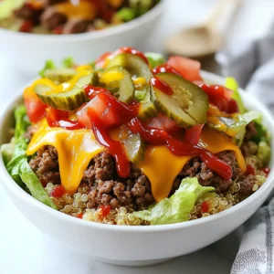 The high protein cheeseburger bowl is easy and fun to make. Here are the ingredients you will need: - 1 lb lean ground beef or turkey - 1 cup cooked quinoa or brown rice - 1 cup chopped romaine lettuce - 1 medium tomato, diced - ½ cup shredded sharp cheddar cheese - ¼ cup diced dill pickles - 2 tablespoons ketchup - 2 tablespoons yellow mustard - 1 tablespoon olive oil - Salt and pepper to taste - Optional toppings: sliced avocado, red onion, hot sauce This list gives you all the flavors of a classic cheeseburger but in a healthy bowl. You can mix and match the toppings to make it your own. Want it creamier? Add some avocado. Want a crunch? Toss in red onion. Each bite is a tasty, protein-packed treat! {{ingredient_image_2}} 1. Heat a skillet over medium heat. Add 1 tablespoon of olive oil. 2. When the oil is hot, crumble 1 lb of lean ground beef or turkey into the skillet. 3. Season the meat with salt and pepper. Stir often, cooking until browned. This takes about 7-10 minutes. 1. While the meat cooks, prepare 1 cup of quinoa or brown rice. Follow the package instructions. 2. Once cooked, fluff the grain with a fork. Set it aside to cool slightly. 3. In a large bowl, spread the cooked quinoa or rice evenly as the base layer. 1. Spoon the cooked ground meat on top of the quinoa or rice. Spread it evenly. 2. Add layers of chopped romaine lettuce, diced tomatoes, shredded cheddar cheese, and diced dill pickles. 3. Drizzle 2 tablespoons of ketchup and 2 tablespoons of yellow mustard over the top. 4. For extra taste, add sliced avocado and thinly sliced red onion. 5. Serve warm or pack in meal prep containers for later. - Ensure the meat is thoroughly cooked. Use a meat thermometer; it should reach 160°F for beef and 165°F for turkey. This keeps the dish safe and tasty. Stir the meat often while cooking. This helps it brown evenly. - Fluff and cool the grain base. After cooking quinoa or brown rice, let it sit. Fluff with a fork to separate the grains. This makes the base light and fluffy, perfect for layering. - Use deep decorative bowls. These bowls hold all the layers well. They also make the meal look more inviting. Choose bright colors to add fun. - Garnish with fresh herbs. Chopped parsley or cilantro adds color and flavor. A sprinkle on top makes the dish pop. - Adjust toppings based on dietary preferences. If you want it lighter, skip the cheese or use less. You can also add more veggies like bell peppers or cucumbers. - Substitute proteins for variety. Try ground chicken or a plant-based option like lentils. This keeps the recipe fresh and exciting each time. Pro Tips Choose the Right Meat: For a leaner option, ground turkey is great, but if you want more flavor, lean ground beef is the way to go. Cook Quinoa Perfectly: Rinse quinoa before cooking to remove bitterness, and use a 2:1 water to quinoa ratio for fluffy results. Layer for Texture: Layering the ingredients not only makes for a beautiful presentation but also enhances the eating experience with varied textures. Meal Prep Friendly: These bowls store well in the fridge for up to 4 days, making them perfect for quick lunches or dinners throughout the week. {{image_4}} If you want to cut carbs, try cauliflower rice. Cauliflower rice is a great swap for quinoa or brown rice. It gives you that bowl base without the extra carbs. To make it, simply pulse cauliflower florets in a food processor. Then, sauté it on medium heat for about five minutes. You’ll get a light and fluffy base that pairs perfectly with the toppings. For a tasty vegetarian bowl, use lentils or plant-based meat alternatives. Cooked lentils work well as a protein-rich base. They add texture while soaking up flavors. If you prefer plant-based meat, choose brands like Beyond Meat or Impossible Burger. These options give you that meaty taste without the meat. Just cook according to package instructions, and layer it in the bowl. To jazz up your cheeseburger bowl, add spices like garlic powder or smoked paprika. Garlic powder gives a savory touch that enhances the meat. Smoked paprika adds a warm and smoky flavor. You can sprinkle these spices while cooking your meat. For extra zest, try a splash of Worcestershire sauce too. These small additions make a big difference in flavor. To keep your High Protein Cheeseburger Bowls fresh, follow some easy tips. First, let the bowls cool to room temperature. This helps avoid condensation in the containers. Then, portion the bowls into airtight containers. You can make four servings at once. Store them in the fridge for quick meals. If you want to add toppings later, keep them separate. This keeps the lettuce crunchy and the avocado fresh. When you're ready to eat, reheating is simple. The best way is to use a microwave. Place the bowl in the microwave and cover it loosely. Heat for 1-2 minutes, checking it often. Stir halfway through to ensure even heating. If you prefer, you can reheat on the stove. Use a skillet over low heat. Add a bit of olive oil to keep it moist. Stir until warmed through. These bowls last about 3-4 days in the fridge. After that, the quality may drop. If you want to keep them longer, consider freezing. They can last up to 3 months in the freezer. Just remember to thaw them overnight in the fridge before reheating. This helps maintain the flavors and textures. Enjoy your bowls fresh for longer! To add heat, you can use hot sauce. Just drizzle it on top. You can also add sliced jalapeños for a fresh kick. Both options give a nice boost to the flavor. If you want more spice, try using spicy mustard instead of yellow mustard. This will add a new layer of heat to your cheeseburger bowl. Yes, this recipe can be gluten-free. Just use gluten-free ketchup and mustard. You can also swap out quinoa with brown rice, as both are naturally gluten-free. If you want more options, try using cauliflower rice for a lighter base. This keeps the meal delicious without gluten. Absolutely! You can use ground chicken or plant-based meat for a tasty twist. If you want a vegetarian option, try lentils or black beans. Both options are high in protein and will fit right into your bowl. You can also use tofu for a unique texture and flavor. This way, you can enjoy the bowl no matter your diet. You can make quick and tasty bowls with lean protein, grains, and fresh veggies. Start by cooking your meat and grains. Then layer your bowls with toppings. Remember: customize based on your tastes. You can create a low-carb or vegetarian option, too. Store leftovers well for later meals. This recipe fits many diets and occasions. Try it today for a simple yet satisfying meal. Your new favorite dish awaits!