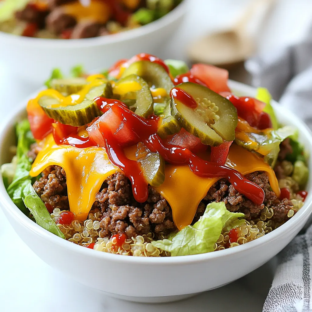 The high protein cheeseburger bowl is easy and fun to make. Here are the ingredients you will need: - 1 lb lean ground beef or turkey - 1 cup cooked quinoa or brown rice - 1 cup chopped romaine lettuce - 1 medium tomato, diced - ½ cup shredded sharp cheddar cheese - ¼ cup diced dill pickles - 2 tablespoons ketchup - 2 tablespoons yellow mustard - 1 tablespoon olive oil - Salt and pepper to taste - Optional toppings: sliced avocado, red onion, hot sauce This list gives you all the flavors of a classic cheeseburger but in a healthy bowl. You can mix and match the toppings to make it your own. Want it creamier? Add some avocado. Want a crunch? Toss in red onion. Each bite is a tasty, protein-packed treat! {{ingredient_image_2}} 1. Heat a skillet over medium heat. Add 1 tablespoon of olive oil. 2. When the oil is hot, crumble 1 lb of lean ground beef or turkey into the skillet. 3. Season the meat with salt and pepper. Stir often, cooking until browned. This takes about 7-10 minutes. 1. While the meat cooks, prepare 1 cup of quinoa or brown rice. Follow the package instructions. 2. Once cooked, fluff the grain with a fork. Set it aside to cool slightly. 3. In a large bowl, spread the cooked quinoa or rice evenly as the base layer. 1. Spoon the cooked ground meat on top of the quinoa or rice. Spread it evenly. 2. Add layers of chopped romaine lettuce, diced tomatoes, shredded cheddar cheese, and diced dill pickles. 3. Drizzle 2 tablespoons of ketchup and 2 tablespoons of yellow mustard over the top. 4. For extra taste, add sliced avocado and thinly sliced red onion. 5. Serve warm or pack in meal prep containers for later. - Ensure the meat is thoroughly cooked. Use a meat thermometer; it should reach 160°F for beef and 165°F for turkey. This keeps the dish safe and tasty. Stir the meat often while cooking. This helps it brown evenly. - Fluff and cool the grain base. After cooking quinoa or brown rice, let it sit. Fluff with a fork to separate the grains. This makes the base light and fluffy, perfect for layering. - Use deep decorative bowls. These bowls hold all the layers well. They also make the meal look more inviting. Choose bright colors to add fun. - Garnish with fresh herbs. Chopped parsley or cilantro adds color and flavor. A sprinkle on top makes the dish pop. - Adjust toppings based on dietary preferences. If you want it lighter, skip the cheese or use less. You can also add more veggies like bell peppers or cucumbers. - Substitute proteins for variety. Try ground chicken or a plant-based option like lentils. This keeps the recipe fresh and exciting each time. Pro Tips Choose the Right Meat: For a leaner option, ground turkey is great, but if you want more flavor, lean ground beef is the way to go. Cook Quinoa Perfectly: Rinse quinoa before cooking to remove bitterness, and use a 2:1 water to quinoa ratio for fluffy results. Layer for Texture: Layering the ingredients not only makes for a beautiful presentation but also enhances the eating experience with varied textures. Meal Prep Friendly: These bowls store well in the fridge for up to 4 days, making them perfect for quick lunches or dinners throughout the week. {{image_4}} If you want to cut carbs, try cauliflower rice. Cauliflower rice is a great swap for quinoa or brown rice. It gives you that bowl base without the extra carbs. To make it, simply pulse cauliflower florets in a food processor. Then, sauté it on medium heat for about five minutes. You’ll get a light and fluffy base that pairs perfectly with the toppings. For a tasty vegetarian bowl, use lentils or plant-based meat alternatives. Cooked lentils work well as a protein-rich base. They add texture while soaking up flavors. If you prefer plant-based meat, choose brands like Beyond Meat or Impossible Burger. These options give you that meaty taste without the meat. Just cook according to package instructions, and layer it in the bowl. To jazz up your cheeseburger bowl, add spices like garlic powder or smoked paprika. Garlic powder gives a savory touch that enhances the meat. Smoked paprika adds a warm and smoky flavor. You can sprinkle these spices while cooking your meat. For extra zest, try a splash of Worcestershire sauce too. These small additions make a big difference in flavor. To keep your High Protein Cheeseburger Bowls fresh, follow some easy tips. First, let the bowls cool to room temperature. This helps avoid condensation in the containers. Then, portion the bowls into airtight containers. You can make four servings at once. Store them in the fridge for quick meals. If you want to add toppings later, keep them separate. This keeps the lettuce crunchy and the avocado fresh. When you're ready to eat, reheating is simple. The best way is to use a microwave. Place the bowl in the microwave and cover it loosely. Heat for 1-2 minutes, checking it often. Stir halfway through to ensure even heating. If you prefer, you can reheat on the stove. Use a skillet over low heat. Add a bit of olive oil to keep it moist. Stir until warmed through. These bowls last about 3-4 days in the fridge. After that, the quality may drop. If you want to keep them longer, consider freezing. They can last up to 3 months in the freezer. Just remember to thaw them overnight in the fridge before reheating. This helps maintain the flavors and textures. Enjoy your bowls fresh for longer! To add heat, you can use hot sauce. Just drizzle it on top. You can also add sliced jalapeños for a fresh kick. Both options give a nice boost to the flavor. If you want more spice, try using spicy mustard instead of yellow mustard. This will add a new layer of heat to your cheeseburger bowl. Yes, this recipe can be gluten-free. Just use gluten-free ketchup and mustard. You can also swap out quinoa with brown rice, as both are naturally gluten-free. If you want more options, try using cauliflower rice for a lighter base. This keeps the meal delicious without gluten. Absolutely! You can use ground chicken or plant-based meat for a tasty twist. If you want a vegetarian option, try lentils or black beans. Both options are high in protein and will fit right into your bowl. You can also use tofu for a unique texture and flavor. This way, you can enjoy the bowl no matter your diet. You can make quick and tasty bowls with lean protein, grains, and fresh veggies. Start by cooking your meat and grains. Then layer your bowls with toppings. Remember: customize based on your tastes. You can create a low-carb or vegetarian option, too. Store leftovers well for later meals. This recipe fits many diets and occasions. Try it today for a simple yet satisfying meal. Your new favorite dish awaits!