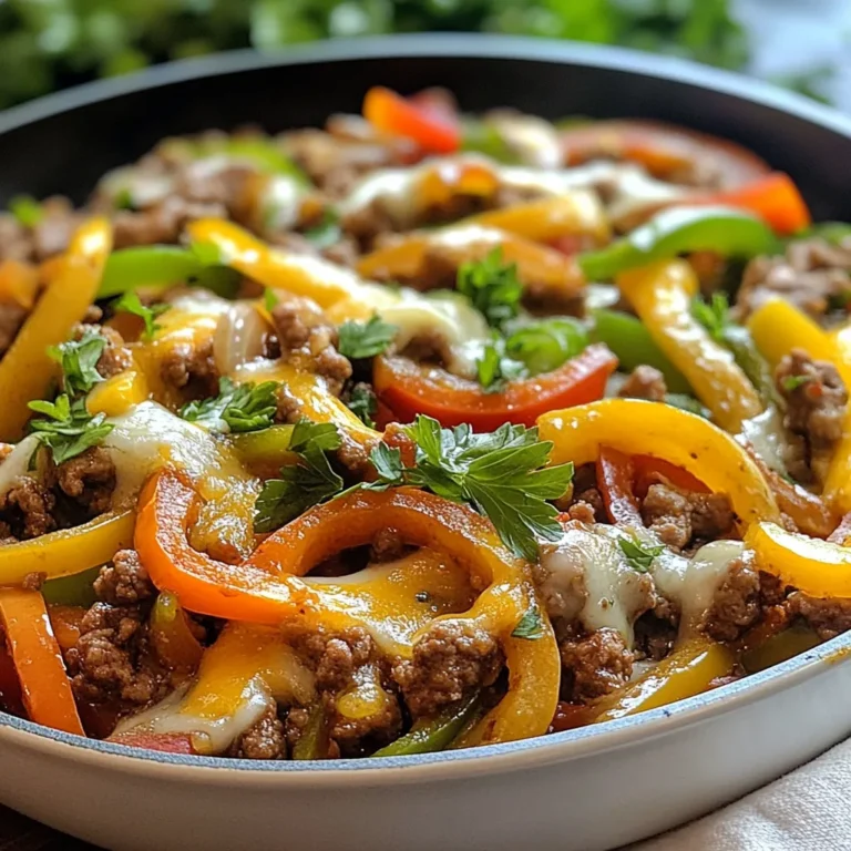 This dish uses simple, tasty ingredients. Here’s what you need: - 1 lb ground beef - 1 tablespoon olive oil - 1 medium onion, thinly sliced - 1 green bell pepper, thinly sliced - 1 red bell pepper, thinly sliced - 2 cloves garlic, minced - 1 teaspoon Worcestershire sauce - 1 teaspoon onion powder - 1 teaspoon garlic powder - Salt and pepper to taste - 4 slices provolone cheese (or your favorite cheese) - Fresh parsley, chopped (for garnish) Each item adds flavor and texture. The ground beef gives protein and heartiness. The peppers and onion add crunch and sweetness. Garlic adds a punch of flavor that makes this dish shine. Cheese is key to a great cheesesteak. Provolone is classic and melts well. You could also use: - Cheddar for a sharp taste - Mozzarella for a milder flavor - American for that gooey texture Feel free to mix cheeses for a unique taste. Each choice changes the flavor, so experiment to find your favorite. Garnishes make the dish look fresh and inviting. I love to add: - Fresh parsley, chopped - Crushed red pepper for heat - Pickles for crunch Garnishes not only add color, but they also enhance the taste. They make your skillet look great and add a final touch of flavor. Plus, they are easy to find and prepare. {{ingredient_image_2}} Start by heating the olive oil in your skillet. Use medium heat until the oil shimmers. Then, add the ground beef. Break it apart with a spatula as it cooks. Brown it for about 5 to 7 minutes. If there is extra fat, drain it out. Next, slice your onion, green bell pepper, and red bell pepper thinly. Mince two cloves of garlic. Once the beef is done, toss in the sliced veggies and minced garlic. Stir everything together. Cook for about 5 minutes until the veggies soften and the onions turn clear. After the veggies soften, pour in the Worcestershire sauce. This adds a rich flavor to the mix. Then, sprinkle the onion powder and garlic powder over everything. Add salt and pepper to taste. Stir well to combine all the ingredients. This step ensures that every bite is full of flavor. Keep the heat at a gentle simmer while you prepare for the next step. Now, it's time for the cheese! Lay the provolone cheese slices evenly over the beef and veggies. Cover the skillet with a lid. Let it sit for about 2 to 3 minutes. This helps the cheese melt into a gooey delight. Once the cheese is melted, take the skillet off the heat. For a pop of color, sprinkle freshly chopped parsley on top. Serve hot and enjoy your flavorful Ground Beef Philly Cheesesteak Skillet! Start with a hot skillet. Heat the olive oil until it shimmers. Add the ground beef and break it up with a spatula. Cook it until it turns brown, about 5 to 7 minutes. Make sure it cooks evenly. If you see extra fat, drain it before adding veggies. This keeps the dish from being greasy. Add Worcestershire sauce for depth. It gives a rich umami flavor. Sprinkle onion powder and garlic powder next. These spices boost the taste without extra work. Don’t forget salt and pepper! They help round out the flavors. Mix everything well to ensure even seasoning. Layer provolone cheese on top of the beef mixture. Cover the skillet with a lid. This traps heat and helps the cheese melt perfectly. Let it sit for 2 to 3 minutes. The cheese should be gooey and delicious. For extra flavor, try different cheeses. Cheddar or mozzarella can also work well! Pro Tips Choose Your Cheese: While provolone is traditional, feel free to experiment with other cheeses like cheddar or mozzarella for a unique twist on flavor. Veggie Variations: Add mushrooms or jalapeños for extra flavor and texture; they complement the beef beautifully. Make It Spicy: If you enjoy a bit of heat, consider adding a pinch of red pepper flakes or a dash of hot sauce when mixing in the Worcestershire sauce. Perfectly Toasted Buns: For the best experience, toast your hoagie rolls lightly in the oven or on a skillet before filling them with the cheesesteak mixture. {{image_4}} You can switch out the ground beef for other meats. Ground turkey works well. It has a lighter taste but can still hold flavor. Ground chicken is another option. If you want something different, try diced steak. You can also use plant-based ground meat for a vegan dish. Each protein brings its own flavor, so feel free to experiment. While onions and bell peppers are classic, you can mix it up. Try adding mushrooms for a rich taste. Spinach or kale can add a nice green touch. Carrots bring sweetness, while jalapeños add heat. Experiment with what you have at home. Each veggie changes the dish and adds new flavors. Provolone is great, but you can choose other cheeses too. Cheddar gives a sharp flavor. Monterey Jack melts well and adds creaminess. For a kick, try pepper jack cheese. If you want a gourmet touch, use gouda or fontina. Each cheese will change the dish's character, so have fun with it. To keep your Ground Beef Philly Cheesesteak Skillet fresh, store it in an airtight container. Let the dish cool for about 30 minutes before sealing it. This helps prevent moisture from building up inside the container. Place it in the fridge if you plan to eat it within three days. For longer storage, consider freezing it. Reheat your skillet dish in a pan over medium heat. Add a splash of water or broth to keep it moist. Stir often to heat it evenly. You can also use the microwave. Place it in a microwave-safe dish and cover it with a damp paper towel. Heat in short bursts, stirring in between, until hot. If you want to freeze the skillet, portion it out first. Use freezer-safe bags or containers. Remove as much air as possible to prevent freezer burn. Label the bags with the date. This dish can last up to three months in the freezer. Thaw it overnight in the fridge before reheating. Yes, you can use ground turkey in place of ground beef. Turkey offers a leaner option. It has a milder flavor but works well with all the spices. Just follow the same cooking steps. You may want to add a bit of olive oil for moisture. Many sides go great with this skillet dish. Here are a few ideas: - Crispy French fries - Potato chips - A fresh garden salad - Steamed broccoli - Pickles for a crunchy bite Each of these sides will add a nice touch to your meal. Making this dish ahead is easy and smart! Cook the beef and veggies as usual. Let them cool, then store in the fridge. When ready to serve, reheat in a skillet. Add cheese and melt as you warm it up. This keeps it tasty and fresh. You can create a delicious Ground Beef Philly Cheesesteak Skillet with simple steps. We covered main ingredients, tasty cheese options, and ways to enhance flavor. Proper cooking ensures great texture, and unique variations help keep it fresh. Don't forget about storage and reheating tips for leftovers. This dish is easy to make and fun to share. Enjoying this meal together makes it even better. Try it, and make it your own!