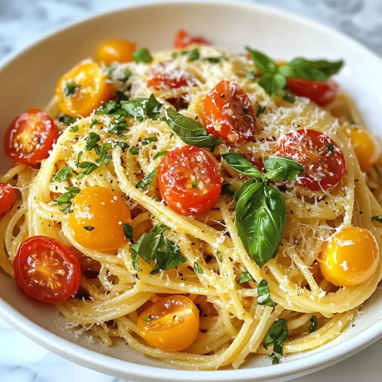 - 8 oz spaghetti or your preferred pasta - 2 cups cherry tomatoes, halved - 4 tablespoons unsalted butter - 3 cloves garlic, finely minced - 1 teaspoon dried basil (or 1/4 cup fresh basil, chopped) - 1/2 teaspoon red pepper flakes (optional for a kick) - Sea salt and freshly cracked black pepper to taste - Freshly grated Parmesan cheese, for finishing - Fresh basil leaves, for garnishing You can swap spaghetti for any pasta you like. Penne or fusilli work well too. If you can’t find cherry tomatoes, use grape tomatoes instead. They taste just as sweet. For butter, try olive oil for a lighter flavor. If you want a vegan dish, skip the cheese and butter. Use vegan butter or a plant-based oil instead. Fresh ingredients bring bright flavors. Fresh basil gives a vibrant taste that dried basil can’t match. Use fresh tomatoes when in season. They add a juicy burst. Dried ingredients, like herbs and spices, are handy for quick meals. They still add flavor, but fresh is best for special dinners. Always keep a balance between both types in your kitchen. {{ingredient_image_2}} Start by boiling a large pot of salted water. Add 8 oz of your favorite pasta, like spaghetti. Cook it according to the package instructions. Aim for al dente, which means firm but not hard. Before you drain the pasta, save 1 cup of that starchy water. This water helps to create a smooth sauce. Drain the pasta and set it aside. Grab a large skillet and heat it over medium heat. Add 4 tablespoons of unsalted butter and let it melt. When the butter is melted, toss in 3 finely minced garlic cloves. Sauté for about 1 minute. Your kitchen will smell amazing! Be careful not to burn the garlic; it can turn bitter. Next, add 2 cups of halved cherry tomatoes. Stir them often and let them cook for 5-7 minutes. They should soften and start to caramelize, bringing out their rich flavor. When the tomatoes are ready, season them with 1 teaspoon of dried basil. If you prefer fresh basil, wait until the end to add it. If you like a little heat, sprinkle in 1/2 teaspoon of red pepper flakes. Season with sea salt and freshly cracked black pepper to taste. Now, add the drained pasta directly to the skillet. Toss everything together. Gradually add some of that reserved pasta water, a little at a time. This starchy water helps to make the sauce silky. Make sure everything is well mixed. Now, plate your pasta and sprinkle freshly grated Parmesan cheese on top. Finish with fresh basil leaves for a burst of flavor. Enjoy your beautiful dish! To make the sauce creamy, use the starchy pasta water. Reserve one cup before draining the pasta. Add it slowly while mixing. This step helps the sauce cling to the pasta. It gives a silky feel that makes each bite better. Start with good quality butter. It adds richness. Use fresh garlic for a stronger taste. You can add red pepper flakes if you like heat. Fresh basil brings a bright note. Always taste and adjust salt and pepper as needed. This lets you control the flavor balance. Serve your pasta in shallow bowls. This makes it look fancy. Top with extra Parmesan to catch the eye. Add a fresh basil leaf for color. You can also drizzle a bit of olive oil over the top. This will make your dish shine and taste even better! Pro Tips Use Fresh Ingredients: Opt for the ripest cherry tomatoes and fresh basil for a more vibrant flavor that elevates the dish. Don’t Skip the Pasta Water: The starchy pasta water is key for achieving a creamy sauce without additional cream. Gradually add it to control the consistency. Customize the Heat: Adjust the amount of red pepper flakes according to your heat preference. Start with a small amount and add more if desired. Experiment with Cheese: While Parmesan is traditional, try using Pecorino Romano or a blend of cheeses for a unique flavor twist! {{image_4}} You can easily add protein to your tomato butter pasta. Grilled chicken or shrimp work great. They offer a nice contrast to the creamy sauce. For chicken, cook it in the pan before adding the garlic. For shrimp, add them right after the garlic. They should cook in about 3-4 minutes. This will make your dish more filling and delicious. If you want a vegetarian version, skip the cheese or use a plant-based alternative. You can add veggies like spinach, zucchini, or bell peppers for more flavor. Sauté them with the garlic and tomatoes for a tasty mix. For a vegan option, use vegan butter and nutritional yeast instead of cheese. This keeps the dish rich and satisfying. You can change the flavor of your pasta with different herbs. Try fresh parsley, oregano, or thyme for a new taste. You can mix these in with the tomatoes while they cook. Cheese lovers can switch up the cheese too. Instead of Parmesan, try feta or goat cheese. Both add a unique twist to the dish. Mixing in a bit of lemon juice can also brighten the flavors. Store your leftover Tomato Butter Pasta in an airtight container. It will keep well in the fridge for up to three days. Make sure to let it cool down before sealing the container. This helps keep the pasta fresh and tasty. If you want to enjoy it later, take out the pasta and check for any extra sauce. This will help prevent it from drying out. You can freeze Tomato Butter Pasta, but there are a few tips. First, let the pasta cool completely. Then, place it in a freezer-safe container. You can also use freezer bags for easier storage. Make sure to remove as much air as you can. This dish stays good in the freezer for about one month. Just remember, the texture might change a little after freezing. When it's time to eat your leftovers, reheat them gently. You can use a microwave or a skillet. If using the microwave, cover the pasta with a damp paper towel. This keeps it moist while heating. If using a skillet, add a splash of water or extra butter. This will help revive the sauce and make it creamy again. Stir well and heat until warm. Enjoy your delicious meal! Yes, you can use any pasta you like. Some great options are penne, fettuccine, or even whole wheat pasta. Just make sure to adjust the cooking time based on the type of pasta you choose. Each shape holds sauce differently, so experiment to find your favorite. To add heat, include red pepper flakes. Start with a half teaspoon and adjust to your taste. You can also add sliced jalapeños or a dash of hot sauce. Just remember to balance the spice with the sweetness of the tomatoes. Tomato Butter Pasta pairs well with a fresh salad or garlic bread. A simple arugula salad with lemon dressing adds brightness. For a heartier meal, grilled chicken or shrimp work great. You can also serve it alongside roasted vegetables for extra flavor. This post covered key steps to make Tomato Butter Pasta. We explored the best ingredients and helpful substitutions. You learned how to cook pasta and combine it with sauce perfectly. Plus, I shared tips to enhance flavor and improve presentation. Lastly, don't forget the variations to suit your taste. You can turn this dish vegetarian or add proteins. With proper storage advice, your leftovers can taste great too. Enjoy making this dish your own!