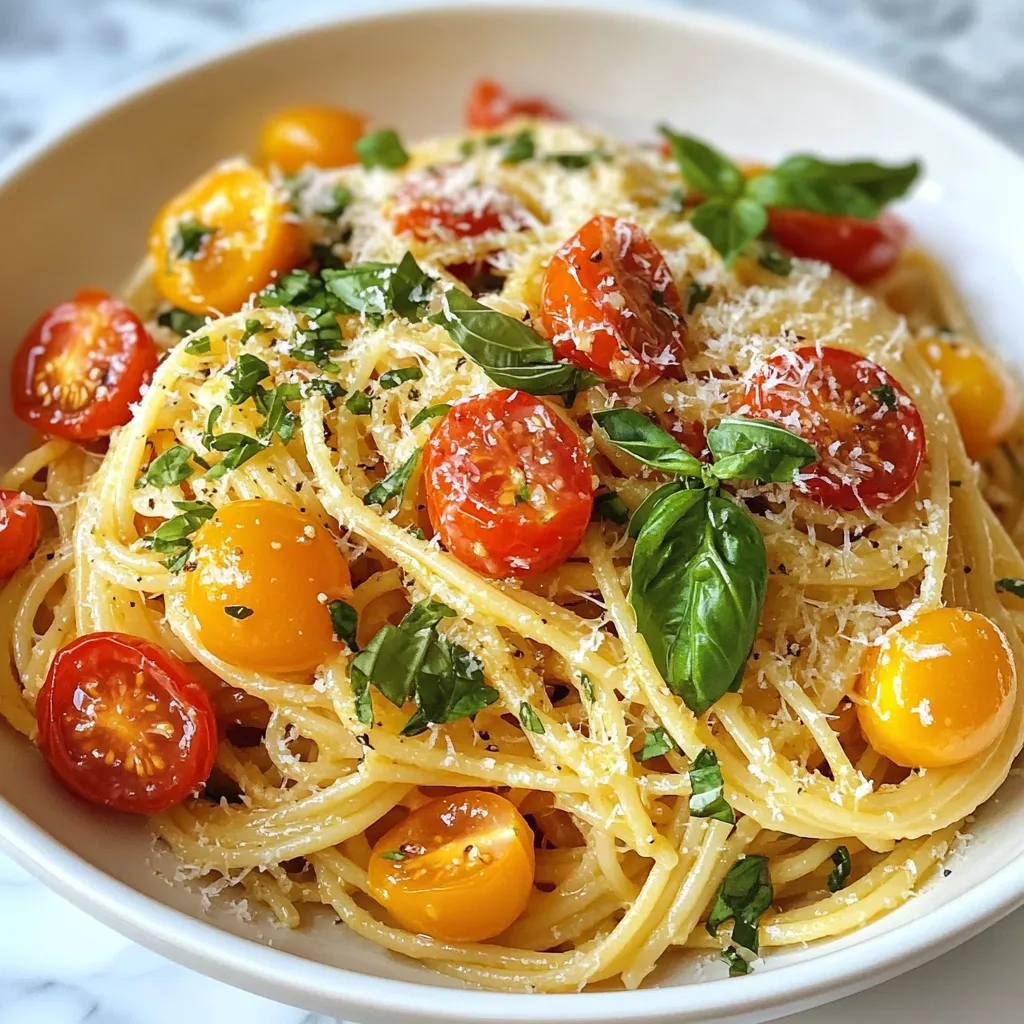 - 8 oz spaghetti or your preferred pasta - 2 cups cherry tomatoes, halved - 4 tablespoons unsalted butter - 3 cloves garlic, finely minced - 1 teaspoon dried basil (or 1/4 cup fresh basil, chopped) - 1/2 teaspoon red pepper flakes (optional for a kick) - Sea salt and freshly cracked black pepper to taste - Freshly grated Parmesan cheese, for finishing - Fresh basil leaves, for garnishing You can swap spaghetti for any pasta you like. Penne or fusilli work well too. If you can’t find cherry tomatoes, use grape tomatoes instead. They taste just as sweet. For butter, try olive oil for a lighter flavor. If you want a vegan dish, skip the cheese and butter. Use vegan butter or a plant-based oil instead. Fresh ingredients bring bright flavors. Fresh basil gives a vibrant taste that dried basil can’t match. Use fresh tomatoes when in season. They add a juicy burst. Dried ingredients, like herbs and spices, are handy for quick meals. They still add flavor, but fresh is best for special dinners. Always keep a balance between both types in your kitchen. {{ingredient_image_2}} Start by boiling a large pot of salted water. Add 8 oz of your favorite pasta, like spaghetti. Cook it according to the package instructions. Aim for al dente, which means firm but not hard. Before you drain the pasta, save 1 cup of that starchy water. This water helps to create a smooth sauce. Drain the pasta and set it aside. Grab a large skillet and heat it over medium heat. Add 4 tablespoons of unsalted butter and let it melt. When the butter is melted, toss in 3 finely minced garlic cloves. Sauté for about 1 minute. Your kitchen will smell amazing! Be careful not to burn the garlic; it can turn bitter. Next, add 2 cups of halved cherry tomatoes. Stir them often and let them cook for 5-7 minutes. They should soften and start to caramelize, bringing out their rich flavor. When the tomatoes are ready, season them with 1 teaspoon of dried basil. If you prefer fresh basil, wait until the end to add it. If you like a little heat, sprinkle in 1/2 teaspoon of red pepper flakes. Season with sea salt and freshly cracked black pepper to taste. Now, add the drained pasta directly to the skillet. Toss everything together. Gradually add some of that reserved pasta water, a little at a time. This starchy water helps to make the sauce silky. Make sure everything is well mixed. Now, plate your pasta and sprinkle freshly grated Parmesan cheese on top. Finish with fresh basil leaves for a burst of flavor. Enjoy your beautiful dish! To make the sauce creamy, use the starchy pasta water. Reserve one cup before draining the pasta. Add it slowly while mixing. This step helps the sauce cling to the pasta. It gives a silky feel that makes each bite better. Start with good quality butter. It adds richness. Use fresh garlic for a stronger taste. You can add red pepper flakes if you like heat. Fresh basil brings a bright note. Always taste and adjust salt and pepper as needed. This lets you control the flavor balance. Serve your pasta in shallow bowls. This makes it look fancy. Top with extra Parmesan to catch the eye. Add a fresh basil leaf for color. You can also drizzle a bit of olive oil over the top. This will make your dish shine and taste even better! Pro Tips Use Fresh Ingredients: Opt for the ripest cherry tomatoes and fresh basil for a more vibrant flavor that elevates the dish. Don’t Skip the Pasta Water: The starchy pasta water is key for achieving a creamy sauce without additional cream. Gradually add it to control the consistency. Customize the Heat: Adjust the amount of red pepper flakes according to your heat preference. Start with a small amount and add more if desired. Experiment with Cheese: While Parmesan is traditional, try using Pecorino Romano or a blend of cheeses for a unique flavor twist! {{image_4}} You can easily add protein to your tomato butter pasta. Grilled chicken or shrimp work great. They offer a nice contrast to the creamy sauce. For chicken, cook it in the pan before adding the garlic. For shrimp, add them right after the garlic. They should cook in about 3-4 minutes. This will make your dish more filling and delicious. If you want a vegetarian version, skip the cheese or use a plant-based alternative. You can add veggies like spinach, zucchini, or bell peppers for more flavor. Sauté them with the garlic and tomatoes for a tasty mix. For a vegan option, use vegan butter and nutritional yeast instead of cheese. This keeps the dish rich and satisfying. You can change the flavor of your pasta with different herbs. Try fresh parsley, oregano, or thyme for a new taste. You can mix these in with the tomatoes while they cook. Cheese lovers can switch up the cheese too. Instead of Parmesan, try feta or goat cheese. Both add a unique twist to the dish. Mixing in a bit of lemon juice can also brighten the flavors. Store your leftover Tomato Butter Pasta in an airtight container. It will keep well in the fridge for up to three days. Make sure to let it cool down before sealing the container. This helps keep the pasta fresh and tasty. If you want to enjoy it later, take out the pasta and check for any extra sauce. This will help prevent it from drying out. You can freeze Tomato Butter Pasta, but there are a few tips. First, let the pasta cool completely. Then, place it in a freezer-safe container. You can also use freezer bags for easier storage. Make sure to remove as much air as you can. This dish stays good in the freezer for about one month. Just remember, the texture might change a little after freezing. When it's time to eat your leftovers, reheat them gently. You can use a microwave or a skillet. If using the microwave, cover the pasta with a damp paper towel. This keeps it moist while heating. If using a skillet, add a splash of water or extra butter. This will help revive the sauce and make it creamy again. Stir well and heat until warm. Enjoy your delicious meal! Yes, you can use any pasta you like. Some great options are penne, fettuccine, or even whole wheat pasta. Just make sure to adjust the cooking time based on the type of pasta you choose. Each shape holds sauce differently, so experiment to find your favorite. To add heat, include red pepper flakes. Start with a half teaspoon and adjust to your taste. You can also add sliced jalapeños or a dash of hot sauce. Just remember to balance the spice with the sweetness of the tomatoes. Tomato Butter Pasta pairs well with a fresh salad or garlic bread. A simple arugula salad with lemon dressing adds brightness. For a heartier meal, grilled chicken or shrimp work great. You can also serve it alongside roasted vegetables for extra flavor. This post covered key steps to make Tomato Butter Pasta. We explored the best ingredients and helpful substitutions. You learned how to cook pasta and combine it with sauce perfectly. Plus, I shared tips to enhance flavor and improve presentation. Lastly, don't forget the variations to suit your taste. You can turn this dish vegetarian or add proteins. With proper storage advice, your leftovers can taste great too. Enjoy making this dish your own!