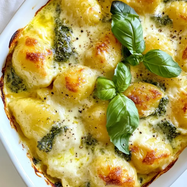 To make a delicious Creamy Pesto Spinach Gnocchi Bake, you need the right ingredients. Each one plays a key role in bringing flavors together. Here’s what you will need: - 1 pound potato gnocchi - 2 cups fresh spinach, roughly chopped - 1 cup basil pesto (store-bought or homemade) - 1 cup heavy cream - 1 cup mozzarella cheese, shredded - 1/2 cup Parmesan cheese, finely grated - 2 cloves garlic, minced - Salt and freshly cracked pepper, to taste - 1 tablespoon olive oil - 1/4 teaspoon red pepper flakes (optional for a spicy kick) - Fresh basil leaves, for a vibrant garnish Each ingredient adds something special. The potato gnocchi gives a soft base. Fresh spinach adds color and nutrients. Basil pesto brings a burst of flavor, while heavy cream creates a rich sauce. Cheese makes everything gooey and comforting. Don't forget the garlic! It adds depth and aroma. Use salt and pepper to enhance the taste. Red pepper flakes can give a nice kick if you like spice. Lastly, fresh basil leaves make the dish look stunning. This combination creates a savory delight that everyone will love! {{ingredient_image_2}} First, preheat your oven to 400°F (200°C). This step is key for even baking and a nice crust. Next, boil a large pot of salted water. Add 1 pound of potato gnocchi. Follow the package instructions. When the gnocchi rise to the surface, they are ready. Remove them with a slotted spoon and let cool in a bowl. In a large skillet, heat 1 tablespoon of olive oil over medium heat. Add 2 cloves of minced garlic. Sauté for about 1 minute until fragrant. Then, add 2 cups of chopped spinach. Cook for 2-3 minutes until the spinach wilts but stays bright green. In a big mixing bowl, combine the cooled gnocchi, sautéed spinach, 1 cup of basil pesto, and 1 cup of heavy cream. Fold everything gently until the gnocchi is well-coated with the creamy mix. Now, mix in half of the shredded mozzarella cheese and half of the grated Parmesan cheese. Season with salt, freshly cracked pepper, and red pepper flakes if you like some heat. Pour the creamy mixture into a greased 9x13 inch baking dish. Spread it out evenly for even cooking. Sprinkle the remaining mozzarella and Parmesan cheese over the top. This will create a golden, bubbly crust while baking. Place the dish in the oven and bake for 20-25 minutes. You want the cheese to be bubbly and turn a lovely golden brown. After baking, remove the dish from the oven. Let it cool for a few minutes. This resting time helps everything set up nicely for serving. Before serving, add fresh basil leaves on top for a pop of color and flavor. Serve warm and enjoy this creamy, savory delight! To make the sauce rich and creamy, use heavy cream. It adds a smooth texture. Mix in basil pesto for flavor. You can make your own pesto, or use store-bought. If you want a thicker sauce, add more cream. For a lighter option, use half-and-half instead. If you like heat, add red pepper flakes. Start with 1/4 teaspoon. You can always add more if needed. If you prefer a milder taste, skip the flakes entirely. You can also use fresh black pepper for a subtle kick. Taste as you go to find your perfect spice level. For a beautiful display, serve in individual bowls. Add a drizzle of extra pesto on top. Fresh basil leaves can brighten the dish. A sprinkle of extra cheese also looks nice. This adds to the flavor and makes it more appealing. Enjoy the dish while it’s warm for the best taste and texture. Pro Tips Tip Title: Cook Gnocchi Properly: Make sure to follow the package instructions for cooking the gnocchi. Overcooking can lead to mushy gnocchi, so keep an eye on them as they rise to the surface of the boiling water. Tip Title: Fresh Spinach Substitute: If fresh spinach isn't available, you can use frozen spinach. Just make sure to thaw and drain it well to avoid excess moisture in the dish. Tip Title: Cheese Variations: Feel free to experiment with different cheeses! A mix of provolone or fontina can add a unique flavor profile to your bake. Tip Title: Make Ahead: This dish can be assembled ahead of time and stored in the fridge for up to 24 hours. Just add a few extra minutes to the baking time if cooking from cold. {{image_4}} You can easily add protein to this dish. Try cooked chicken or shrimp. They blend well with the creamy flavors. You can also use Italian sausage for a rich taste. Just cook the protein first and mix it in with the gnocchi. This change makes the dish heartier and more filling. If you want a vegetarian spin, use mushrooms or zucchini. Both add great texture and flavor. Sauté the mushrooms until they are golden brown. For zucchini, slice it thin and add it with the spinach. You can also add chickpeas for a protein boost while keeping it meat-free. Making your own pesto is simple and delicious. You need fresh basil, garlic, pine nuts, olive oil, and Parmesan cheese. Blend these ingredients until smooth. Use it instead of store-bought pesto for a fresher taste. Homemade pesto also lets you control the flavor and texture. You can adjust the garlic or nuts to fit your taste. Store any leftover creamy pesto spinach gnocchi bake in an airtight container. It keeps well in the fridge for up to three days. When you're ready to eat, just take it out and enjoy! To freeze, let the dish cool completely. Then, transfer it to a freezer-safe container. It can last for up to three months in the freezer. When ready to cook, thaw it overnight in the fridge before reheating. You can reheat the gnocchi bake in the oven or microwave. For the oven, preheat to 350°F (175°C). Place the dish in for about 15-20 minutes until hot. If using a microwave, heat in 1-minute intervals, stirring in between. Enjoy your delicious meal! Yes, you can use frozen gnocchi. Just cook them according to the package instructions. Frozen gnocchi is convenient and still tastes great in this dish. I often keep a bag in my freezer for quick meals. To make this dish dairy-free, swap heavy cream with coconut cream or a plant-based cream. Use dairy-free mozzarella and Parmesan alternatives. This keeps the creamy texture while catering to dairy-free diets. This dish pairs well with a fresh salad or garlic bread. A light side salad adds a nice crunch. Garlic bread brings warmth and complements the creamy flavors. Yes, you can prepare this dish ahead of time. Assemble it, cover, and store in the fridge for up to 24 hours. Just bake it when you're ready to serve. The dish is done when the cheese is golden and bubbly. You can also check if the edges are slightly crisp. Let it cool for a few minutes before serving for the best texture. This blog post covered how to make a creamy pesto spinach gnocchi bake. You learned about key ingredients, step-by-step cooking instructions, and helpful tips. I also shared variations and storage ideas, making this dish easy to adapt for your tastes. Finish with your favorite sides for a full meal. Remember, cooking is about creativity and joy. Enjoy each bite and share with friends!