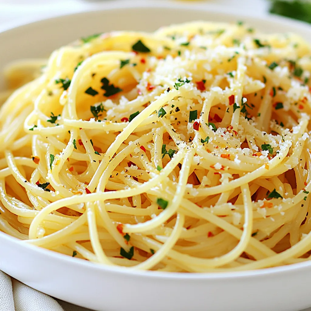 To make Spaghetti Aglio e Olio, gather these simple ingredients: - 400g spaghetti - 6 cloves garlic, thinly sliced - 1/2 cup extra virgin olive oil - 1 teaspoon red pepper flakes (adjust for heat) - 1/4 cup fresh parsley, finely chopped - Zest of 1 lemon - Juice of 1 lemon - Salt, to taste - Freshly shaved Parmesan cheese (optional) - Zest of 1 lime (optional) You can swap ingredients based on what you have: - Spaghetti: Use any pasta you like, such as fettuccine or linguine. - Garlic: If you hate garlic, try shallots or skip it altogether. - Olive oil: Use a light oil like canola if you want a milder taste. - Red pepper flakes: No spice? Omit them or use black pepper for flavor. - Parsley: Basil or arugula works as a fresh herb substitute. - Lemon: Lime juice or zest can add a nice twist. Using fresh ingredients makes a big difference. Fresh garlic gives a strong, rich flavor. Fresh herbs add brightness. Good-quality olive oil enhances the dish's overall taste. When you use fresh items, you create a dish that shines. It’s not just food; it’s an experience. Always choose the best ingredients you can find. This choice elevates your meal and impresses your guests. Trust me, fresh is always best! {{ingredient_image_2}} Start by filling a large pot with water. Add a good amount of salt. Bring the water to a rolling boil. Once boiling, add 400g of spaghetti. Cook it for about 8-10 minutes, or until it is al dente. Before you drain, save about 1 cup of the pasta water. This water helps later to mix everything well. Drain the spaghetti in a colander and set it aside. Next, take a large skillet and set it over medium heat. Pour in 1/2 cup of extra virgin olive oil. Add 6 cloves of thinly sliced garlic to the oil. Cook it gently for about 3-4 minutes. Stir it often. Watch the garlic closely. You want it to turn golden brown, not burnt. Burnt garlic will taste bitter and ruin your dish. Now, the fun part! Add the drained spaghetti to the skillet with the garlic oil. Toss the spaghetti gently. Make sure every strand gets coated with the garlic and oil. This step is key to flavor. To finish, sprinkle in the zest of 1 lemon and squeeze in the juice. Add 1/4 cup of finely chopped fresh parsley. Toss everything together. If the pasta looks dry, add some reserved pasta water, a few tablespoons at a time. This will give it a nice shine and moisture. Finally, taste the pasta. Add salt to your liking. Toss one last time. Serve it hot and enjoy! To cook spaghetti just right, start with a big pot of water. Add a good amount of salt. This helps flavor the pasta as it cooks. Bring the water to a rolling boil before adding your spaghetti. Cook it for about 8 to 10 minutes. You want it al dente, which means it should be firm to the bite. Before you drain it, save about one cup of the pasta water. This water helps make the sauce creamy later. Infusing flavor starts with the oil and garlic. Use high-quality extra virgin olive oil. Heat the oil in a skillet over medium heat. Add your sliced garlic and stir it often. Cook until the garlic is golden brown. Don’t let it burn, as burnt garlic tastes bitter. After that, add red pepper flakes. This adds a nice heat to the dish. Stir for about 30 seconds to let the flavors mix well. Fresh herbs and cheese can take your dish to the next level. After combining the spaghetti with the garlic oil, add lemon zest and juice. This gives a fresh taste. Then, toss in some chopped parsley for a herbal punch. For the final touch, sprinkle freshly shaved Parmesan cheese on top. This adds a rich, creamy flavor. You can also add lime zest for a fun twist. Enjoy the burst of flavors in each bite! Pro Tips Quality Olive Oil: Use a high-quality extra virgin olive oil for the best flavor. It makes a significant difference in this simple dish. Garlic Cooking Time: Be careful not to overcook the garlic. It should be golden and fragrant, not burnt, as burnt garlic can introduce bitterness. Adjusting Spice Level: Customize the heat by adjusting the amount of red pepper flakes. Start with less if you’re unsure, as you can always add more. Pasta Water Magic: The reserved pasta water is starchy and helps bind the sauce to the spaghetti. Add it gradually to achieve your desired sauce consistency. {{image_4}} You can easily add protein to your Spaghetti Aglio e Olio. Chicken and shrimp both work well. For chicken, grill or sauté pieces before adding them to the pasta. For shrimp, cook them in the garlic oil until pink. This adds flavor and makes the dish heartier. If you want a vegetarian take, consider adding seasonal veggies. Broccoli, spinach, or zucchini can fit nicely. Simply sauté the vegetables in the garlic oil before mixing in the spaghetti. This keeps the dish light and full of nutrients. Citrus adds a fresh twist to the dish. You can use lemon or lime zest to brighten the flavors. Just sprinkle it in when you toss the pasta. Nuts, like pine nuts or walnuts, can also bring a crunchy texture. Toast them lightly and mix them in for added depth. After enjoying your Spaghetti Aglio e Olio, you may have some leftovers. To keep them fresh, store the pasta in an airtight container. Make sure it cools to room temperature first. This helps prevent moisture build-up. Place the container in the fridge. The pasta stays good for up to three days. If you want to keep it longer, consider freezing it. When you're ready to eat leftovers, reheating is simple. You can use the microwave or a skillet. For the microwave, place the pasta in a bowl. Add a splash of olive oil or a bit of water. Cover it to keep moisture in. Heat for 1-2 minutes, stirring halfway. In a skillet, add the pasta over low heat. Stir gently and add a bit of oil to prevent sticking. Heat until warmed through. Freezing Spaghetti Aglio e Olio works well too. First, let the pasta cool completely. Then, place it in a freezer-safe bag or container. Try to remove as much air as possible to avoid freezer burn. Label the container with the date. It can stay in the freezer for up to two months. To enjoy it later, thaw it in the fridge overnight before reheating. Spaghetti Aglio e Olio is a simple Italian pasta dish. It features spaghetti, garlic, and olive oil. The dish is quick to make and highlights bold flavors. You can add red pepper flakes for heat. Fresh parsley and lemon zest brighten the dish. This meal is popular for its ease and taste. To make Spaghetti Aglio e Olio spicier, add more red pepper flakes. Start with one teaspoon and adjust to your taste. You can also add fresh chili peppers. Slice them thin and cook with the garlic. This gives the dish a nice kick. Just remember to taste as you go! Yes, you can use whole wheat or gluten-free pasta. Whole wheat adds a nutty flavor and more fiber. Gluten-free pasta works well if you have a gluten allergy. Just cook them according to package instructions. The rest of the recipe will stay the same. Spaghetti Aglio e Olio pairs well with many side dishes. A simple green salad is a great choice. You can also serve garlic bread or crusty rolls. For protein, consider grilled chicken or shrimp. This adds heartiness to your meal. Enjoy the flavors together for a complete dining experience! In this blog post, we explored how to make delicious Spaghetti Aglio e Olio. We discussed ingredients, including substitutions, and the importance of freshness. You learned step-by-step cooking instructions and tips for perfecting your dish. We also covered tasty variations and the best ways to store leftovers. Remember, cooking is a joy. Experiment with flavors, and make this dish your own. Enjoy every bite.