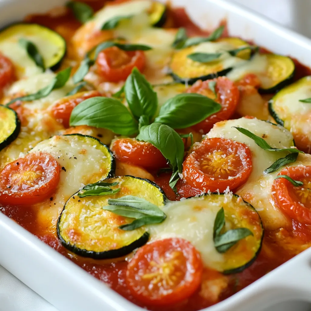 For this dish, you will need: - 2 large zucchinis, sliced into rounds - 1 lb (450g) boneless, skinless chicken breasts, cut into bite-sized pieces - 1 cup cherry tomatoes, halved - 1 medium onion, diced - 3 cloves garlic, minced - 1 cup marinara sauce - 1 cup shredded mozzarella cheese - 1/2 cup grated Parmesan cheese - 2 tablespoons olive oil - Salt and black pepper, to taste These ingredients form the base of your bake, providing a mix of flavors. The zucchinis add a nice crunch, while the chicken gives protein. Tomatoes and onions bring sweetness and depth. You will also need: - 1 teaspoon dried oregano - 1 teaspoon dried basil - 1 teaspoon red pepper flakes (optional) These seasonings make your dish pop. Oregano and basil give it that Italian touch. The red pepper flakes add a kick if you like heat. Adjust these to make the flavors suit your taste. If you enjoy more spice, consider adding: - Extra red pepper flakes - Sliced jalapeños These options can elevate your dish. Just remember to balance the heat with the other flavors, so it all works together. Feel free to experiment until you find your perfect mix! {{ingredient_image_2}} Start by preheating your oven to 400°F (200°C). This step is key for even baking. Next, take two large zucchinis and slice them into rounds. Dice one medium onion and halve one cup of cherry tomatoes. In a large bowl, combine these veggies. Drizzle two tablespoons of olive oil over them. Add salt, black pepper, and half a teaspoon each of dried oregano and dried basil. Toss everything well to coat. In another bowl, cut one pound of boneless, skinless chicken breasts into bite-sized pieces. Season them with salt, black pepper, the rest of the oregano, basil, and red pepper flakes if you want some heat. Mix until the chicken is evenly coated. Grab a 9x13 inch baking dish. Start by layering the zucchini, onion, and tomato mix evenly on the bottom. This veggie base adds flavor and moisture. Next, spread the seasoned chicken pieces on top of the veggies. Make sure to cover the greens well. Pour one cup of marinara sauce over the chicken, ensuring it coats every piece. Finally, sprinkle one cup of shredded mozzarella and half a cup of grated Parmesan cheese on top. This will create a delicious cheesy crust. Cover the baking dish tightly with aluminum foil. This helps keep moisture in the dish while it bakes. Place it in the preheated oven and bake for 25 minutes. After that time, carefully remove the foil—watch out for hot steam! Continue baking for another 15 minutes. The chicken should reach an internal temperature of 165°F (74°C), and the cheese should be bubbly and golden. Once done, let the dish rest for about five minutes before slicing. This resting time helps all the flavors blend beautifully. To get cheese that melts just right, use fresh mozzarella. The moisture makes it creamy. Shred it yourself for better melting. Pack the cheese on top of the dish. This helps it melt evenly. Bake it uncovered for the last 15 minutes. This gives you that golden brown look. Cut your chicken into small, even pieces. This helps them cook through at the same time. Layer the veggies first to create a base. They release moisture while baking. This keeps the chicken juicy and tender. Always preheat your oven. It ensures that the dish cooks evenly from the start. Serve the bake right from the dish for a cozy feel. Garnish it with fresh basil leaves. This adds color and freshness to your dish. Drizzle some extra virgin olive oil over each serving. This enhances flavor and makes the dish shine. Enjoy it with a side salad for a complete meal. Pro Tips Uniform Veggie Slices: Cutting the zucchinis and other vegetables into even rounds ensures they cook uniformly, resulting in the perfect texture throughout the dish. Marinara Sauce Choice: Using a high-quality marinara sauce, whether homemade or store-bought, significantly enhances the flavor of the dish, giving it that authentic Italian taste. Layering Technique: Layering the vegetables before the chicken allows the flavors to meld as they bake, ensuring that the chicken absorbs the moisture and taste from the veggies. Resting Time: Letting the dish rest for a few minutes after baking allows the juices to redistribute, making it easier to slice and serve without falling apart. {{image_4}} To make this dish low-carb, you can skip the marinara sauce or use a low-carb version. Instead of chicken, try cauliflower for a veggie base. This keeps the bake filling without the carbs. You can add more cheese to maintain flavor and texture. For a vegetarian twist, swap the chicken for chickpeas or lentils. These add protein and texture. Increase the amount of zucchini, and add bell peppers or mushrooms for more flavor. You can also use a dairy-free cheese if you prefer. If you want to change up the protein, turkey or firm tofu works well. Turkey gives a lighter flavor while tofu soaks up the sauce nicely. Just make sure to season them well, like you do with chicken. Both options can keep your bake delicious and satisfying. To keep your Italian Chicken Zucchini Bake fresh, let it cool first. Then, transfer leftovers to an airtight container. Make sure to store it in the fridge. This dish stays good for about three days. If you want to eat it later, freezing is a great option. When it's time to enjoy your leftovers, preheat your oven to 350°F (175°C). Place the dish in a baking tray. Cover it with foil to keep it moist. Heat for about 20 minutes, or until it's warm throughout. You can also use the microwave. Just heat it in short bursts to avoid overcooking. If you want to freeze your bake, do this before cooking it. Assemble the dish but do not bake. Wrap it tightly with plastic wrap, then foil. Label it with a date. It can stay in the freezer for up to three months. When you're ready, thaw it overnight in the fridge before baking. Yes, you can. Feel free to swap in your favorites. Bell peppers, spinach, or mushrooms work well. Just cut them to the same size as the zucchini. This helps them cook evenly. Mixing vegetables adds more color and flavor to your dish. The chicken is done when it reaches 165°F (74°C). A meat thermometer is helpful here. You can also cut into a piece to check the color. If it’s white and the juices run clear, it’s safe to eat. This ensures you enjoy a juicy and safe meal. This dish pairs nicely with a simple green salad. A crisp Caesar salad is also great. You could serve it with crusty bread to soak up the sauce. For a heartier meal, a side of pasta works well too. Enjoy your meal with whatever you love! This Italian Chicken Zucchini Bake combines fresh ingredients, layers of flavor, and easy steps. We explored the perfect mix of chicken, zucchini, and spices. I shared tips to melt cheese well and cook evenly. You can also try low-carb options or add your favorite veggies. Remember, leftovers can be stored or frozen for later use. Keep this recipe handy for a tasty dish any time. Enjoy your cooking adventure!