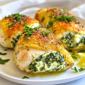 - 4 boneless, skinless chicken breasts - 2 cups fresh spinach, finely chopped - 4 oz cream cheese, softened - 1/2 cup feta cheese, crumbled - 1/2 cup shredded mozzarella cheese - 2 cloves garlic, minced - 1/2 teaspoon onion powder - 1/4 teaspoon black pepper - 1/4 teaspoon salt - 1 tablespoon olive oil - 1 lemon, juiced - Fresh parsley, chopped for garnish To make this dish, you need fresh and tasty ingredients. First, let’s talk about the chicken. You want boneless, skinless chicken breasts for easy cooking and a nice flavor. Fresh spinach adds a healthy touch. Cream cheese helps bind the filling and gives it a smooth texture. Crumbled feta cheese adds a salty kick, while mozzarella brings a lovely meltiness. Garlic gives the dish a nice aroma. Onion powder, black pepper, and salt bring out all the flavors. Olive oil is key for sautéing the garlic and spinach. Fresh lemon juice brightens the dish and adds a zesty flair. Lastly, fresh parsley makes for a lovely garnish. - Alternatives for cream cheese: You can use ricotta or Greek yogurt if you want a lower-fat option. - Gluten-free options: This recipe is naturally gluten-free, so no changes are needed. - Dairy-free cheese substitutes: Look for dairy-free cream cheese or nut-based cheeses for a great taste. These substitutions let you adjust the recipe to fit your needs. Whether it's for health, taste, or allergies, you can still enjoy this dish! {{ingredient_image_2}} 1. Preheating the oven Start by preheating your oven to 375°F (190°C). This step is key for even cooking. 2. Sautéing garlic and spinach In a skillet, heat 1 tablespoon of olive oil over medium heat. Add 2 cloves of minced garlic and sauté for about 1 minute. You want the garlic to smell great, but not brown. Next, add 2 cups of finely chopped fresh spinach. Stir it often until the spinach wilts, which should take 2-3 minutes. Once done, remove it from heat and let it cool. 1. Creating pockets in the chicken breasts Take 4 boneless, skinless chicken breasts. Use a sharp knife to slice horizontally into each breast. Be careful not to cut all the way through. You want to create a pocket for the filling. 2. Filling with spinach and cheese mixture In a bowl, mix the sautéed spinach, 4 oz of softened cream cheese, 1/2 cup of crumbled feta cheese, and 1/2 cup of shredded mozzarella cheese. Add 1/2 teaspoon of onion powder, 1/4 teaspoon of black pepper, and 1/4 teaspoon of salt. Stir until everything blends well. Stuff each chicken breast pocket with this creamy mixture. If needed, use toothpicks to keep them closed. 1. Baking times and temperature details Place the stuffed chicken breasts in a baking dish. Squeeze the juice of 1 lemon over the tops for extra flavor. Bake in the preheated oven for 25-30 minutes. Your chicken should reach an internal temperature of 165°F (75°C). 2. Resting period before serving After baking, let the chicken rest for 5 minutes. This helps keep the juices inside. Before slicing, remove any toothpicks. Enjoy your meal! To make your spinach stuffed chicken even tastier, add spices or herbs. Fresh herbs like basil or thyme bring a bright flavor. You can also use dried herbs if fresh ones are not available. Try adding a pinch of red pepper flakes for a slight kick. For juicier chicken, make sure not to overcook it. Use a meat thermometer to check for doneness. The chicken should reach 165°F (75°C). Also, letting it rest for five minutes before slicing keeps it moist. If you want to switch things up, try grilling or air frying your stuffed chicken. Grilling gives a nice smoky flavor, while air frying makes it crispy and quick. When baking, keep your oven at 375°F (190°C). This temperature cooks the chicken evenly and ensures the filling warms through. Plating is key to a great meal! Place the stuffed chicken on a clean plate. You can slice it to show the colorful filling inside. For garnishing, sprinkle fresh parsley over the top. Lemon slices add a pop of color and a touch of brightness. You can arrange them around the chicken for a beautiful look. Pro Tips Prevent Dry Chicken: To keep the chicken moist, avoid overcooking. Use a meat thermometer to check for an internal temperature of 165°F (75°C). Flavor Boost: Marinate the chicken breasts in lemon juice and olive oil for at least 30 minutes before stuffing for extra flavor. Cheese Variations: Feel free to mix and match cheeses. Adding a bit of parmesan or gouda can elevate the flavor profile. Perfectly Sautéed Spinach: Make sure to remove excess moisture from the sautéed spinach before mixing with the cheeses to prevent a watery filling. {{image_4}} For a vegetarian option, swap out the chicken for large portobello mushrooms. Remove the stems and gills, then stuff them with the spinach and cheese mixture. Bake them until tender. You can also try other tasty fillings. Sun-dried tomatoes add a sweet and tangy flavor. Chopped artichokes make for a nice twist. Mushrooms can add a savory touch. Mix and match these to find your favorite combo! Pair your spinach stuffed chicken with a fresh salad. A light arugula salad with lemon dressing works great. Roasted vegetables also make a good side. Think carrots, zucchini, or bell peppers. For sauces, I recommend a tangy lemon sauce. You can also use a creamy garlic sauce. These will enhance the dish and add extra flavor. In spring, add seasonal veggies like asparagus or peas to the filling. This fresh twist brightens up the dish. For holidays, make a festive version. Mix in cranberries for a sweet touch. Add some herbs like thyme or rosemary for a holiday feel. These variations make the dish special for any season. To keep your spinach stuffed chicken breast fresh, place it in an airtight container. Store it in the fridge. It stays good for up to four days. If you want to keep it longer, consider freezing it. When reheating, use the oven to keep it juicy. Set your oven to 350°F (175°C). Place the chicken in a baking dish and cover it with foil. Heat for about 15-20 minutes. You can also use a microwave, but it may dry out. For freezer storage, wrap each piece tightly in plastic wrap, then foil. This keeps the chicken safe for up to three months. You can prepare the filling in advance. Store it in the fridge for up to two days. This makes your cooking time shorter later. If you want to freeze, fill the chicken breasts and wrap them well. Freeze them before baking. This way, you can enjoy a tasty meal anytime! To know when chicken is done, use a meat thermometer. The chicken should reach an internal temperature of 165°F (75°C). This ensures it is safe to eat. Insert the thermometer into the thickest part of the chicken breast. Make sure it does not touch bone. If you don’t have a thermometer, cut the chicken open. The juices should run clear, not pink. This gives you a good sign it is fully cooked. Yes, you can prepare this dish ahead of time. You can stuff the chicken breasts and store them in the fridge for up to 24 hours. This helps the flavors blend well. Just cover them tightly with plastic wrap or foil. When ready to cook, take them out and let them sit for about 15 minutes at room temperature. This helps them cook evenly. You have many great options for sides. Here are a few ideas: - Roasted vegetables, like carrots and bell peppers - A fresh green salad with a light vinaigrette - Garlic mashed potatoes for a comforting touch - Quinoa or rice for a hearty addition - Steamed broccoli for a healthy crunch These sides complement the flavors of the chicken well. Enjoy your meal! This blog post has guided you through making delicious Spinach Stuffed Chicken. We detailed every ingredient, including alternatives, and provided clear steps for cooking and serving. Remember, creativity enhances your dish, so feel free to try new flavors or add sides. With proper storage, you can enjoy leftovers and even prep meals in advance. Use the tips and variations for a unique touch every time. Enjoy making this tasty dish!