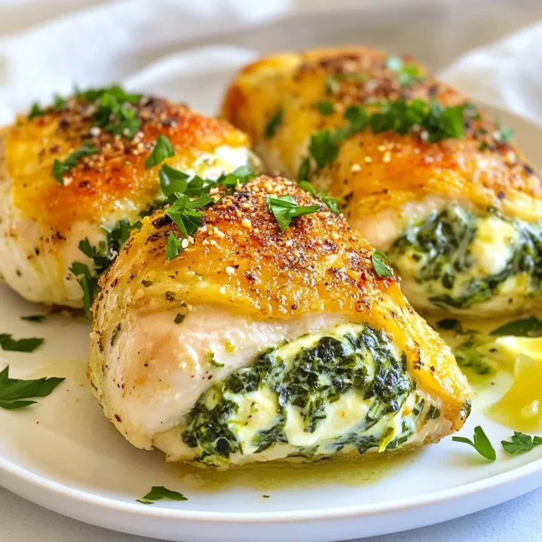 - 4 boneless, skinless chicken breasts - 2 cups fresh spinach, finely chopped - 4 oz cream cheese, softened - 1/2 cup feta cheese, crumbled - 1/2 cup shredded mozzarella cheese - 2 cloves garlic, minced - 1/2 teaspoon onion powder - 1/4 teaspoon black pepper - 1/4 teaspoon salt - 1 tablespoon olive oil - 1 lemon, juiced - Fresh parsley, chopped for garnish To make this dish, you need fresh and tasty ingredients. First, let’s talk about the chicken. You want boneless, skinless chicken breasts for easy cooking and a nice flavor. Fresh spinach adds a healthy touch. Cream cheese helps bind the filling and gives it a smooth texture. Crumbled feta cheese adds a salty kick, while mozzarella brings a lovely meltiness. Garlic gives the dish a nice aroma. Onion powder, black pepper, and salt bring out all the flavors. Olive oil is key for sautéing the garlic and spinach. Fresh lemon juice brightens the dish and adds a zesty flair. Lastly, fresh parsley makes for a lovely garnish. - Alternatives for cream cheese: You can use ricotta or Greek yogurt if you want a lower-fat option. - Gluten-free options: This recipe is naturally gluten-free, so no changes are needed. - Dairy-free cheese substitutes: Look for dairy-free cream cheese or nut-based cheeses for a great taste. These substitutions let you adjust the recipe to fit your needs. Whether it's for health, taste, or allergies, you can still enjoy this dish! {{ingredient_image_2}} 1. Preheating the oven Start by preheating your oven to 375°F (190°C). This step is key for even cooking. 2. Sautéing garlic and spinach In a skillet, heat 1 tablespoon of olive oil over medium heat. Add 2 cloves of minced garlic and sauté for about 1 minute. You want the garlic to smell great, but not brown. Next, add 2 cups of finely chopped fresh spinach. Stir it often until the spinach wilts, which should take 2-3 minutes. Once done, remove it from heat and let it cool. 1. Creating pockets in the chicken breasts Take 4 boneless, skinless chicken breasts. Use a sharp knife to slice horizontally into each breast. Be careful not to cut all the way through. You want to create a pocket for the filling. 2. Filling with spinach and cheese mixture In a bowl, mix the sautéed spinach, 4 oz of softened cream cheese, 1/2 cup of crumbled feta cheese, and 1/2 cup of shredded mozzarella cheese. Add 1/2 teaspoon of onion powder, 1/4 teaspoon of black pepper, and 1/4 teaspoon of salt. Stir until everything blends well. Stuff each chicken breast pocket with this creamy mixture. If needed, use toothpicks to keep them closed. 1. Baking times and temperature details Place the stuffed chicken breasts in a baking dish. Squeeze the juice of 1 lemon over the tops for extra flavor. Bake in the preheated oven for 25-30 minutes. Your chicken should reach an internal temperature of 165°F (75°C). 2. Resting period before serving After baking, let the chicken rest for 5 minutes. This helps keep the juices inside. Before slicing, remove any toothpicks. Enjoy your meal! To make your spinach stuffed chicken even tastier, add spices or herbs. Fresh herbs like basil or thyme bring a bright flavor. You can also use dried herbs if fresh ones are not available. Try adding a pinch of red pepper flakes for a slight kick. For juicier chicken, make sure not to overcook it. Use a meat thermometer to check for doneness. The chicken should reach 165°F (75°C). Also, letting it rest for five minutes before slicing keeps it moist. If you want to switch things up, try grilling or air frying your stuffed chicken. Grilling gives a nice smoky flavor, while air frying makes it crispy and quick. When baking, keep your oven at 375°F (190°C). This temperature cooks the chicken evenly and ensures the filling warms through. Plating is key to a great meal! Place the stuffed chicken on a clean plate. You can slice it to show the colorful filling inside. For garnishing, sprinkle fresh parsley over the top. Lemon slices add a pop of color and a touch of brightness. You can arrange them around the chicken for a beautiful look. Pro Tips Prevent Dry Chicken: To keep the chicken moist, avoid overcooking. Use a meat thermometer to check for an internal temperature of 165°F (75°C). Flavor Boost: Marinate the chicken breasts in lemon juice and olive oil for at least 30 minutes before stuffing for extra flavor. Cheese Variations: Feel free to mix and match cheeses. Adding a bit of parmesan or gouda can elevate the flavor profile. Perfectly Sautéed Spinach: Make sure to remove excess moisture from the sautéed spinach before mixing with the cheeses to prevent a watery filling. {{image_4}} For a vegetarian option, swap out the chicken for large portobello mushrooms. Remove the stems and gills, then stuff them with the spinach and cheese mixture. Bake them until tender. You can also try other tasty fillings. Sun-dried tomatoes add a sweet and tangy flavor. Chopped artichokes make for a nice twist. Mushrooms can add a savory touch. Mix and match these to find your favorite combo! Pair your spinach stuffed chicken with a fresh salad. A light arugula salad with lemon dressing works great. Roasted vegetables also make a good side. Think carrots, zucchini, or bell peppers. For sauces, I recommend a tangy lemon sauce. You can also use a creamy garlic sauce. These will enhance the dish and add extra flavor. In spring, add seasonal veggies like asparagus or peas to the filling. This fresh twist brightens up the dish. For holidays, make a festive version. Mix in cranberries for a sweet touch. Add some herbs like thyme or rosemary for a holiday feel. These variations make the dish special for any season. To keep your spinach stuffed chicken breast fresh, place it in an airtight container. Store it in the fridge. It stays good for up to four days. If you want to keep it longer, consider freezing it. When reheating, use the oven to keep it juicy. Set your oven to 350°F (175°C). Place the chicken in a baking dish and cover it with foil. Heat for about 15-20 minutes. You can also use a microwave, but it may dry out. For freezer storage, wrap each piece tightly in plastic wrap, then foil. This keeps the chicken safe for up to three months. You can prepare the filling in advance. Store it in the fridge for up to two days. This makes your cooking time shorter later. If you want to freeze, fill the chicken breasts and wrap them well. Freeze them before baking. This way, you can enjoy a tasty meal anytime! To know when chicken is done, use a meat thermometer. The chicken should reach an internal temperature of 165°F (75°C). This ensures it is safe to eat. Insert the thermometer into the thickest part of the chicken breast. Make sure it does not touch bone. If you don’t have a thermometer, cut the chicken open. The juices should run clear, not pink. This gives you a good sign it is fully cooked. Yes, you can prepare this dish ahead of time. You can stuff the chicken breasts and store them in the fridge for up to 24 hours. This helps the flavors blend well. Just cover them tightly with plastic wrap or foil. When ready to cook, take them out and let them sit for about 15 minutes at room temperature. This helps them cook evenly. You have many great options for sides. Here are a few ideas: - Roasted vegetables, like carrots and bell peppers - A fresh green salad with a light vinaigrette - Garlic mashed potatoes for a comforting touch - Quinoa or rice for a hearty addition - Steamed broccoli for a healthy crunch These sides complement the flavors of the chicken well. Enjoy your meal! This blog post has guided you through making delicious Spinach Stuffed Chicken. We detailed every ingredient, including alternatives, and provided clear steps for cooking and serving. Remember, creativity enhances your dish, so feel free to try new flavors or add sides. With proper storage, you can enjoy leftovers and even prep meals in advance. Use the tips and variations for a unique touch every time. Enjoy making this tasty dish!