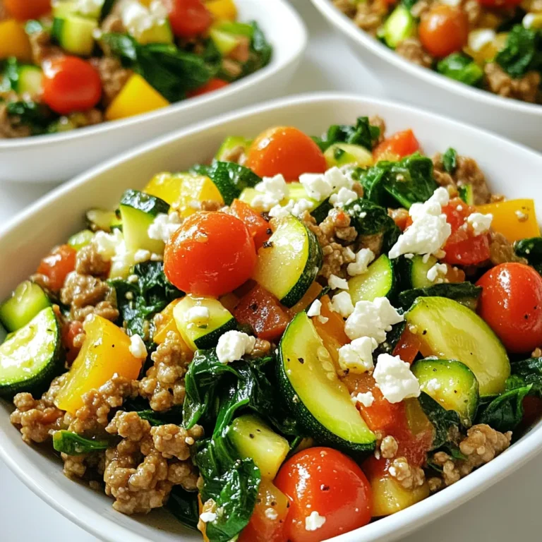 - 1 lb ground turkey - 1 medium zucchini, diced - 1 bell pepper, chopped - 1 cup cherry tomatoes, halved - 1 cup fresh spinach - 2 cloves garlic, minced - 1 medium onion, diced - 1 teaspoon dried oregano - 1 teaspoon smoked paprika - Salt and pepper to taste - 2 tablespoons extra virgin olive oil - 1/4 cup low-sodium chicken broth - Optional: Crumbled feta cheese The main ingredients for Turkey Veggie Skillet bring together a blend of healthy and tasty foods. Ground turkey provides lean protein. The zucchini and bell pepper add crunch and color. Cherry tomatoes brighten the dish, while spinach gives it a fresh touch. You can also add crumbled feta for creaminess. The seasonings and extras enhance the flavor. Garlic and onion form a fragrant base. Oregano and smoked paprika add depth. Olive oil ensures everything cooks evenly. Chicken broth keeps the skillet moist and flavorful. Adjust salt and pepper to match your taste. These ingredients work together to create a simple, healthy meal. You can have fun mixing and matching the veggies to suit your taste. Enjoy the ease of this delicious dish! 1. Start by heating 2 tablespoons of extra virgin olive oil in a large skillet over medium heat. 2. Once the oil is hot and shimmering, add 1 medium diced onion and 2 cloves of minced garlic. 3. Sauté the mixture for 2-3 minutes until the onion turns translucent and smells great. 4. Increase the heat to medium-high. Add 1 pound of ground turkey into the skillet. 5. Use a wooden spoon to break apart the turkey as it cooks. 6. Stir frequently for 5-7 minutes until the turkey is browned and no longer pink. 1. Season the turkey with 1 teaspoon of dried oregano, 1 teaspoon of smoked paprika, and a generous pinch of salt and pepper. 2. Stir well to make sure the spices mix evenly into the turkey. 3. Next, add 1 medium diced zucchini and 1 chopped bell pepper to the skillet. 4. Cook this mix for another 5-7 minutes. Stir occasionally until the veggies soften and release their flavors. 1. Now, incorporate 1 cup of halved cherry tomatoes and 1 cup of fresh chopped spinach into the skillet. 2. Pour in 1/4 cup of low-sodium chicken broth. Stir gently to combine all the ingredients. 3. Cover the skillet with a lid to let it simmer for about 3-4 minutes. 4. Check the spinach; it should be wilted and the tomatoes slightly soft. 5. Taste the dish and adjust the seasoning if needed. 6. For a tasty finish, sprinkle some crumbled feta cheese on top just before serving. - Best temperature for sautéing: Use medium heat when sautéing. This helps the onion and garlic cook evenly without burning. You want them soft and fragrant, not charred. - How to avoid overcooking vegetables: Add vegetables in stages. Harder veggies, like zucchini and bell peppers, go in first. Leafy greens, like spinach, should come in last. This keeps them bright and crisp. - Suggested spices for extra flavor: Try adding a pinch of crushed red pepper for heat. A dash of cumin can add a nice earthiness. Don't be shy with the smoked paprika; it gives a lovely depth. - Optional garnishes for serving: Crumbled feta cheese is a great choice for a salty kick. Fresh herbs like parsley or basil can brighten the dish. A squeeze of lemon juice adds a fresh zing. - Serving suggestions for aesthetics: Serve the Turkey Veggie Skillet in shallow bowls. This showcases the colorful veggies and makes it look inviting. - Ways to pair with other dishes: Pair it with crusty bread to soak up the juices. A simple green salad on the side adds crunch and freshness. Enjoy the vibrant flavors together! {{image_4}} You can swap ground turkey for other proteins. Ground chicken works well in this dish. It has a mild flavor and cooks similarly. Ground beef is also an option for a richer taste. If you're vegetarian, consider using beans or tofu. Black beans add protein and fiber. Tofu absorbs flavors well and gives a nice texture. Feel free to mix in other vegetables. Carrots, broccoli, or snap peas can add crunch. You can also try sweet potatoes for a hearty touch. Consider seasonal veggies too. In spring, use asparagus or peas. In fall, try butternut squash or Brussels sprouts. This keeps the dish fresh and exciting. You can make this dish lower in carbs. Use cauliflower rice instead of traditional grains. This keeps it light and boosts veggies. If you need a dairy-free option, skip the feta cheese. You can use avocado for creaminess instead. Nutritional yeast is also a great cheese substitute, adding flavor without dairy. To keep your Turkey Veggie Skillet fresh, store it in the fridge. Place it in an airtight container. Make sure it cools down first. This way, it keeps its great taste and texture. Use glass or plastic containers with tight lids. They help seal in the flavors. When reheating, avoid the microwave if you can. It can dry out the turkey and veggies. Instead, use a skillet on low heat. Stir it gently to warm it up evenly. If you use the microwave, heat it in short bursts. Check every 30 seconds to avoid overcooking. Aim for about 2-3 minutes until it's hot. To freeze the skillet, let it cool completely. Then, place it in a freezer-safe container. Make sure to leave some space at the top for expansion. It can last up to three months in the freezer. When ready to eat, thaw it overnight in the fridge. Reheat it on the stovetop for the best results. Add a splash of chicken broth to keep it moist. Yes, you can make Turkey Veggie Skillet ahead of time. This dish is great for meal prep. To do so, cook the skillet as directed. Let it cool, then store it in an airtight container. Keep it in the fridge for up to three days. When you’re ready to eat, simply reheat it on the stove or in the microwave. This saves time on busy days. You can also prep the veggies and turkey ahead. Just store them separately until you're ready to cook. Turkey Veggie Skillet pairs well with many sides. Here are a few ideas: - Crusty bread for soaking up juices. - Quinoa or rice for a heartier meal. - A fresh salad with mixed greens. - Steamed broccoli or green beans for extra veggies. These sides add flavor and nutrition. They also make your meal more filling. You can mix and match based on your mood. To add more heat to your Turkey Veggie Skillet, try these tips: - Add red pepper flakes to the turkey as it cooks. - Stir in some diced jalapeños or serrano peppers. - Use hot smoked paprika instead of regular smoked paprika. - Top your dish with a spicy sauce, like sriracha or hot sauce. These options let you control the spice level. Start with a small amount and taste as you go. This way, you can find the right heat for your dish. This blog post covers how to make a healthy Turkey Veggie Skillet. We discussed key ingredients, step-by-step cooking instructions, and tips for flavor and presentation. You learned about variations and storage options. You can easily adapt this recipe to fit your needs. Whether you enjoy it fresh or as leftovers, this dish offers health and taste. Try it out and make it your own!