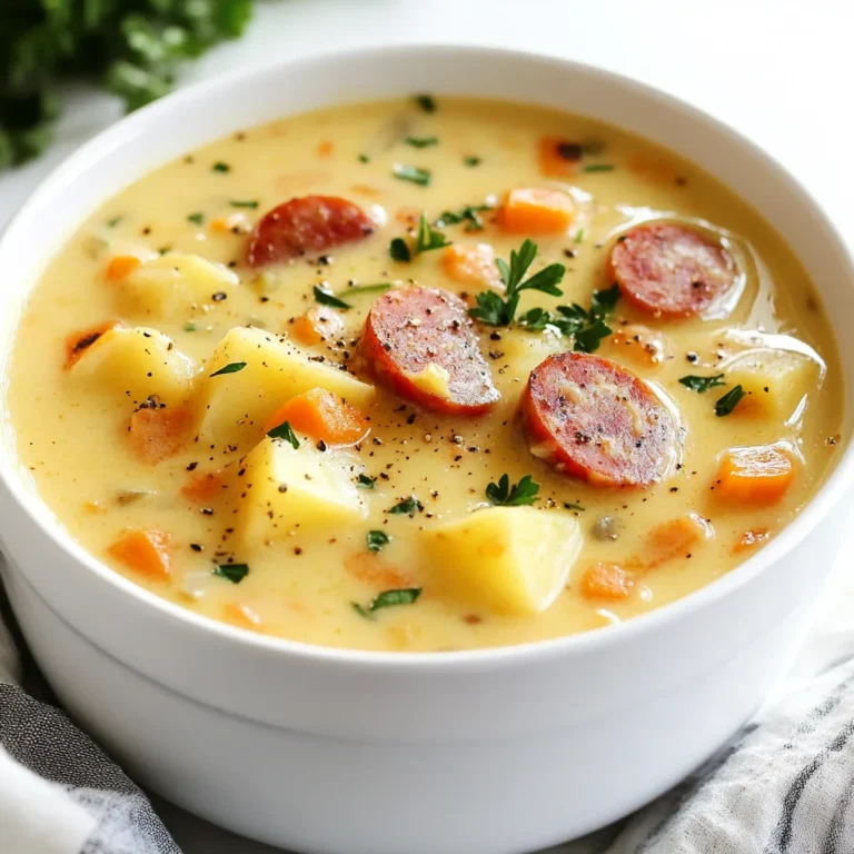 - 1 lb kielbasa sausage, sliced into bite-sized pieces - 4 medium potatoes, peeled and diced into cubes - 1 large onion, finely chopped - 3 cloves garlic, minced - 4 cups chicken broth, low-sodium preferred - 1 cup heavy cream - 2 tablespoons olive oil - 2 carrots, peeled and diced Kielbasa sausage is the star of this soup. Its smoky flavor gives the dish depth. I love how the sausage browns and adds richness to the broth. Next, we have potatoes and vegetables. Potatoes add heartiness, while carrots bring sweetness. They create a perfect base for the soup. You will also need broth and cream. I prefer low-sodium chicken broth. It allows me to control the salt level. Heavy cream provides a rich, dreamy texture. It makes the soup creamy and comforting. - 1 teaspoon dried thyme - 1 teaspoon smoked paprika - Salt and freshly ground black pepper to taste - Fresh parsley, chopped for garnish Seasonings are key to making this soup stand out. Dried thyme adds an earthy flavor. Smoked paprika gives the dish a hint of warmth. I always check the salt and pepper to balance the flavors perfectly. Lastly, fresh parsley is a must for garnish. It adds a pop of color and freshness. Each bowl looks inviting with a sprinkle on top. Enjoy this hearty soup with crusty bread or a side salad for a complete meal! {{ingredient_image_2}} 1. Heat 2 tablespoons of olive oil in a large pot over medium heat. 2. Add 1 large, finely chopped onion and 3 minced garlic cloves. 3. Sauté for about 5 minutes. The onion should be soft and clear. 4. Next, add 1 pound of sliced kielbasa sausage. Cook it for 5 to 7 minutes. 5. Stir often until the sausage is brown and fragrant. 1. Now, add 2 diced carrots and 4 peeled, cubed potatoes to the pot. 2. Stir everything together for about 3 minutes. This will soften the veggies. 3. Pour in 4 cups of low-sodium chicken broth. 4. Season with 1 teaspoon of dried thyme, 1 teaspoon of smoked paprika, salt, and black pepper. 5. Increase the heat to bring it all to a boil. Once boiling, lower the heat. 6. Let it simmer uncovered for around 20 minutes. The potatoes should be tender. 1. After the potatoes cook, use a potato masher to mash half of them in the pot. 2. This gives the soup a creamy texture while keeping some chunks. 3. Stir in 1 cup of heavy cream and mix well. 4. Heat it through for another 5 minutes, but don't let it boil. 5. Taste the soup and adjust the seasoning if needed. 6. Serve hot, garnished with fresh parsley for a pop of color. To ensure perfect potato texture, use medium-sized potatoes. They cook evenly and blend well. Dice them into small cubes for faster cooking. This helps them soften without losing shape. Adjusting seasonings to taste is key. Start with the basics: salt and pepper. After simmering the soup, taste it. If it feels flat, add more salt or a pinch of paprika. This brings out the flavors. For garnishing ideas, fresh parsley works wonders. It adds a pop of color and freshness. Chop it finely and sprinkle it on top just before serving. Serving pairings can enhance your meal. This soup goes great with crusty bread. A simple side salad can also balance the richness. Enjoy the warmth and comfort of each bite! Pro Tips Choose the Right Kielbasa: Opt for a high-quality kielbasa for the best flavor. Smoked varieties add a depth of taste that enhances the soup. Adjust the Creaminess: For a lighter soup, you can substitute half of the heavy cream with milk or use a plant-based cream alternative. Enhance the Flavor: Adding a splash of white wine or a tablespoon of Dijon mustard can elevate the overall flavor profile of the soup. Storage Tips: This soup can be stored in the refrigerator for up to 3 days. Reheat gently to avoid curdling the cream. {{image_4}} You can change the kielbasa for turkey or chicken kielbasa. This swap makes the soup lighter. The flavor remains rich and satisfying. If you prefer, you can even use a plant-based sausage for a vegetarian twist. You can also add different vegetables to the soup. Think about diced bell peppers, corn, or even green beans. Each choice adds texture and flavor. Mixing vegetables gives you options for seasonal produce too. Adding cheese can boost the creaminess of the soup. Try sharp cheddar or a sprinkle of Parmesan. This adds a depth of flavor that many will love. Fresh herbs, like dill or chives, can brighten the dish. They work well with the hearty kielbasa. You can also play with spice variations. Adding a pinch of cayenne pepper gives heat. You might enjoy a dash of Italian seasoning for a different flavor profile. Small adjustments can make a big difference in taste. To store leftovers of Kielbasa Potato Soup, let it cool first. Pour the soup into an airtight container. This helps keep it fresh. Place it in the fridge. It stays good for about three days. When you reheat, warm it gently on the stove. Stir well to mix the flavors back together. You can freeze Kielbasa Potato Soup too. Allow it to cool completely before freezing. Use freezer-safe containers or bags. Leave some space for it to expand. It can last up to three months in the freezer. When ready to eat, thaw it in the fridge overnight. Reheat on the stove until hot. Stir it well to bring back the creamy texture. Enjoy the comfort of this soup anytime! Yes, you can make Kielbasa Potato Soup in a slow cooker. Start by sautéing the onion and garlic in a pan, then add them to the slow cooker. Next, add the sliced kielbasa, diced potatoes, carrots, chicken broth, and seasonings. Cook on low for about 6-8 hours or on high for 3-4 hours. Add the cream in the last 30 minutes of cooking. To make this soup dairy-free, replace the heavy cream with coconut milk or a dairy-free cream alternative. You can also use a nut-based milk, like almond or cashew milk. Ensure that the broth is also dairy-free. This will keep the soup creamy while fitting your diet. Kielbasa Potato Soup pairs well with crusty bread or a fresh side salad. A simple green salad with vinaigrette adds a nice crunch. You could also serve it with pickled vegetables for a tangy contrast. These sides make a complete and satisfying meal. Kielbasa Potato Soup offers comfort and flavor with easy steps. You start by sautéing onion and garlic, then brown the kielbasa. Add broth, potatoes, and seasonings for a rich taste. Adjust the flavors and enjoy variations like turkey sausage or cheese. Store any leftovers properly to keep them fresh. Making this soup is simple and rewarding. You can impress anyone with your cooking. Enjoy experimenting with flavors and ingredients that suit your taste!