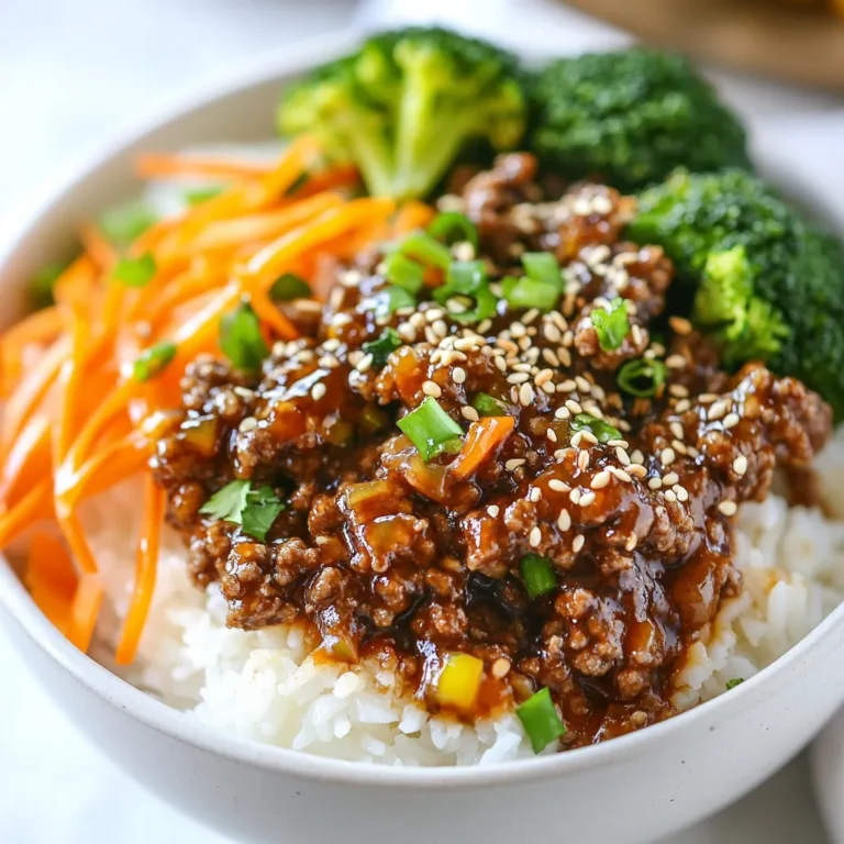 When making Korean Ground Beef Bowls, you need simple and tasty ingredients. Here’s what you will need: - 1 pound ground beef - 1 tablespoon sesame oil - 3 cloves garlic, minced - 1-inch piece of fresh ginger, grated - 1/4 cup soy sauce - 2 tablespoons brown sugar - 1 tablespoon gochujang (Korean red chili paste) - 1/2 teaspoon freshly ground black pepper - 2 green onions, finely chopped - 1 cup cooked rice (white, brown, or jasmine) - 1/2 cup shredded carrots - 1/2 cup steamed broccoli florets - Sesame seeds, for garnish Each ingredient plays a big role. The ground beef is the star. It gives the bowl its hearty flavor. Sesame oil adds a nutty taste and richness. Garlic and ginger bring warmth and zest. The soy sauce and brown sugar create a sweet and salty balance. Gochujang gives the dish a spicy kick that makes it exciting. You can mix and match the vegetables. Use your favorites or what you have on hand. Carrots and broccoli give crunch and color. The green onions add freshness and a pop of flavor. Lastly, sesame seeds make a lovely garnish. They add a nice touch and some crunch. This list of ingredients sets up a quick and flavorful meal. Each part works together to create a delicious experience. {{ingredient_image_2}} 1. Heat sesame oil and sauté garlic and ginger: Start by pouring the sesame oil into a large skillet. Heat it over medium heat until it shimmers. Add the minced garlic and grated ginger. Stir and cook for about one minute. You want it fragrant, but not burnt. 2. Brown the ground beef: Increase the heat to medium-high. Add the ground beef to the skillet. Cook until the meat is brown and fully cooked, around five to six minutes. Use a spatula to break the meat into smaller chunks as it cooks. 3. Combine sauces and seasonings: Once the beef is browned, stir in the soy sauce, brown sugar, gochujang, and black pepper. Cook for an extra two to three minutes. This helps the sauce thicken and blend well with the beef. 1. Layer rice as a base: For each bowl, start with a scoop of the cooked rice. You can use white, brown, or jasmine rice. 2. Add ground beef mixture: Spoon a generous amount of the savory beef mixture on top of the rice. Make sure it covers the rice well. 3. Top with vegetables and garnishes: Add shredded carrots and steamed broccoli over the beef. This adds color and crunch. Finally, sprinkle sesame seeds and reserved green onions on top. This boosts flavor and looks great! How to achieve the best flavor: Start with fresh ingredients. Choose high-quality ground beef for the best taste. Use sesame oil for a rich, nutty flavor. Mix the soy sauce, brown sugar, and gochujang well to ensure even flavor. Proper cooking time for ground beef: Cook the ground beef for about 5-6 minutes. Stir often to break it into small pieces. Make sure it is no longer pink. This ensures the beef is safe to eat and full of flavor. Tips for sautéing garlic and ginger without burning: Always heat the sesame oil on medium heat. Add garlic and ginger only when the oil is hot. Stir quickly for about one minute until fragrant. If they turn brown, lower the heat to avoid burning. Choosing colorful dishware: Use bright bowls to make your dish pop. Colorful dishware makes the meal more inviting. It also enhances the look of your vibrant ingredients. Arranging ingredients for visual appeal: Layer your rice first, then add the beef. Place the shredded carrots and broccoli on top. Create a rainbow effect with your toppings for a fun look. Suggestions for additional garnishing: Sprinkle sesame seeds on each bowl for crunch. Add more chopped green onions for freshness. Consider a few slices of radish for extra color and flavor. Pro Tips Use High-Quality Beef: Opt for grass-fed or organic ground beef for a richer flavor and better nutritional profile. Customize Your Heat: Adjust the amount of gochujang according to your spice preference; start with less and add more if desired. Prep Ahead: Make the beef mixture in advance and store it in the fridge for up to 3 days; reheat and serve over rice for a quick meal. Experiment with Toppings: Add other vegetables like bell peppers or snap peas for extra crunch and nutritional benefits. {{image_4}} You can easily change the beef in this dish. Turkey or chicken works well in place of beef. If you want a plant-based option, consider using soy crumbles or lentils. These options still give you great flavor. If you want a twist on the sauce, swap soy sauce for teriyaki or hoisin sauce. Both add a sweet and savory taste that pairs nicely with the beef. This keeps the dish interesting and allows you to use what you have. Korean Ground Beef Bowls taste great with sides. Kimchi adds a spicy kick, while pickled veggies bring tanginess. Both sides balance the flavors in your bowl. You can also try adding different vegetables. Bell peppers, snap peas, or bok choy make lovely additions. They add texture and color to your meal. Feel free to mix and match based on what you enjoy! To keep your Korean Ground Beef Bowls fresh, follow these steps: - Refrigeration guidelines: Place leftovers in the fridge within two hours of cooking. They stay fresh for three to four days. - Recommended storage containers: Use airtight containers to prevent moisture loss. Glass or BPA-free plastic containers work well. - Best practices for reheating: Reheat in the microwave or on the stove. Heat until hot. Add a splash of water to keep rice moist. You can freeze components for later meals. Here’s how: - How to properly freeze assembly components: Freeze the beef mixture in separate containers. Rice and veggies can also freeze well. Make sure to cool everything before freezing. - Thawing instructions: Thaw overnight in the fridge. For a quicker method, use the microwave. Heat until fully warm before serving. Can I make this recipe ahead of time? Yes, you can make Korean Ground Beef Bowls ahead of time. The beef mixture stores well. Just keep it in the fridge for up to three days. Before serving, reheat it on the stove or in the microwave. Cooked rice also stores well. You can prepare it in advance and reheat it when needed. What can I serve with Korean Ground Beef Bowls? You can serve many sides with Korean Ground Beef Bowls. Kimchi is a great choice. It adds a spicy and tangy flavor. Pickled vegetables also pair well. They give a nice crunch. Steamed dumplings or egg rolls are tasty options too. You can add a salad for freshness. How spicy is the dish with gochujang? Gochujang gives a mild to medium heat. The spice level depends on how much you use. One tablespoon adds flavor without too much heat. If you want more spice, you can add extra gochujang. Always taste as you go to find your perfect heat. This blog covered how to make delicious Korean Ground Beef Bowls. We started with simple ingredients and followed step-by-step instructions. I shared tips on cooking and presenting the dish. You can customize it with different meats or sauces. Finally, I offered storage tips to keep leftovers fresh. Enjoy creating your own tasty meals! These bowls are easy, fun, and sure to impress anyone who tries them.