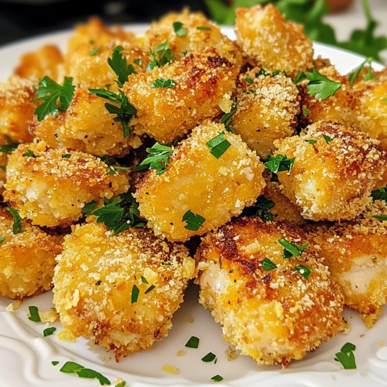 To make Garlic Parmesan Chicken Minis, gather these key items: - 2 boneless, skinless chicken breasts, cut into bite-sized pieces - 1 cup all-purpose flour - 1 teaspoon garlic powder - 1 teaspoon onion powder - ½ teaspoon paprika - Salt and black pepper, to taste - 1 large egg, lightly beaten - 1 cup panko bread crumbs - ½ cup freshly grated Parmesan cheese - 2 cloves garlic, finely minced - 2 tablespoons fresh parsley, finely chopped - Olive oil, for frying You can add fun twists to your chicken minis. Here are some ideas: - Spicy seasoning, like cayenne pepper, for a kick - Different types of cheese, like cheddar or Italian blend - Fresh herbs, like basil or oregano, for extra flavor - Lemon zest, for a bright, fresh taste Having the right tools makes cooking easier. For this dish, you will need: - Three mixing bowls for coating - A whisk for combining dry ingredients - A frying pan or skillet for cooking - A meat thermometer to check chicken doneness - A paper towel-lined plate to drain excess oil These ingredients and tools will help you create tasty Garlic Parmesan Chicken Minis with ease! {{ingredient_image_2}} - Dredging the Chicken Start by cutting the chicken breasts into small pieces. This makes them easy to eat. In a bowl, mix flour, garlic powder, onion powder, paprika, salt, and pepper. Whisk it well. Take each chicken piece and coat it in the flour mixture. Shake off any extra flour. This step helps the egg stick later. - Egg Coating Process In a separate bowl, beat the egg with a fork until it’s smooth. After dredging in flour, dip each piece of chicken into the egg. Make sure every side gets coated. This step adds moisture and helps the breadcrumbs stick better. - Coating with Breadcrumb Mixture In another bowl, combine panko breadcrumbs, grated Parmesan, minced garlic, and chopped parsley. Mix well so the ingredients are evenly spread. Roll each egg-coated chicken piece in this breadcrumb mix. Press gently to help the crumbs stick. This gives the chicken a nice, crunchy texture. - Frying Tips for Crispiness Heat olive oil in a large skillet over medium heat. Add just enough oil to coat the bottom. When the oil shimmers, it’s time to fry. Place the chicken pieces in batches. Don’t overcrowd the pan. This helps them cook evenly and get crispy. - Achieving Perfect Golden Color Fry the chicken for about 4-5 minutes on each side. You want a nice golden-brown color. Check that the internal temperature reaches 165°F (75°C) for safety. Once cooked, place the chicken on a paper towel-lined plate. This drains off any extra oil and keeps them crispy. When cooking chicken, always start with fresh meat. Fresh chicken has better flavor and texture. Cut the chicken into even pieces. This helps them cook at the same rate. Use a meat thermometer to check doneness. Chicken is safe to eat at 165°F (75°C). To boost flavor, season chicken well before breading. Use salt and pepper generously. The garlic powder and onion powder in the flour mix add depth. For more flavor, let the chicken sit in the seasoning for a few minutes. Fresh herbs like parsley enhance taste and make the dish pop. Serve Garlic Parmesan Chicken Minis hot for the best experience. Pair them with marinara sauce for dipping. You can also add a side salad or veggies for a complete meal. For a fun touch, use toothpicks for easy serving at parties. These chicken minis are great for gatherings or a cozy dinner. Pro Tips Use Fresh Ingredients: Fresh garlic and parsley will enhance the flavor of your chicken minis, making them more aromatic and delicious. Adjust the Spice Level: Feel free to add a pinch of cayenne pepper or red pepper flakes to the flour mixture for a spicy kick that complements the garlic. Let the Chicken Rest: After frying, allow the chicken minis to rest for a couple of minutes before serving. This helps the juices redistribute, keeping them moist. Experiment with Dipping Sauces: While marinara sauce is classic, try serving with garlic aioli or ranch dressing for a fun twist! {{image_4}} You can switch the breading to add more flavor. Try using crushed cornflakes or crushed tortilla chips. They give a nice crunch and a different taste. For a gluten-free option, use almond flour or gluten-free breadcrumbs. These swaps keep the dish exciting and let you explore new textures. To boost the taste, add spices to the flour mix. Adding cayenne pepper gives a nice kick. You can also try Italian seasoning or dried oregano for a herbaceous touch. For a cheesy twist, mix more Parmesan into the breadcrumb mix. These little changes can make a big difference in flavor. Frying can be tasty, but you can also bake these chicken minis. Preheat your oven to 400°F (200°C). Place the coated chicken on a baking sheet. Spray or brush them with olive oil for a crisp finish. Bake for about 20 minutes until golden brown. This way, you cut down on oil while keeping the crunch. After enjoying your garlic Parmesan chicken minis, store any leftovers in an airtight container. They will keep well in the fridge for up to three days. Make sure they cool down before sealing. This helps prevent sogginess. If you want to keep them longer, consider freezing them instead. When you're ready to enjoy leftovers, the best way is to reheat them in an oven. Preheat your oven to 375°F (190°C). Place the chicken minis on a baking sheet. Heat for about 10-15 minutes until they are warm and crispy again. You can also use an air fryer for a quicker option. Just set it to 350°F (175°C) and cook for about 5-7 minutes. This keeps your chicken tasty and crunchy. To freeze garlic Parmesan chicken minis, let them cool completely first. Arrange them in a single layer on a baking sheet. Freeze them for about an hour until firm. Then, transfer them to a freezer bag, removing as much air as possible. Label the bag with the date. They will last up to three months in the freezer. When ready to enjoy, thaw them in the fridge overnight before reheating. This method helps maintain their great taste and texture. To make Garlic Parmesan Chicken Minis vegan, use plant-based chicken. You can find many brands that mimic real chicken. Replace the egg with a mixture of plant milk and a tablespoon of flour. Use vegan Parmesan cheese for the cheesy flavor. The rest of the recipe stays the same, and you'll still enjoy those crunchy bites! Yes, you can bake the chicken minis instead of frying them. Preheat your oven to 400°F (200°C). Arrange the coated chicken pieces on a baking sheet lined with parchment paper. Spray a light coat of olive oil on top for crispiness. Bake for about 20-25 minutes, flipping halfway. Check for a golden color and a safe internal temperature of 165°F (75°C). Several sauces go well with Garlic Parmesan Chicken Minis. Marinara sauce is a classic choice, offering a nice contrast. Ranch dressing brings creaminess and flavor. Buffalo sauce adds heat for spice lovers. You can also try garlic aioli for that extra garlic kick! To check if the chicken is fully cooked, use a meat thermometer. Insert it into the thickest part of the chicken. It should read 165°F (75°C). The chicken should also have a nice golden-brown color. If you cut into it, the juices should run clear, not pink. You learned about the key ingredients and tools for making chicken. We went through easy steps to create crispy, tasty chicken. I shared tips to enhance flavor and serve it well. You also discovered variations and how to store leftovers safely. In closing, cooking chicken can be simple and fun. With practice, you can impress everyone at your table. Enjoy experimenting and share your best chicken recipes!