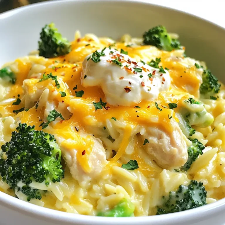 To make Cheesy Chicken Broccoli Orzo, gather these must-have ingredients: - 1 cup orzo pasta - 2 cups chicken broth - 1 cup broccoli florets - 1 cup cooked chicken, diced into bite-sized pieces - 1 cup shredded sharp cheddar cheese - 1/2 cup cream cheese, softened - 1/2 teaspoon garlic powder - 1/2 teaspoon onion powder - Salt and freshly ground black pepper to taste - 2 tablespoons olive oil These ingredients blend together to create a creamy, cheesy base that is rich in flavor. For those who want to kick it up a notch, add these optional ingredients: - 1/4 teaspoon red pepper flakes (for heat) - Fresh parsley, finely chopped, for garnish These extras can bring more depth and color to your dish, making it even more inviting. To prepare this dish, you will need a few simple tools: - Medium saucepan - Stirring spoon - Measuring cups and spoons - Colander (for draining orzo) Having these tools ready will make your cooking process smooth and easy. Enjoy using them while you whip up this delicious meal! {{ingredient_image_2}} Start by boiling chicken broth in a medium pot. Use medium-high heat for a quick boil. Once it bubbles, add 1 cup of orzo pasta. Cook it for about 8-10 minutes. Stir the orzo often to stop it from sticking. When there are 3-4 minutes left, toss in 1 cup of broccoli florets. They should turn bright green and tender. After cooking, drain any extra liquid from the pot. Now, place the orzo and broccoli back on low heat. Add 1 cup of diced cooked chicken to the pot. Then, stir in 1 cup of shredded sharp cheddar cheese and 1/2 cup of softened cream cheese. Next, pour in 2 tablespoons of olive oil. Sprinkle in 1/2 teaspoon of garlic powder and 1/2 teaspoon of onion powder. If you like heat, add 1/4 teaspoon of red pepper flakes. Mix everything well to combine all the flavors. Cook the mixture on low heat for 3-5 minutes. Stir often to ensure the cheeses melt smoothly. Check if the dish is heated through. Taste it and add salt and black pepper as needed. Let it sit for a minute after removing it from the heat. This helps set the flavors. Serve in warm bowls, and add fresh parsley for color. Enjoy the creamy, cheesy goodness! To cook orzo perfectly, use a large pot. This helps the orzo move freely. Boil water before adding the orzo. Stir it often to prevent sticking. Follow the package time for cooking. Aim for al dente for the best texture. To boost flavor, use garlic and onion powders. They add depth without overpowering. A pinch of red pepper flakes brings a little heat. Adjust salt and pepper to your taste. Fresh herbs like parsley can brighten the dish. Serve the cheesy chicken broccoli orzo in warm bowls. This keeps the dish cozy. Top with extra shredded cheese for a nice touch. A sprinkle of parsley adds color and freshness. For more flair, add chili flakes on top. Enjoy the comfort and flavor! Pro Tips Cook Orzo Al Dente: Ensure you cook the orzo until it is al dente for the best texture. This will prevent it from becoming mushy when combined with the cheese and chicken. Use Fresh Broccoli: Fresh broccoli florets not only taste better but also maintain a vibrant green color and crunch compared to frozen. Blanching them briefly helps retain their nutrients. Mix Cheese Varieties: For a more complex flavor, consider mixing sharp cheddar with other cheeses like mozzarella or gouda. This will enhance the creaminess and taste of your dish. Season to Taste: Always taste your dish before serving and adjust the seasoning. A little extra salt or pepper can make a big difference in flavor. {{image_4}} You can easily switch out chicken for other proteins. Try diced turkey, shrimp, or even tofu. Each choice brings a new taste to the dish. For instance, shrimp cooks quickly and adds a nice seafood flavor. Tofu is a great option for a vegetarian meal. Just make sure to season it well for the best flavor. Cheddar cheese is a classic choice, but feel free to explore. Mozzarella gives a stretchy quality, while gouda adds a smoky taste. You can even mix cheeses for a more complex flavor. A blend of sharp cheddar and cream cheese creates a rich and creamy texture. Don't be afraid to experiment and find your favorite cheese combo! Boost the nutrition by adding more veggies. Spinach, bell peppers, or peas work well. You can toss them in during the last few minutes of cooking. This keeps them bright and tender. More veggies mean more vitamins and minerals in your meal. Plus, they add color and crunch to your dish, making it more appealing! Store any leftovers in an airtight container. Make sure to let it cool first. Place the container in the fridge. This keeps the dish fresh for up to three days. Always check for signs of spoilage before eating. If it smells off or looks strange, toss it out. Reheat in a saucepan over medium heat. Add a splash of chicken broth to keep it moist. Stir often to avoid sticking. You can also use a microwave. Heat in short bursts, stirring in between. This helps keep the flavors nice and bright. To freeze, use a freezer-safe container. Make sure it’s sealed tightly. Label it with the date to track how long it’s been stored. You can freeze Cheesy Chicken Broccoli Orzo for up to three months. When ready to eat, thaw in the fridge overnight. Reheat using the instructions above for the best taste. If you don't have orzo, try using small pasta shapes like ditalini or acini di pepe. Rice is also a good choice. Quinoa can work if you want a gluten-free option. Each of these alternatives will give you a similar texture and absorb the flavors well. Yes, you can prepare this dish ahead of time. Cook the orzo and broccoli as directed. Mix in the chicken and cheeses, then store it in the fridge. Just reheat it when you are ready to eat. This makes life easier on busy days. Cheesy Chicken Broccoli Orzo is great for meal prep. You can divide the dish into portions and store them in airtight containers. This way, you have tasty meals ready to grab and go. It holds up well in the fridge for a few days. To reheat, use low heat on the stove. Add a splash of chicken broth or water to keep the dish moist. Stir gently until warmed through. You can also microwave it, but cover it to trap steam. This keeps the orzo creamy and delicious. Cheesy Chicken Broccoli Orzo is a simple and delicious dish. You learned essential and optional ingredients, plus helpful tools for cooking. I shared step-by-step instructions to create the perfect texture. Tips on cooking orzo and serving suggestions enhance your meal. You can also explore variations for added nutrition and taste. Finally, I covered storage methods to keep your leftovers fresh. Enjoy cooking and feel confident in making this tasty dish!
