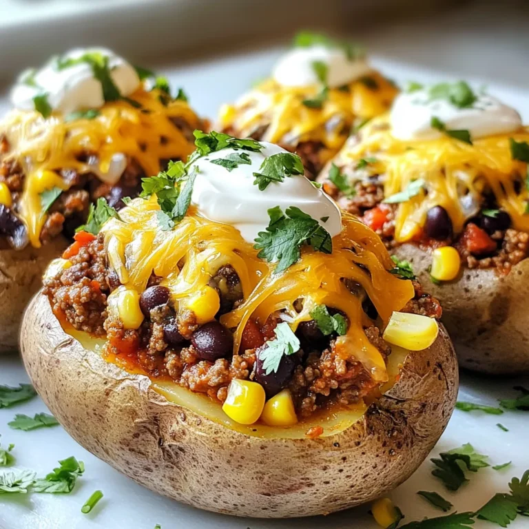 To make Cheesy Taco Potatoes, you need a few simple ingredients. Here’s the list you’ll want to gather: - 4 medium russet potatoes - 1 pound ground beef or turkey - 1 packet taco seasoning - 1 cup shredded sharp cheddar cheese - 1 cup canned black beans - ½ cup corn kernels - 1 small onion - 1 tablespoon olive oil - Salt and freshly ground black pepper - ½ cup sour cream (optional) - Fresh cilantro (for garnish) These ingredients come together to create a hearty meal. The russet potatoes are the perfect vessel for all those tasty fillings. You can choose ground beef or turkey based on your preference. The taco seasoning adds a bold flavor that pairs well with the cheese and beans. I love using canned black beans for their creaminess and protein. Corn adds a sweet crunch, while the onion brings warmth to the dish. Don’t forget the olive oil for sautéing the onion. It adds richness and helps with the cooking process. For a finishing touch, I often add sour cream on top. It gives a nice creamy contrast to the cheesy filling. Fresh cilantro not only adds flavor but also makes the dish look vibrant. Gather these ingredients, and you’re ready to create a delicious meal that everyone will love! {{ingredient_image_2}} Set your oven to 400°F (200°C). This temperature will help the potatoes bake well. Take four medium russet potatoes, scrub them clean, and dry them. Using a fork, poke holes in each potato. This step helps steam escape while they bake. Place the potatoes directly on the oven rack. Bake for 45-60 minutes until they feel soft when pierced with a fork. While the potatoes bake, grab a large skillet. Heat one tablespoon of olive oil over medium heat. Add a small onion, finely diced. Cook the onion for about 4-5 minutes. Stir occasionally until it turns translucent and gives off a nice smell. Now it’s time for the meat. Increase the heat a bit and add one pound of ground beef or turkey to the skillet. Cook the meat for about 6-8 minutes. Crumble it with a spoon as it cooks. Make sure the meat is fully done and drain any extra fat if needed. Next, stir in one packet of taco seasoning, one cup of canned black beans, and half a cup of corn kernels. Cook this mixture for another 3-4 minutes. This lets all the flavors mix well. Taste it and add salt and pepper if needed. Once your potatoes are baked, take them out of the oven. Be careful, as they will be hot! Let them cool for a few minutes. Cut each potato lengthwise, making a slit in the top. Use a fork to gently fluff the insides. This creates space for your filling. Now it’s time to stuff the potatoes. Scoop the cheesy taco beef mixture into each potato. Fill them generously. Sprinkle one cup of shredded sharp cheddar cheese on top of each filled potato. Return them to the oven for 5-7 minutes. This time helps the cheese melt and get bubbly. After baking, take the potatoes out of the oven. Let them cool for a couple of minutes. If you want, drizzle some sour cream on top. Finally, garnish with freshly chopped cilantro. This adds a pop of color and flavor to your dish. To bake perfect potatoes, start by preheating your oven to 400°F (200°C). Poke each potato with a fork several times. This allows steam to escape. Bake them for 45-60 minutes. You know they are done when a fork can easily pierce through. The skin should look crisp, and the inside should feel soft. You can choose between ground beef and turkey for this recipe. Ground beef gives a rich flavor and is juicy. It works well if you enjoy a hearty meal. Ground turkey is leaner and offers a lighter option. It is great if you want something less fatty. Both options taste amazing with taco seasoning. To make your Cheesy Taco Potatoes even better, think about extra seasonings. You can add garlic powder or chili powder for a kick. Fresh lime juice brings a zesty touch. Don’t forget toppings! Sour cream adds creaminess, while fresh cilantro gives color and freshness. You could also use sliced jalapeños for heat. Pro Tips Choose the Right Potatoes: For the best texture and flavor, use medium russet potatoes as they become fluffy inside when baked. Customize Your Filling: Feel free to add other ingredients like diced bell peppers or jalapeños for extra flavor and crunch. Make Ahead: You can prepare the filling ahead of time and store it in the fridge. Just fill the baked potatoes when you're ready to serve. Perfectly Melted Cheese: For the ultimate cheesy experience, broil the potatoes for an additional 1-2 minutes after baking to achieve a golden crust. {{image_4}} You can make Cheesy Taco Potatoes vegetarian. Just swap the ground meat for plant-based options. You can use lentils, tempeh, or meatless crumbles. These choices add protein and flavor. You can also try black beans or chickpeas for more texture. Make sure to season well with taco spices for that classic taste. Want some heat? Add diced jalapeños or serrano peppers to your filling. You can also mix in your favorite hot sauce while cooking the meat. If you like it mild, skip the peppers. Taste the filling as you go to find your perfect heat level. Cheese lovers can get creative with their choices. Try pepper jack for a spicy kick or creamy mozzarella for a milder taste. You can even mix different cheeses together for a unique flavor blend. Cheddar adds sharpness, while queso fresco gives a fresh feel. Experiment and enjoy the cheesy goodness! After enjoying your Cheesy Taco Potatoes, let them cool first. Place any leftovers in an airtight container. Make sure to store them in the fridge. They should stay fresh for up to three days. If you want to keep them longer, consider freezing. To reheat your Cheesy Taco Potatoes, you have a few options. The best method is to use the oven. Preheat it to 350°F (175°C). Place the potatoes on a baking sheet and cover them with foil. Heat for about 15-20 minutes, or until warm. You can also use a microwave. Just cover the potatoes with a damp paper towel and heat in 30-second bursts until warm. If you want to freeze the Cheesy Taco Potatoes, wrap each potato tightly in plastic wrap. Then, place them in a freezer-safe bag or container. They can be frozen for up to three months. When ready to eat, thaw them in the fridge overnight before reheating. This keeps them tasty and fresh for your next meal. Yes, you can use sweet potatoes. They add a nice sweetness. However, they change the dish's flavor. Sweet potatoes take less time to cook. You may need to adjust your baking time. To reheat properly, use the oven. Preheat it to 350°F (175°C). Cover the potatoes with foil. This keeps moisture in and prevents drying. Heat for about 15-20 minutes. You can also use the microwave, but add a bit of water. These potatoes pair well with a fresh salad. A simple green salad with a light dressing works great. You can also serve nacho chips for crunch. Another option is guacamole or salsa for extra flavor. Cheesy Taco Potatoes last up to four days in the fridge. Store them in an airtight container. Make sure they cool down before putting them away. If they smell off or look strange, throw them out. Always trust your senses! You learned how to make delicious Cheesy Taco Potatoes. We covered each step, from baking potatoes to choosing toppings. Remember to select the right meat or go vegetarian for a twist. Proper storage is key to enjoying leftovers later. My final thoughts? This dish is simple, fun, and full of flavor. I hope you try it and enjoy every bite. Happy cooking!