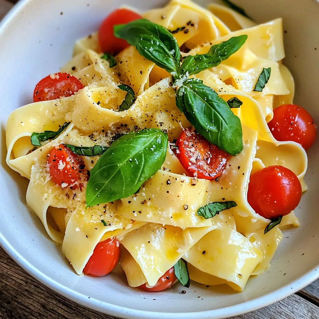 To make Spicy Creamy Pappardelle, gather these main ingredients: - 12 oz pappardelle pasta - 1 tablespoon extra-virgin olive oil - 1 medium onion, finely chopped - 3 cloves garlic, minced - 1 teaspoon red pepper flakes - 1 cup heavy cream - 1 cup cherry tomatoes, halved - 1/2 cup freshly grated Pecorino Romano cheese - Kosher salt and freshly ground black pepper - Fresh basil leaves, for garnish - Zest of 1 lemon Each ingredient adds a unique flavor. The pappardelle gives a nice texture, while the cream adds richness. Tomatoes bring freshness, and cheese adds a salty kick. For seasonings and garnishes, I recommend using: - Red pepper flakes for heat - Kosher salt for depth - Freshly ground black pepper for spice - Fresh basil leaves for freshness - Lemon zest for brightness These elements enhance the overall flavor. The balance of heat, creaminess, and freshness makes each bite delightful. If you need substitutions, here are some ideas: - Use fettuccine if you can’t find pappardelle. - Swap heavy cream with half-and-half for a lighter option. - Try cherry tomatoes with sun-dried tomatoes for a different taste. - Use Parmesan cheese instead of Pecorino Romano. These swaps can change the dish's profile while keeping it delicious. Feel free to adjust based on what you have. {{ingredient_image_2}} Start by boiling a large pot of salted water. Once it reaches a rolling boil, add 12 ounces of pappardelle pasta. Cook the pasta according to the package instructions until it's al dente, usually about 8 to 10 minutes. Be sure to reserve 1 cup of the starchy pasta water before you drain it. This water helps to thicken the sauce later. Next, heat 1 tablespoon of extra-virgin olive oil in a large skillet over medium heat. Once the oil shimmers, add 1 finely chopped medium onion. Sauté the onion for about 5 minutes until it becomes translucent and soft. This step builds a great base for your sauce. Add 3 minced garlic cloves and 1 teaspoon of red pepper flakes to the skillet. Cook for 1 to 2 minutes, stirring often. You want the garlic to be fragrant and golden, but not burnt. Carefully pour in 1 cup of heavy cream and stir to combine. Toss in 1 cup of halved cherry tomatoes. Let the mixture simmer for about 5 minutes. This helps the sauce thicken and the tomatoes soften. Now it’s time to bring it all together. Add the drained pappardelle to the skillet. Season with kosher salt and freshly ground black pepper to taste. Stir in 1/2 cup of freshly grated Pecorino Romano cheese. Mix thoroughly until the pasta is well-coated. If the sauce feels too thick, gradually add some of the reserved pasta water until you reach your desired consistency. To finish, stir in the zest of 1 lemon. This brightens the dish and adds freshness. Taste the pasta and adjust the seasoning with more salt and pepper if needed. Serve the pappardelle in warmed bowls, garnishing each plate with fresh basil leaves. For an extra touch, you can sprinkle more grated Pecorino Romano cheese on top. Enjoy your delicious creation! To make the sauce creamy, start with heavy cream. This gives a rich texture. Heat the cream slowly to avoid burning. Stir it in with the garlic and onion mix. This helps the flavors blend well. If the sauce is too thick, add reserved pasta water. This water contains starch, which makes the sauce smooth. Always taste your sauce before serving. Adjust salt and pepper as needed. To control the spice, use red pepper flakes wisely. Start with a small amount, like half a teaspoon. You can always add more if you want extra heat. For a milder dish, skip the red pepper. If spicy is your goal, add fresh chili or more flakes. Just remember, taste as you go! For a beautiful plate, use warmed bowls. This keeps the pasta hot longer. Garnish with fresh basil leaves for color. A sprinkle of Pecorino Romano cheese adds flavor and elegance. You can also drizzle a bit of olive oil on top. A lemon wedge on the side brightens the look and taste. These small touches make your dish stand out! Pro Tips Adjust the Heat: If you prefer a milder dish, start with half the amount of red pepper flakes and adjust to your taste. Perfectly Cooked Pasta: Always cook your pasta just until al dente, as it will continue to cook slightly when mixed with the sauce. Fresh Ingredients Matter: Using fresh basil and ripe cherry tomatoes can significantly enhance the flavor of your dish. Save That Pasta Water: The starchy pasta water can be a game changer for achieving the perfect sauce consistency, so don’t forget to reserve it! {{image_4}} You can make this dish vegetarian by skipping the meat. Instead, use more veggies. Try adding mushrooms, spinach, or bell peppers. These will add great flavor and texture. You can also add some cooked lentils for protein. If you want to add protein, grilled chicken is a tasty option. Shrimp works well, too. Just sauté them in the skillet for a few minutes before adding the cream. For a different flavor, try Italian sausage. You can remove the casing and crumble it in as it cooks. If you can't find pappardelle, you can use other pasta types. Fettuccine or tagliatelle are great choices. You could also use gluten-free pasta if needed. Just make sure to cook it according to package instructions for the best texture. To store leftovers, let the pappardelle cool down first. Then, place it in an airtight container. You can keep it in the fridge for up to three days. Make sure to cover it well to keep it fresh. To reheat, use a skillet on medium heat. Add a splash of water or cream to keep it moist. Stir often until heated through. You can also use the microwave; just cover it to prevent drying. Heat in short intervals and stir between sessions. You can freeze pappardelle for up to two months. Cool it completely before freezing. Use a freezer-safe container or bag. Remember to label it with the date. When ready to eat, thaw it in the fridge overnight. Reheat it as mentioned above for best results. You can use milk and butter as a substitute for heavy cream. Mix 3/4 cup of milk with 1/4 cup of melted butter. This gives a creamy texture, but it may not be as rich. You can also use half-and-half if you want something closer to heavy cream. If you prefer a dairy-free option, try coconut cream. It adds a nice flavor too. Yes, you can make this dish ahead of time. Cook the pasta and sauce, then combine them. Store it in an airtight container in the fridge. When ready to eat, just reheat it on the stove. You may need to add a splash of water or cream to help with the sauce. This keeps it creamy and delicious. To serve more people, simply double the ingredients. Use 24 oz of pappardelle and adjust the rest of the ingredients accordingly. You can also cook in batches if your pan is not large enough. This way, you keep the flavors rich and the texture perfect. This blog post covered how to make Spicy Creamy Pappardelle step by step. We looked at the main ingredients, cooking techniques, and helpful tips. I also shared easy variations and storage advice. Cooking can be fun and tasty. Don’t hesitate to try new things. You can make this dish your own. Enjoy your cooking and share this delicious meal with others!