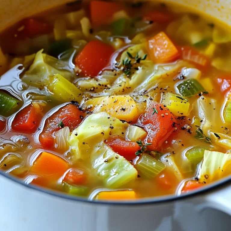 - 1 small head of green cabbage, finely chopped - 1 large onion, diced - 2 cloves garlic, minced - 3 medium carrots, diced - 3 celery stalks, diced - 1 bell pepper (any color), chopped into small pieces - 1 can (14.5 oz) diced tomatoes, juice included - 6 cups vegetable broth (homemade or low-sodium) - 1 teaspoon dried thyme - 1 teaspoon dried oregano - 1 bay leaf - Salt and black pepper to taste - 1 tablespoon olive oil - 1 cup fresh green beans, trimmed and cut into bite-sized pieces Each serving of this soup contains: - Calories: 100 - Protein: 5g - Carbohydrates: 20g - Fiber: 5g - Fat: 2g - Sodium: 180mg - Cabbage: Low in calories, high in fiber. It helps keep you full longer. - Onion and Garlic: Add flavor without calories. They also boost metabolism. - Carrots: Sweet and crunchy. They add nutrients and fiber for digestion. - Celery: Very low in calories. It adds crunch and hydration. - Bell Pepper: Rich in vitamins A and C. They help with skin health. - Diced Tomatoes: Full of lycopene, which may help burn fat. - Vegetable Broth: Keeps the soup light and hydrating. - Thyme and Oregano: Add flavor without extra calories. - Olive Oil: A healthy fat. It aids in nutrient absorption. - Green Beans: Low-calorie and adds a nice texture. This soup offers a tasty way to enjoy a low-calorie meal while getting important nutrients. Each ingredient works together to support your weight loss goals. {{ingredient_image_2}} Start with fresh veggies for the best taste. Chop 1 small head of green cabbage finely. Dice 1 large onion and mince 2 cloves of garlic. Dice 3 medium carrots and 3 celery stalks. Finally, chop 1 bell pepper into small pieces. Having everything prepped makes cooking quick and easy. 1. Heat 1 tablespoon of olive oil in a large pot over medium heat. Add the diced onions and garlic. Sauté for 3-5 minutes until soft and fragrant, but not browned. 2. Next, stir in the diced carrots, celery, and bell pepper. Cook for an additional 5 minutes, stirring often, until they soften slightly. 3. Add the chopped cabbage and 1 cup of fresh green beans. Mix well and sauté for another 5 minutes. This helps the cabbage wilt down. 4. Pour in 1 can of diced tomatoes, including the juice, and 6 cups of vegetable broth. Sprinkle in 1 teaspoon each of dried thyme and oregano, plus 1 bay leaf. 5. Bring the soup to a gentle boil over medium-high heat. Then lower the heat and cover the pot. Let it simmer for 30-40 minutes until the veggies are tender and flavors meld. 6. After cooking, take out the bay leaf. Taste the soup and season with salt and black pepper as needed. Serve the soup hot in bowls. For a bright touch, sprinkle with freshly chopped parsley or add a twist of lemon zest. This adds a pop of color and a fresh flavor. Enjoy this nutritious and satisfying dish! To boost the flavor of your cabbage soup, try these tips: - Use homemade vegetable broth for a richer taste. - Add a splash of lemon juice for brightness. - Stir in fresh herbs like parsley or basil before serving. - Top with a dollop of Greek yogurt for creaminess. Avoid these mistakes to ensure your soup is perfect: - Don’t skip the sauté step. It builds flavor. - Use fresh vegetables for the best taste and texture. - Don’t overcook the veggies. They should be tender, not mushy. - Season gradually. It’s easier to add salt than to remove it. Meal prep makes this recipe easy and convenient: - Chop all veggies ahead of time and store them in the fridge. - Make a large batch and portion it out for the week. - Freeze leftovers for quick meals later. - Reheat on the stove for the best flavor and texture. Pro Tips Fresh Ingredients: Always use the freshest vegetables you can find for the best flavor and nutrition in your soup. Customize Your Veggies: Feel free to substitute or add any seasonal vegetables you have on hand to make the soup your own. Flavor Boost: For an extra depth of flavor, consider adding a splash of balsamic vinegar or a pinch of red pepper flakes. Make Ahead: This soup stores well in the refrigerator for up to 3 days and tastes even better the next day after the flavors meld. {{image_4}} If you want more protein in your soup, try adding cooked chicken or turkey. Shredded rotisserie chicken works great. You can also add a can of drained beans, like kidney or black beans. They mix well and add a nice texture. For a vegetarian option, try adding tofu. Just cut it into small cubes and mix it in. These options help make the soup more filling and satisfying. Cabbage soup is flexible. You can swap in other veggies based on what you like. Try adding zucchini, spinach, or kale. They add color and nutrition. You can also use frozen mixed vegetables for a quick fix. Just toss them in during the last 15 minutes of cooking. This keeps them fresh and bright. Experiment with root vegetables like sweet potatoes or parsnips for a different taste. To change the flavor, think about herbs and spices. Adding fresh basil or parsley can brighten the soup. You can also try a pinch of red pepper flakes for heat. If you love a smoky taste, add smoked paprika. For a more savory kick, toss in some cumin. Each of these additions gives a unique twist, keeping your soup exciting and fresh every time you make it. After you make your Weight Watchers cabbage soup, let it cool. This helps keep it fresh. Store it in an airtight container. You can keep it in the fridge for up to five days. Make sure to label the container with the date. This way, you won't forget when you made it. If you want to keep the soup longer, consider freezing it. Pour the cooled soup into freezer-safe bags. Remove as much air as you can before sealing. This helps prevent freezer burn. You can freeze it for up to three months. When you're ready to eat it, thaw it in the fridge overnight. To reheat the soup, use a pot on medium heat. Stir it often to avoid burning. If the soup seems thick, add a bit of water or broth. This helps bring back its original texture. You can also use a microwave. Heat it in short bursts, stirring in between. Enjoy your hot, tasty soup! Yes, you can! This soup is very flexible. You can add vegetables like zucchini, spinach, or kale. This adds more nutrients and different flavors. Feel free to mix in your favorites. Just make sure to chop them into small pieces to keep cooking times similar. Weight Watchers Cabbage Soup can last about 3 to 5 days in the fridge. Store it in an airtight container. If you want it to last longer, you can freeze it. Just remember to leave some space in the container for expansion. Yes, it is perfect for meal planning! This soup is easy to prepare and reheat. You can cook a large batch and divide it into portions. It makes a healthy lunch or dinner option. Plus, it’s low in points, which is great for staying on track. This blog post covered how to make a great cabbage soup for weight loss. We looked at key ingredients, step-by-step cooking, and useful tips. Each ingredient plays a role in health and weight. Remember to store your soup well for long-lasting flavor. You can experiment with different vegetables or spices for variety. Follow these guidelines, and you’ll enjoy tasty meals that support your goals. Happy cooking!