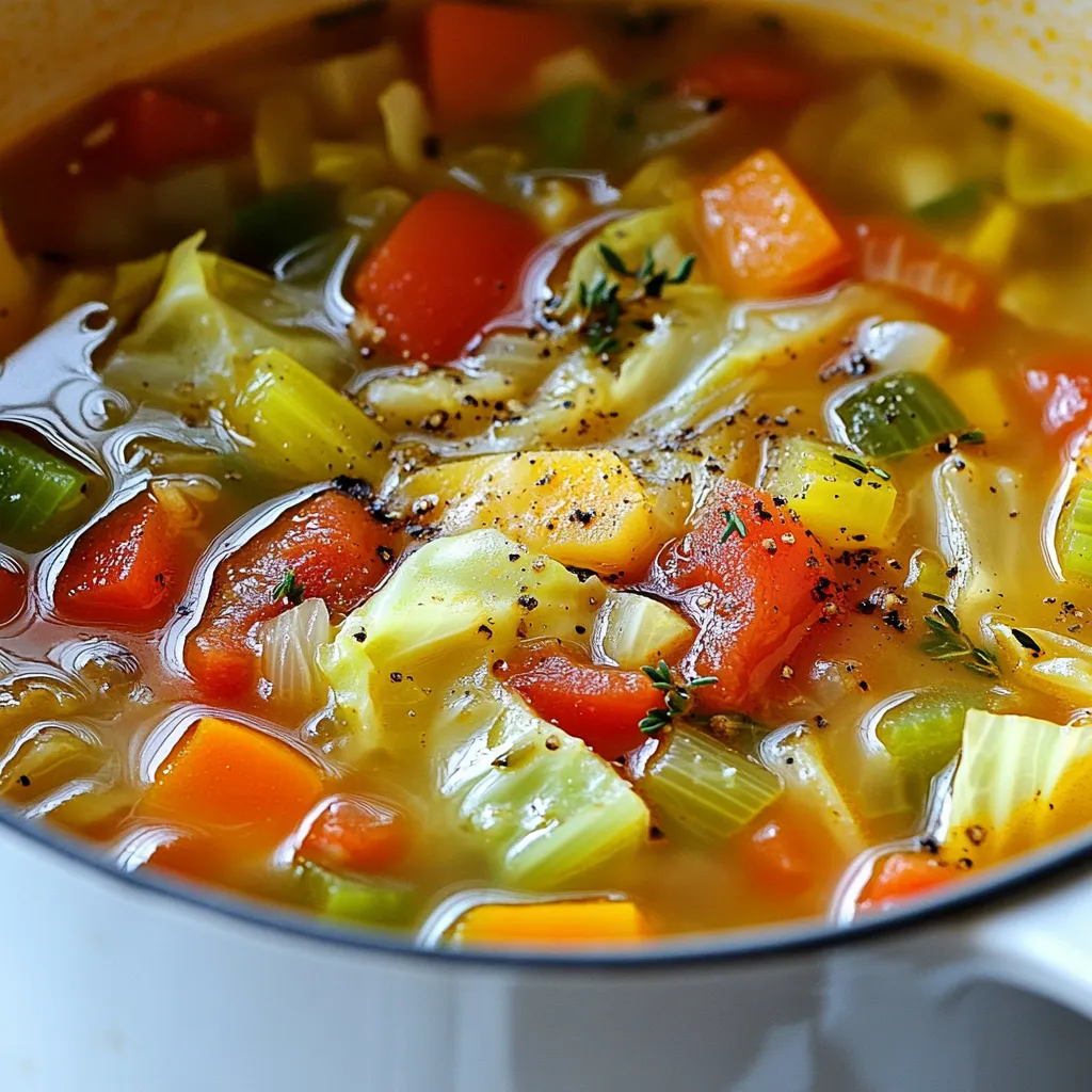 - 1 small head of green cabbage, finely chopped - 1 large onion, diced - 2 cloves garlic, minced - 3 medium carrots, diced - 3 celery stalks, diced - 1 bell pepper (any color), chopped into small pieces - 1 can (14.5 oz) diced tomatoes, juice included - 6 cups vegetable broth (homemade or low-sodium) - 1 teaspoon dried thyme - 1 teaspoon dried oregano - 1 bay leaf - Salt and black pepper to taste - 1 tablespoon olive oil - 1 cup fresh green beans, trimmed and cut into bite-sized pieces Each serving of this soup contains: - Calories: 100 - Protein: 5g - Carbohydrates: 20g - Fiber: 5g - Fat: 2g - Sodium: 180mg - Cabbage: Low in calories, high in fiber. It helps keep you full longer. - Onion and Garlic: Add flavor without calories. They also boost metabolism. - Carrots: Sweet and crunchy. They add nutrients and fiber for digestion. - Celery: Very low in calories. It adds crunch and hydration. - Bell Pepper: Rich in vitamins A and C. They help with skin health. - Diced Tomatoes: Full of lycopene, which may help burn fat. - Vegetable Broth: Keeps the soup light and hydrating. - Thyme and Oregano: Add flavor without extra calories. - Olive Oil: A healthy fat. It aids in nutrient absorption. - Green Beans: Low-calorie and adds a nice texture. This soup offers a tasty way to enjoy a low-calorie meal while getting important nutrients. Each ingredient works together to support your weight loss goals. {{ingredient_image_2}} Start with fresh veggies for the best taste. Chop 1 small head of green cabbage finely. Dice 1 large onion and mince 2 cloves of garlic. Dice 3 medium carrots and 3 celery stalks. Finally, chop 1 bell pepper into small pieces. Having everything prepped makes cooking quick and easy. 1. Heat 1 tablespoon of olive oil in a large pot over medium heat. Add the diced onions and garlic. Sauté for 3-5 minutes until soft and fragrant, but not browned. 2. Next, stir in the diced carrots, celery, and bell pepper. Cook for an additional 5 minutes, stirring often, until they soften slightly. 3. Add the chopped cabbage and 1 cup of fresh green beans. Mix well and sauté for another 5 minutes. This helps the cabbage wilt down. 4. Pour in 1 can of diced tomatoes, including the juice, and 6 cups of vegetable broth. Sprinkle in 1 teaspoon each of dried thyme and oregano, plus 1 bay leaf. 5. Bring the soup to a gentle boil over medium-high heat. Then lower the heat and cover the pot. Let it simmer for 30-40 minutes until the veggies are tender and flavors meld. 6. After cooking, take out the bay leaf. Taste the soup and season with salt and black pepper as needed. Serve the soup hot in bowls. For a bright touch, sprinkle with freshly chopped parsley or add a twist of lemon zest. This adds a pop of color and a fresh flavor. Enjoy this nutritious and satisfying dish! To boost the flavor of your cabbage soup, try these tips: - Use homemade vegetable broth for a richer taste. - Add a splash of lemon juice for brightness. - Stir in fresh herbs like parsley or basil before serving. - Top with a dollop of Greek yogurt for creaminess. Avoid these mistakes to ensure your soup is perfect: - Don’t skip the sauté step. It builds flavor. - Use fresh vegetables for the best taste and texture. - Don’t overcook the veggies. They should be tender, not mushy. - Season gradually. It’s easier to add salt than to remove it. Meal prep makes this recipe easy and convenient: - Chop all veggies ahead of time and store them in the fridge. - Make a large batch and portion it out for the week. - Freeze leftovers for quick meals later. - Reheat on the stove for the best flavor and texture. Pro Tips Fresh Ingredients: Always use the freshest vegetables you can find for the best flavor and nutrition in your soup. Customize Your Veggies: Feel free to substitute or add any seasonal vegetables you have on hand to make the soup your own. Flavor Boost: For an extra depth of flavor, consider adding a splash of balsamic vinegar or a pinch of red pepper flakes. Make Ahead: This soup stores well in the refrigerator for up to 3 days and tastes even better the next day after the flavors meld. {{image_4}} If you want more protein in your soup, try adding cooked chicken or turkey. Shredded rotisserie chicken works great. You can also add a can of drained beans, like kidney or black beans. They mix well and add a nice texture. For a vegetarian option, try adding tofu. Just cut it into small cubes and mix it in. These options help make the soup more filling and satisfying. Cabbage soup is flexible. You can swap in other veggies based on what you like. Try adding zucchini, spinach, or kale. They add color and nutrition. You can also use frozen mixed vegetables for a quick fix. Just toss them in during the last 15 minutes of cooking. This keeps them fresh and bright. Experiment with root vegetables like sweet potatoes or parsnips for a different taste. To change the flavor, think about herbs and spices. Adding fresh basil or parsley can brighten the soup. You can also try a pinch of red pepper flakes for heat. If you love a smoky taste, add smoked paprika. For a more savory kick, toss in some cumin. Each of these additions gives a unique twist, keeping your soup exciting and fresh every time you make it. After you make your Weight Watchers cabbage soup, let it cool. This helps keep it fresh. Store it in an airtight container. You can keep it in the fridge for up to five days. Make sure to label the container with the date. This way, you won't forget when you made it. If you want to keep the soup longer, consider freezing it. Pour the cooled soup into freezer-safe bags. Remove as much air as you can before sealing. This helps prevent freezer burn. You can freeze it for up to three months. When you're ready to eat it, thaw it in the fridge overnight. To reheat the soup, use a pot on medium heat. Stir it often to avoid burning. If the soup seems thick, add a bit of water or broth. This helps bring back its original texture. You can also use a microwave. Heat it in short bursts, stirring in between. Enjoy your hot, tasty soup! Yes, you can! This soup is very flexible. You can add vegetables like zucchini, spinach, or kale. This adds more nutrients and different flavors. Feel free to mix in your favorites. Just make sure to chop them into small pieces to keep cooking times similar. Weight Watchers Cabbage Soup can last about 3 to 5 days in the fridge. Store it in an airtight container. If you want it to last longer, you can freeze it. Just remember to leave some space in the container for expansion. Yes, it is perfect for meal planning! This soup is easy to prepare and reheat. You can cook a large batch and divide it into portions. It makes a healthy lunch or dinner option. Plus, it’s low in points, which is great for staying on track. This blog post covered how to make a great cabbage soup for weight loss. We looked at key ingredients, step-by-step cooking, and useful tips. Each ingredient plays a role in health and weight. Remember to store your soup well for long-lasting flavor. You can experiment with different vegetables or spices for variety. Follow these guidelines, and you’ll enjoy tasty meals that support your goals. Happy cooking!