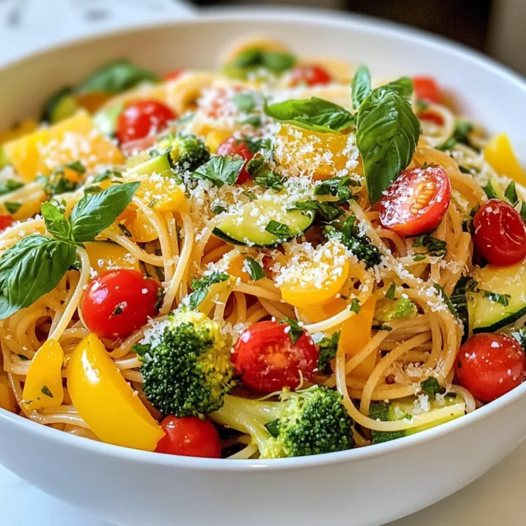 To make a delicious Vegetarian Pasta Primavera, you'll need: - 8 oz. whole wheat pasta (spaghetti or penne) - 2 tablespoons extra virgin olive oil - 1 small zucchini, thinly julienned - 1 bell pepper (red or yellow), sliced into thin strips - 1 cup cherry tomatoes, halved - 1 cup broccoli florets, cut into bite-sized pieces - 1 medium carrot, thinly sliced - 3 cloves garlic, finely minced - 1 teaspoon dried oregano - 1 teaspoon dried basil - Salt and freshly ground pepper to taste - ¼ cup grated Parmesan cheese (or nutritional yeast for vegan) - Fresh basil leaves, for garnish You can easily adjust this recipe for different diets: - For gluten-free, choose a gluten-free pasta. - Swap Parmesan with nutritional yeast for a vegan option. - Use any seasonal veggies you have on hand, like asparagus or spinach. - For extra protein, add chickpeas or tofu. When picking your veggies, look for these signs: - Choose zucchini that feels firm and has a smooth skin. - Pick bell peppers that are bright and have no soft spots. - Select cherry tomatoes that are plump and fragrant. - For broccoli, look for tight florets and vibrant green color. - Fresh herbs should smell strong and be free of brown spots. These tips will help you find the freshest and best-tasting produce for your Pasta Primavera. Enjoy cooking! {{ingredient_image_2}} Start by boiling a large pot of water. Make sure it bubbles well. Add a good amount of salt to the water. Then, toss in the whole wheat pasta. Cook it according to the package's directions until it is al dente. Before draining, save half a cup of the water. Drain the pasta and set it aside. In a large skillet, heat the olive oil over medium heat. Once the oil shimmers, add the minced garlic. Sauté it for about one minute. You want it to smell great and turn a light golden color. Now, add the zucchini, bell pepper, broccoli, carrot, and cherry tomatoes to the skillet. Stir-fry these fresh veggies for about 5 to 7 minutes. They should soften just a bit but still keep their bright colors and crunch. Add the drained pasta right into the skillet with the veggies. Slowly stir in the reserved pasta water, one tablespoon at a time. Mix until the dish is as creamy as you like. If you’re using Parmesan, sprinkle it over the pasta. Toss everything together well. This helps the cheese melt slightly and adds great flavor. Enjoy every colorful bite! To achieve the best texture, cook vegetables until they are bright and tender. Here are some tips: - Cut vegetables into similar sizes for even cooking. - Start with harder vegetables like carrots and broccoli, and add softer ones later. - Stir-fry over medium heat to keep veggies crunchy. Boost the taste of your pasta primavera with these simple tricks: - Use fresh herbs like basil and oregano for a vibrant taste. - Add a splash of lemon juice for brightness. - Mix in crushed red pepper for a little heat. - Consider a dash of soy sauce for depth. Make your dish appealing with these ideas: - Use colorful bowls to highlight the bright veggies. - Drizzle extra olive oil over the top for added richness. - Garnish with whole basil leaves for a fresh look. - Sprinkle more cheese on top for a delicious finish. Pro Tips Fresh Ingredients Matter: Always use the freshest vegetables you can find for the most vibrant colors and flavors in your pasta primavera. Customize Your Veggies: Feel free to substitute or add any seasonal vegetables you enjoy, such as asparagus, peas, or spinach, to make the dish your own. Perfect Pasta Texture: Remember to cook the pasta al dente; this will help it hold its shape and provide a nice texture against the tender vegetables. Save the Pasta Water: The starchy pasta water is a great way to add creaminess to your sauce, so don’t forget to reserve some before draining! {{image_4}} You can boost your Pasta Primavera with great proteins. Tofu is a popular choice. Use firm or extra-firm tofu for the best texture. Simply cube it and sauté until golden. Chickpeas also work well. They add a nice creamy texture. Add one can of drained chickpeas to the veggies while they cook. Both options make the dish more filling and nutritious. If you want to keep it vegan, swap out the Parmesan cheese. Use nutritional yeast instead. It has a nutty taste, and it adds flavor. You can also add more veggies like mushrooms or spinach. These will add depth and nutrition without any dairy. It’s easy to make this dish completely plant-based and delicious. For a gluten-free option, choose gluten-free pasta. Many brands offer rice or corn-based pasta. These cook similarly to traditional pasta. Follow the package instructions for best results. You can still enjoy all the flavors of this dish without gluten. Just remember to check the labels to avoid cross-contamination if needed. To store your Pasta Primavera leftovers, let the dish cool down first. Place it in an airtight container. This keeps it fresh and prevents odors from mixing. You can store it in the fridge for easy access to a tasty meal. When you are ready to enjoy your leftovers, use the microwave or stovetop. If using a microwave, place the pasta in a bowl and cover it with a damp paper towel. Heat it for one to two minutes. For the stovetop, add a splash of water or olive oil in a pan. Heat it over medium-low heat for about five minutes, stirring often. Your Pasta Primavera will last up to three days in the fridge. After that, the veggies may lose their crunch, and flavors might fade. Always check for any off smells or changes in texture before eating. Pasta Primavera is a fresh pasta dish packed with colorful vegetables. It means "spring pasta" in Italian. You can use any pasta type, like spaghetti or penne. This dish shines when you use seasonal vegetables. Each bite is vibrant and tasty. Yes, you can make Pasta Primavera ahead of time. Cook the pasta and veggies as directed. Store them in an airtight container in the fridge. When ready to eat, reheat in a skillet. Add a little olive oil or water to keep it moist. To make Pasta Primavera creamier, add reserved pasta water slowly. Start with one tablespoon at a time. You can also mix in cream or plant-based milk. A sprinkle of cheese adds richness too. Just toss everything until well mixed. You can use many vegetables in Pasta Primavera. Some great choices are: - Zucchini - Bell peppers - Cherry tomatoes - Broccoli - Carrots - Spinach - Asparagus - Peas Feel free to swap or add any veggies you love. Use what's fresh and in season for the best taste! In this blog post, we explored the tasty world of Pasta Primavera. We covered key ingredients, fresh produce tips, and step-by-step cooking methods. Understanding flavor enhancements and serving suggestions is important for success. You can enjoy many variations, from adding proteins to accommodating dietary needs. Finally, storing leftovers correctly ensures you make the most of your meal. Pasta Primavera is a simple, colorful dish that anyone can make. Now, go enjoy your cooking adventure!