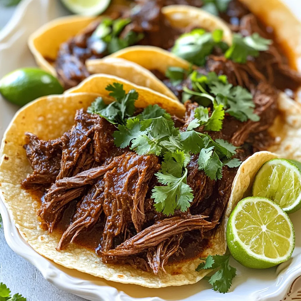 - 3 lbs beef chuck roast - 2 tablespoons olive oil - 1 medium onion, finely chopped - 4 cloves garlic, minced The beef chuck roast brings a rich flavor and tenderness to the dish. Olive oil helps in searing the meat, which adds depth to the taste. Chopped onion and minced garlic create the base flavor, making every bite delicious. - 2 chipotle peppers in adobo sauce, finely minced - 2 tablespoons adobo sauce (from the can) - 1 teaspoon ground cumin - 1 teaspoon dried oregano - 1 teaspoon smoked paprika - Juice of 1 lime Chipotle peppers add a smoky kick to the barbacoa. The adobo sauce enhances this flavor and gives it a savory depth. Ground cumin and oregano bring warmth, while smoked paprika adds a unique twist. Fresh lime juice brightens the dish and balances the rich flavors. - 1 cup beef broth - Salt and freshly ground black pepper, to taste - Fresh cilantro, chopped, for garnish - Corn tortillas, warmed, for serving Beef broth keeps the meat moist as it cooks. Salt and pepper are key to bringing out the flavors. Fresh cilantro adds a pop of color and freshness. Corn tortillas serve as the perfect vessel to enjoy the barbacoa. To start, you need to sear the chuck roast. First, heat 2 tablespoons of olive oil in a large skillet over medium-high heat. While the oil heats, season the beef chuck roast with salt and freshly ground black pepper. It should be well coated. Once the skillet is hot, add the beef. Sear it for about 5-7 minutes, turning occasionally. This step adds a lot of flavor and color to the meat. Next, let's talk about seasoning for maximum flavor. The key is to be generous with salt and pepper. Use fresh ground pepper for the best taste. You can also sprinkle a bit of smoked paprika on the beef while searing. This adds a nice depth to the flavor. Now, let’s make the sauce for the barbacoa. In the bowl of your slow cooker, add the following ingredients: - 1 medium onion, finely chopped - 4 cloves garlic, minced - 2 chipotle peppers in adobo sauce, finely minced - 2 tablespoons adobo sauce - 1 teaspoon ground cumin - 1 teaspoon dried oregano - 1 teaspoon smoked paprika - Juice of 1 lime - 1 cup beef broth Stir these ingredients together until they are well combined. It's important to ensure that the spices and vegetables mix evenly. This way, every bite of beef will be flavorful. Now, you’re ready to cook. Carefully transfer the seared beef chuck roast to the slow cooker. Nestle it into the sauce mixture, making sure it's mostly submerged. This helps the beef stay juicy and tender as it cooks. For cooking, you have two options: low or high heat. If you cook on low, set the timer for 8-10 hours. On high, it will take about 4-6 hours. The goal is to have the beef so tender that it can be easily shredded with a fork. Once the cooking time is up, gently remove the beef from the slow cooker. Use two forks to shred the meat into bite-sized pieces. Then, return the shredded beef to the slow cooker. Mix it thoroughly with the remaining juices. This ensures every bite is packed with flavor. Searing the beef is key to great flavor. It creates a caramelized crust. This deepens the taste. However, if you're short on time, skip this step. The slow cooker will still work its magic. Slow cooking breaks down the meat fibers. This makes the beef super tender. Cooking low and slow for 8-10 hours gives the best results. You can tweak the seasonings to fit your taste. If you want a richer flavor, add more chipotle peppers. For extra heat, try adding a pinch of cayenne pepper. You can also add a touch of brown sugar for sweetness. This balances the heat from the chipotles. Always taste before serving. Adjust the salt and lime juice as needed. Serving the barbacoa in warm corn tortillas is a must. You can add toppings like diced onions and tomatoes. This adds texture and freshness. For a colorful look, sprinkle fresh cilantro on top. Arrange lime wedges around the platter. This not only looks nice but adds a burst of flavor when squeezed on the meat. {{image_4}} You can change the cut of beef if you want. Instead of chuck roast, try brisket or round. These cuts work well with slow cooking too. If you're looking for a vegetarian or vegan option, use jackfruit or mushrooms. These alternatives soak up flavors well. They also give a meaty texture without the beef. This barbacoa shines in tacos. Just fill warm corn tortillas with the shredded beef. You can also make bowls. Serve the barbacoa over rice with beans and veggies. It’s a hearty meal that everyone will love. For sides, think about fresh salsa or guacamole. These will add creaminess and freshness. A simple salad can also balance the meal nicely. Want to change the spice level? Add more chipotle peppers for extra heat. If you prefer milder flavors, reduce the amount used. You can also play with toppings. Try crumbled queso fresco or sliced radishes. A drizzle of creamy avocado sauce adds a nice touch too. These tweaks make each meal unique and fun! To keep leftovers fresh, store your barbacoa in an airtight container. Place it in the fridge right after it cools. It will stay good for up to three days. For long-term storage, freeze the barbacoa. Use freezer bags or containers, and remove air to avoid freezer burn. It can last up to three months in the freezer. When you reheat barbacoa, do it slowly. Use a pot on low heat or a microwave. This helps keep the beef juicy. Stir it often to warm evenly. Aim for a serving temperature of 165°F (74°C). This ensures the meat is safe to eat. In the fridge, barbacoa lasts for about three days. If frozen, it stays good for three months. Always check for signs of spoilage. Look for off smells, discoloration, or a slimy texture. If you see any of these, it's best to toss it out. Enjoy your barbacoa while it's fresh! Cooking time varies with heat settings. On low, it takes 8 to 10 hours. On high, it cooks in 4 to 6 hours. The meat should be fork-tender when done. Yes, you can use other meats. Pork shoulder works well and cooks in 6 to 8 hours on low. Chicken thighs are also good, cooking in 4 to 6 hours on high. Each meat gives unique flavors. Barbacoa pairs well with several sides. I recommend serving it with: - Corn tortillas for wrapping - Fresh cilantro for garnish - Lime wedges for extra zing - Pickled onions for added crunch - Refried beans for a hearty touch To boost the heat, try these tips: - Add more chipotle peppers in adobo sauce. - Use extra adobo sauce for flavor and heat. - Sprinkle in some cayenne or chili powder. - Serve with hot salsa or jalapeños on the side. In this blog post, we explored making Slow Cooker Chipotle Beef Barbacoa. We covered the key ingredients, from beef chuck roast to fresh cilantro, and highlighted important seasoning tips. You learned step-by-step instructions for preparing the beef and making the sauce. Our tips shared how to get the best texture and suggested ways to present your dish. Finally, we discussed variations you can try and how to store leftovers properly. With these insights, you can confidently create a delicious, flavorful meal everyone will enjoy.