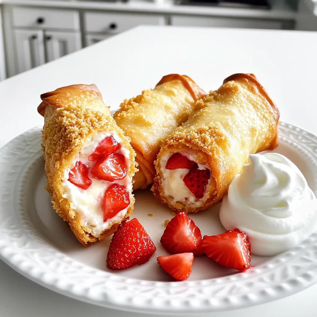 - 1 cup fresh strawberries, hulled and finely diced - 1 teaspoon freshly squeezed lemon juice Fresh strawberries are key to this recipe. They bring bright flavor and sweetness. The lemon juice adds a nice zest and enhances the strawberry taste. This combination creates a delicious filling. - 8 oz cream cheese, softened to room temperature - 1/3 cup powdered sugar - Whipped cream (for serving) Cream cheese gives the filling its rich, creamy texture. Powdered sugar sweetens the mix, making it taste just like cheesecake. Whipped cream is a perfect topping that adds a light, fluffy touch. - 1 tablespoon granulated sugar - 1/2 cup crushed graham crackers - 1 package of egg roll wrappers (about 20-25 wrappers) Granulated sugar helps macerate the strawberries. It draws out their juices and makes them sweeter. Crushed graham crackers form a crunchy coating, mimicking the crust of a traditional cheesecake. Egg roll wrappers hold everything in, making them fun to eat. - Oil for frying Oil is essential for frying. It creates that crispy, golden-brown exterior we all love. Choose vegetable or canola oil for best results. Make sure it reaches 350°F for perfect frying. First, we start with the strawberries. Dice 1 cup of fresh strawberries into small pieces. In a medium bowl, mix the diced strawberries with 1 tablespoon of granulated sugar and 1 teaspoon of lemon juice. This step helps bring out the strawberries' natural sweetness. Stir gently and let them sit for about 10 minutes. This process is called macerating. It makes the strawberries juicy and tasty. Next, we make the cheesecake filling. In another bowl, combine 8 ounces of softened cream cheese, 1/3 cup of powdered sugar, and 1 teaspoon of pure vanilla extract. Whisk these ingredients together until smooth. You want it to be creamy and free of lumps. After that, fold in the macerated strawberries carefully. Mixing gently helps keep the strawberry pieces whole and adds flavor. Now it’s time to assemble the eggrolls. Take an egg roll wrapper and place it in a diamond shape with one corner facing you. Spoon about 2 tablespoons of the cheesecake-strawberry filling into the center. Start at the bottom corner and fold it over the filling. Then, fold in the left and right sides to close it up. Finally, roll it upwards towards the top corner. Use a little water to seal the edge. Repeat this with the rest of the wrappers and filling. For frying, heat about 2 inches of oil in a deep pan or pot over medium heat. You want the oil to reach 350°F (175°C). Fry the eggrolls in batches. Be careful not to overcrowd them. Cook each side for about 3-4 minutes until they are golden brown and crispy. Use a slotted spoon to take them out and place them on a paper towel-lined plate to drain extra oil. To finish, roll each warm eggroll in 1/2 cup of crushed graham crackers. This gives them a crunchy coating that tastes like cheesecake crust. Serve the eggrolls warm with a dollop of whipped cream on the side for dipping. You can also add extra crushed graham crackers on a serving platter and garnish with strawberry slices. If you like, drizzle some chocolate sauce for a fun touch! To fry eggrolls right, keep an eye on the oil temperature. Heat the oil to 350°F (175°C) for perfect frying. Use a thermometer to check. If the oil is too hot, the outside burns, while the inside stays raw. If it's too cool, the eggrolls soak up oil and turn soggy. To avoid soggy eggrolls, fry in small batches. This keeps the oil hot. Don't crowd the pan. Cook until they are golden brown and crispy, about 3-4 minutes on each side. Drain them on a paper towel right after frying to remove excess oil. You can customize the cheesecake filling with different fruits. Try blueberries or raspberries for a twist. These fruits add unique flavors and colors. Adjust sweetness to fit your taste. If you like it sweeter, add more powdered sugar. For a tangy twist, reduce the sugar and add more lemon juice. Make it your own! Garnish your eggrolls for a stunning look. Dust them with crushed graham crackers for that classic cheesecake touch. Add fresh strawberry slices on the side for color and freshness. Consider serving with sauces. A drizzle of chocolate sauce adds richness. You can also offer caramel or berry sauce for extra flavor. These simple touches make your dessert even more inviting! {{image_4}} You can switch up the flavor of your eggrolls to keep things fun. Here are two tasty ideas: - Chocolate cheesecake eggrolls: Use cream cheese and add cocoa powder. Fold in chocolate chips. This makes a rich and sweet treat. - Mixed berry cheesecake eggrolls: Swap strawberries for a mix of blueberries, raspberries, and blackberries. This brings a colorful twist and bright flavors. If you want a lighter version, here are some ideas: - Air frying version: Skip the oil and use an air fryer. Spray eggrolls lightly with cooking spray. Cook until golden and crisp for a healthier treat. - Using low-fat cream cheese: Choose low-fat cream cheese for the filling. This cuts down on calories while still keeping the creamy texture. You can easily adapt these eggrolls for various diets. Here are some options: - Gluten-free options: Use gluten-free egg roll wrappers. These are available at many grocery stores. This way, everyone can enjoy them. - Vegan adaptations: Replace cream cheese with vegan cream cheese. Make sure to use plant-based wrappers as well. This allows vegans to enjoy delicious dessert eggrolls too. Store your cooked eggrolls in an airtight container. Keep them in the fridge. They stay fresh for about 2 to 3 days. Make sure they cool down before sealing. This helps avoid sogginess. If you want to keep them crispy, place a paper towel in the container. This absorbs any extra moisture. To freeze the eggrolls, let them cool completely first. Lay them flat on a baking sheet. Place the sheet in the freezer for about an hour. After that, transfer the eggrolls to a freezer bag. Remove as much air as you can from the bag. They will stay good for about 2 to 3 months. Label the bag with the date to keep track. When you’re ready to enjoy them again, reheat your eggrolls in the oven. Preheat the oven to 375°F (190°C). Place the eggrolls on a baking sheet. Heat them for about 10 to 15 minutes until they are warm and crispy. You can also use an air fryer. Set it to 350°F (175°C) and heat for about 5 to 7 minutes. This keeps them crispy and delicious. To stop eggrolls from exploding, make sure to seal them tight. Use a little water on the edges of the wrapper. This helps keep the filling inside. Fry at the right temperature, about 350°F (175°C). If the oil is too hot, the outside cooks too fast, and the inside can burst. Yes, you can bake them! Preheat your oven to 400°F (200°C). Place the eggrolls on a baking sheet. Brush them lightly with oil for a golden finish. Bake for about 15-20 minutes. Flip them halfway through for even browning. If you don't have egg roll wrappers, try using spring roll wrappers or wonton wrappers. You can also use phyllo dough. Just cut it to size and layer a few sheets for extra crunch. These eggrolls stay fresh in the fridge for about 2-3 days. Store them in an airtight container. For the best taste, eat them warm. Absolutely! You can prepare the filling a day in advance. Just keep it in the fridge in a sealed container. When you're ready to cook, simply assemble the eggrolls and fry or bake them. We explored how to make delicious Strawberry Cheesecake Eggrolls using fresh ingredients and simple steps. I provided tips for making a perfect fry and shared fun variations. You can try chocolate or berry fillings, or even healthier options like air frying. Remember to store your eggrolls correctly for later enjoyment. These treats are easy to customize and make for delightful snacks. Try them out and impress your friends and family with your cooking skills!