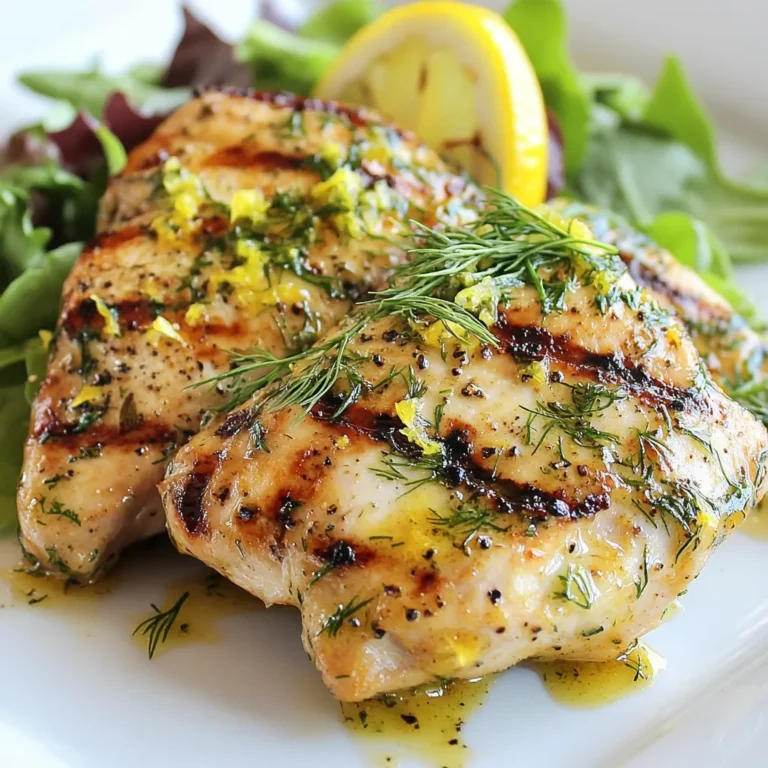 - 4 boneless, skinless chicken breasts - 2 tablespoons extra virgin olive oil - Juice of 2 fresh lemons - Zest of 1 lemon - 3 cloves of garlic, finely minced - 2 tablespoons fresh dill, finely chopped (or 1 tablespoon dried dill for convenience) - 1 teaspoon sea salt - 1/2 teaspoon freshly ground black pepper - 1 teaspoon smoked paprika (optional, for an extra layer of flavor) - Mixing bowl - Whisk - Grilling surface or non-stick skillet - Plastic wrap or resealable plastic bag Gathering the right ingredients is key to a great meal. For this Paleo Lemon Dill Chicken, start with fresh and high-quality items. The chicken should be boneless and skinless for easy cooking. Use extra virgin olive oil for healthy fat. Fresh lemons add a zesty kick. The juice and zest work together to brighten up the dish. Garlic gives a fragrant base, while dill brings a unique flavor. You can use fresh or dried dill based on what you have. Season your chicken with sea salt and black pepper. This simple seasoning enhances the taste. Smoked paprika is optional but adds a nice depth if you want it. For tools, a mixing bowl and whisk make preparing the marinade easy. A grilling surface or non-stick skillet is best for cooking the chicken. Finally, use plastic wrap or a resealable bag to marinate the chicken. This helps the flavors soak in well. With these ingredients and tools, you're set for a delicious meal! {{ingredient_image_2}} To start, you need to prepare the marinade. In a large bowl, whisk together: - 2 tablespoons extra virgin olive oil - Juice of 2 fresh lemons - Zest of 1 lemon - 3 cloves garlic, finely minced - 2 tablespoons fresh dill, finely chopped - 1 teaspoon sea salt - 1/2 teaspoon black pepper - 1 teaspoon smoked paprika (optional) Mix until smooth and fragrant. Next, submerge the chicken breasts in the marinade. Make sure each piece is coated well. Cover the bowl with plastic wrap or place the chicken in a resealable bag. Pop it in the fridge. Marinate for at least 30 minutes. For best results, aim for 2-4 hours. This lets the flavors soak in. When it’s time to cook, preheat your grill or skillet over medium-high heat. If you use a grill, lightly oil the grates to keep the chicken from sticking. Take the chicken out of the marinade. Let any extra marinade drip off. Keep the reserved marinade for basting later. Place the chicken on the hot grill or skillet. Cook each side for about 6-7 minutes. Check for grill marks and an internal temperature of 165°F (75°C). This means your chicken is safe to eat. In the last two minutes of cooking, brush a bit of the reserved marinade over the chicken. This enhances the flavor and keeps it juicy. Once the chicken is cooked, remove it from the heat. Let it rest on a cutting board for about 5 minutes. Resting helps the juices go back into the meat. This step keeps your chicken moist and full of flavor. For the best flavor, marinate the chicken for 2 to 4 hours. This time lets the marinade sink in. If you're in a hurry, 30 minutes is still okay, but longer is better. When it comes to dill, fresh dill gives a bright taste. It has a stronger flavor than dried dill. Use 2 tablespoons of fresh dill if you can. If you only have dried dill, use 1 tablespoon. It works too, but the taste will be different. You can cook this chicken in a few ways. Grilling gives it a smoky flavor and nice grill marks. Preheat your grill and oil the grates to avoid sticking. If you don’t have a grill, use a non-stick skillet. Preheat it on medium-high heat. Cook the chicken for about 6 to 7 minutes on each side. Both methods will make your chicken juicy and tasty. If you want to bake the chicken, preheat your oven to 375°F (190°C). Place the marinated chicken on a baking sheet. Bake for about 25 to 30 minutes or until it reaches an internal temperature of 165°F (75°C). To make your dish stand out, plate the chicken neatly. Slice it and arrange it on a large platter. Garnish with lemon wedges and fresh dill sprigs. This adds color and makes it look fresh. Pair the chicken with colorful vegetables like steamed broccoli or a crisp salad. These sides enhance the dish's look and taste. They also keep your meal healthy and vibrant. Pro Tips Marinating Time: For the best flavor, aim to marinate the chicken for 2-4 hours. This allows the marinade to penetrate deeply, enhancing the taste. Grilling Technique: When grilling, ensure your grill is preheated and the grates are lightly oiled to prevent sticking and achieve beautiful grill marks. Resting Period: Don’t skip the resting period after cooking. Let the chicken rest for about 5 minutes to allow juices to redistribute, keeping it moist. Flavor Boost: Basting the chicken with reserved marinade in the final moments of cooking adds an extra layer of flavor and keeps it juicy. {{image_4}} You can change the herbs in this recipe for new tastes. Fresh parsley works well with lemon and chicken. Rosemary adds a fragrant touch. For a spicy kick, try fresh basil or even cilantro. You can adjust the flavor with spices too. For example, add a pinch of chili flakes for heat. Alternatively, a dash of cumin adds earthiness. Experiment and find what you love! This recipe is easy to adapt for different diets. To make it dairy-free, just skip any cheese or creamy sauces. You can also use coconut milk as a base for a creamy sauce. If you want to make it nut-free, avoid nut oils and stick to olive oil. Adding vegetables is a great way to boost nutrition. Try grilling zucchini, bell peppers, or asparagus alongside the chicken. These veggies pair nicely with lemon and dill. You’ll create a colorful, tasty meal everyone can enjoy! After enjoying your Paleo Lemon Dill Chicken, you may have some leftovers. Here’s how to store them: - Refrigeration: Place the cooked chicken in an airtight container. It will stay fresh for up to 3 days in the fridge. Make sure the chicken cools down before sealing. - Freezing: For longer storage, freeze the chicken. Wrap each piece tightly in plastic wrap, then place them in a freezer-safe bag. It can last up to 3 months. Label the bag with the date for easy reference. Reheating chicken can be tricky. You want to keep it moist and tasty. Here are some tips: - Oven Method: Preheat the oven to 350°F (175°C). Place the chicken in a baking dish. Add a splash of broth or water to keep it moist. Cover with foil to trap steam. Heat for about 20 minutes or until warmed through. - Microwave Method: If you’re short on time, use the microwave. Place the chicken on a microwave-safe plate. Add a few drops of water and cover with a damp paper towel. Heat in short bursts, checking often. This method is quick but can dry out the chicken if not careful. These tips will help keep your chicken delicious and juicy! The best way to marinate chicken is to use a mix of liquid and spices. A good marinade has oil, acid, and flavor. For this recipe, I use olive oil and lemon juice. They help the chicken soak up the taste. To get the most flavor, marinate the chicken for at least 2 hours. You can even marinate it as long as 4 hours. Make sure to coat the chicken well. Use a bowl or a plastic bag to keep it all in. Yes, you can use different cuts of chicken. While boneless, skinless breasts work great, thighs are also tasty. They are juicier and add more flavor. If you use thighs, adjust the cooking time. They may need a few extra minutes on the grill. You can also try chicken wings or drumsticks. Just keep in mind that they might need longer to cook through. Paleo Lemon Dill Chicken pairs well with many sides. Fresh salads are a great choice. Use leafy greens, cucumbers, and tomatoes for a colorful dish. You can also serve it with steamed vegetables like broccoli or asparagus. These add a nice crunch and color to your plate. For a heartier option, try cauliflower rice or sweet potato mash. They make a filling meal that still fits the Paleo diet. In this post, we explored how to make flavorful Paleo Lemon Dill Chicken. We covered key ingredients and tools, along with step-by-step instructions for marinating and cooking. I shared tips for perfecting flavors and variations, and also discussed storage and reheating methods. To sum up, this dish is easy, delicious, and versatile. With these tips, you can enjoy a tasty meal any night of the week. Try it out and find your favorite variations!