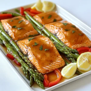 - 4 salmon fillets (approximately 6 oz each) - 1/4 cup pure maple syrup - 2 tablespoons Dijon mustard - 2 tablespoons extra-virgin olive oil - 2 cloves of garlic, finely minced - 1 teaspoon fresh thyme leaves (or 1/2 teaspoon dried thyme) - Salt and freshly ground black pepper to taste The salmon is the star of this dish. I love using fresh salmon fillets, as they cook quickly and taste amazing. The maple syrup adds a sweet touch, while the Dijon mustard gives a nice tang. Olive oil helps keep the salmon moist. A touch of garlic adds depth, and thyme ties the flavors together beautifully. - 1 bunch fresh asparagus, with tough ends trimmed - 1 red bell pepper, cored and sliced into strips Asparagus adds a nice crunch. I like to trim the tough ends to keep it tender. The red bell pepper gives a sweet, vibrant color that looks great on the plate. Both veggies soak up the glaze well. - Lemon wedges for serving Lemon wedges brighten the dish. Just a squeeze of lemon over the salmon and veggies makes each bite pop. For a pretty presentation, serve on a rustic platter. You can add fresh thyme sprigs for a nice touch. Enjoy your dish! First, set your oven to 400°F (200°C). This temperature cooks the salmon and veggies just right. Next, grab a large baking sheet. Line it with parchment paper. This makes cleanup easy and stops sticking. In a small bowl, mix together the glaze. Combine 1/4 cup of pure maple syrup and 2 tablespoons of Dijon mustard. Then, add 2 tablespoons of extra-virgin olive oil. Toss in 2 minced garlic cloves and 1 teaspoon of fresh thyme leaves. Add salt and pepper to taste. Whisk the mix until it's smooth and ready to coat the salmon. Now, take the salmon fillets. Place them on one side of your baking sheet. Use a brush or spoon to coat the tops with half of your maple-Dijon glaze. This adds flavor and keeps them moist. On the other side, arrange the trimmed asparagus and sliced red bell pepper. Drizzle the rest of the glaze over the veggies. Toss them gently to coat. Slide the baking sheet into the oven. Bake for 15 to 20 minutes. The salmon is done when it flakes easily with a fork. The veggies should be crisp-tender. Once cooked, take out the sheet and let it cool for a minute. Serve the salmon and veggies hot. Don't forget fresh lemon wedges for brightness! Enjoy this easy and tasty meal. When buying salmon, look for bright color. Fresh salmon should have a rich pink or red hue. The flesh should be firm and moist. Avoid fillets that look dull or have brown spots. Ask the fishmonger if the salmon is wild-caught or farmed. Wild-caught salmon often has better flavor. Smell the fish; it should have a clean ocean scent, not a strong fishy odor. If you can, choose salmon with the skin on; it helps keep the fish moist during cooking. Roasting vegetables on the same pan as the salmon is efficient and tasty. Cut the veggies into similar sizes so they cook evenly. For this recipe, use asparagus and red bell pepper. Trim the tough ends off the asparagus first. Drizzle olive oil for flavor and toss the veggies to coat. Spread them out in a single layer on the pan. This allows them to crisp up nicely. Keep an eye on them while roasting. You want them tender but not mushy. Seasoning can make or break a dish. The maple-Dijon glaze adds a sweet and tangy flavor. If you want more sweetness, add extra maple syrup. If you prefer it tangier, add more Dijon mustard. For a spicy kick, consider adding a pinch of cayenne pepper. Always taste the glaze before using it. Adjust the salt and pepper according to your liking. Remember, you can always add more, but you can’t take it away. {{image_4}} You can switch salmon for other fish. Try using trout or cod. Both cook well and taste great with the maple-Dijon glaze. If you prefer a different protein, chicken breasts work nicely too. Just adjust the cooking time since chicken needs longer to cook. Cut them to even sizes so they cook at the same rate. Feel free to mix up your veggies! Broccoli and carrots can add color and crunch. Brussels sprouts also roast nicely and take on great flavors. You can even toss in some sweet potatoes for a hearty option. Just remember to cut veggies into similar sizes for even cooking. Want to jazz it up? Add a splash of soy sauce or ginger for an Asian twist. You can also sprinkle some red pepper flakes for heat. If you love cheese, try crumbling feta or goat cheese over the top. It adds creaminess and a tangy kick. Play around with herbs too. Basil or parsley can brighten the dish. Each change can create a new taste adventure! After enjoying your meal, let any leftovers cool. Place your salmon and veggies in an airtight container. This keeps them fresh and tasty. Store them in the fridge. They will stay good for about three days. If you want to keep them longer, consider freezing them. To reheat, use the oven for the best results. Preheat your oven to 350°F (175°C). Place the salmon and veggies on a baking sheet. Cover them with foil to keep moisture in. Heat for about 10-15 minutes, or until warm. You can also use a microwave. Just heat in short bursts to avoid overcooking. If you want to freeze your meal, wrap the salmon and veggies tightly. Use plastic wrap or freezer bags. Label them with the date. They can stay in the freezer for up to three months. When ready to eat, thaw in the fridge overnight. Reheat using the oven for the best flavor and texture. Yes, you can use other fish. Cod, trout, or tilapia work well. Just keep in mind that cooking times may change. Thinner fish will cook faster, so check them earlier. Each fish has its own flavor, so feel free to experiment. It takes about 15 to 20 minutes to bake salmon at 400°F. Bake until the salmon flakes easily with a fork. The cooking time depends on the thickness of the fillets. Always check for doneness to avoid overcooking. You can serve this dish with a variety of sides. Roasted potatoes or quinoa are great options. A fresh salad adds a nice crunch and color. You can also pair it with rice or crusty bread for a fulfilling meal. This blog post covered how to make Sheet Pan Maple Dijon Salmon with delicious veggies. You learned about the ingredients you'll need and the steps to bake everything perfectly. I shared tips on choosing fresh salmon and variations for different tastes. Remember, meal prep can be fun and easy! Using this recipe, you can enjoy healthy meals anytime. Don't hesitate to try new veggies or fish. Enjoy your cooking adventure and all the tasty meals that come from it!