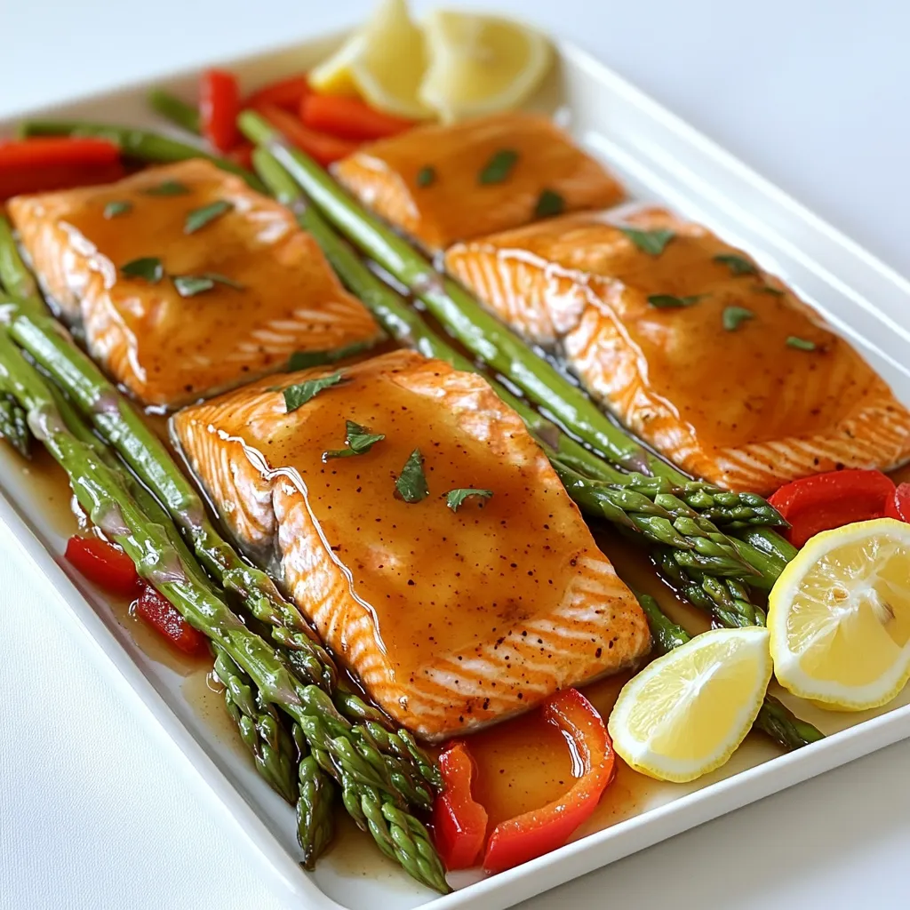 - 4 salmon fillets (approximately 6 oz each) - 1/4 cup pure maple syrup - 2 tablespoons Dijon mustard - 2 tablespoons extra-virgin olive oil - 2 cloves of garlic, finely minced - 1 teaspoon fresh thyme leaves (or 1/2 teaspoon dried thyme) - Salt and freshly ground black pepper to taste The salmon is the star of this dish. I love using fresh salmon fillets, as they cook quickly and taste amazing. The maple syrup adds a sweet touch, while the Dijon mustard gives a nice tang. Olive oil helps keep the salmon moist. A touch of garlic adds depth, and thyme ties the flavors together beautifully. - 1 bunch fresh asparagus, with tough ends trimmed - 1 red bell pepper, cored and sliced into strips Asparagus adds a nice crunch. I like to trim the tough ends to keep it tender. The red bell pepper gives a sweet, vibrant color that looks great on the plate. Both veggies soak up the glaze well. - Lemon wedges for serving Lemon wedges brighten the dish. Just a squeeze of lemon over the salmon and veggies makes each bite pop. For a pretty presentation, serve on a rustic platter. You can add fresh thyme sprigs for a nice touch. Enjoy your dish! First, set your oven to 400°F (200°C). This temperature cooks the salmon and veggies just right. Next, grab a large baking sheet. Line it with parchment paper. This makes cleanup easy and stops sticking. In a small bowl, mix together the glaze. Combine 1/4 cup of pure maple syrup and 2 tablespoons of Dijon mustard. Then, add 2 tablespoons of extra-virgin olive oil. Toss in 2 minced garlic cloves and 1 teaspoon of fresh thyme leaves. Add salt and pepper to taste. Whisk the mix until it's smooth and ready to coat the salmon. Now, take the salmon fillets. Place them on one side of your baking sheet. Use a brush or spoon to coat the tops with half of your maple-Dijon glaze. This adds flavor and keeps them moist. On the other side, arrange the trimmed asparagus and sliced red bell pepper. Drizzle the rest of the glaze over the veggies. Toss them gently to coat. Slide the baking sheet into the oven. Bake for 15 to 20 minutes. The salmon is done when it flakes easily with a fork. The veggies should be crisp-tender. Once cooked, take out the sheet and let it cool for a minute. Serve the salmon and veggies hot. Don't forget fresh lemon wedges for brightness! Enjoy this easy and tasty meal. When buying salmon, look for bright color. Fresh salmon should have a rich pink or red hue. The flesh should be firm and moist. Avoid fillets that look dull or have brown spots. Ask the fishmonger if the salmon is wild-caught or farmed. Wild-caught salmon often has better flavor. Smell the fish; it should have a clean ocean scent, not a strong fishy odor. If you can, choose salmon with the skin on; it helps keep the fish moist during cooking. Roasting vegetables on the same pan as the salmon is efficient and tasty. Cut the veggies into similar sizes so they cook evenly. For this recipe, use asparagus and red bell pepper. Trim the tough ends off the asparagus first. Drizzle olive oil for flavor and toss the veggies to coat. Spread them out in a single layer on the pan. This allows them to crisp up nicely. Keep an eye on them while roasting. You want them tender but not mushy. Seasoning can make or break a dish. The maple-Dijon glaze adds a sweet and tangy flavor. If you want more sweetness, add extra maple syrup. If you prefer it tangier, add more Dijon mustard. For a spicy kick, consider adding a pinch of cayenne pepper. Always taste the glaze before using it. Adjust the salt and pepper according to your liking. Remember, you can always add more, but you can’t take it away. {{image_4}} You can switch salmon for other fish. Try using trout or cod. Both cook well and taste great with the maple-Dijon glaze. If you prefer a different protein, chicken breasts work nicely too. Just adjust the cooking time since chicken needs longer to cook. Cut them to even sizes so they cook at the same rate. Feel free to mix up your veggies! Broccoli and carrots can add color and crunch. Brussels sprouts also roast nicely and take on great flavors. You can even toss in some sweet potatoes for a hearty option. Just remember to cut veggies into similar sizes for even cooking. Want to jazz it up? Add a splash of soy sauce or ginger for an Asian twist. You can also sprinkle some red pepper flakes for heat. If you love cheese, try crumbling feta or goat cheese over the top. It adds creaminess and a tangy kick. Play around with herbs too. Basil or parsley can brighten the dish. Each change can create a new taste adventure! After enjoying your meal, let any leftovers cool. Place your salmon and veggies in an airtight container. This keeps them fresh and tasty. Store them in the fridge. They will stay good for about three days. If you want to keep them longer, consider freezing them. To reheat, use the oven for the best results. Preheat your oven to 350°F (175°C). Place the salmon and veggies on a baking sheet. Cover them with foil to keep moisture in. Heat for about 10-15 minutes, or until warm. You can also use a microwave. Just heat in short bursts to avoid overcooking. If you want to freeze your meal, wrap the salmon and veggies tightly. Use plastic wrap or freezer bags. Label them with the date. They can stay in the freezer for up to three months. When ready to eat, thaw in the fridge overnight. Reheat using the oven for the best flavor and texture. Yes, you can use other fish. Cod, trout, or tilapia work well. Just keep in mind that cooking times may change. Thinner fish will cook faster, so check them earlier. Each fish has its own flavor, so feel free to experiment. It takes about 15 to 20 minutes to bake salmon at 400°F. Bake until the salmon flakes easily with a fork. The cooking time depends on the thickness of the fillets. Always check for doneness to avoid overcooking. You can serve this dish with a variety of sides. Roasted potatoes or quinoa are great options. A fresh salad adds a nice crunch and color. You can also pair it with rice or crusty bread for a fulfilling meal. This blog post covered how to make Sheet Pan Maple Dijon Salmon with delicious veggies. You learned about the ingredients you'll need and the steps to bake everything perfectly. I shared tips on choosing fresh salmon and variations for different tastes. Remember, meal prep can be fun and easy! Using this recipe, you can enjoy healthy meals anytime. Don't hesitate to try new veggies or fish. Enjoy your cooking adventure and all the tasty meals that come from it!