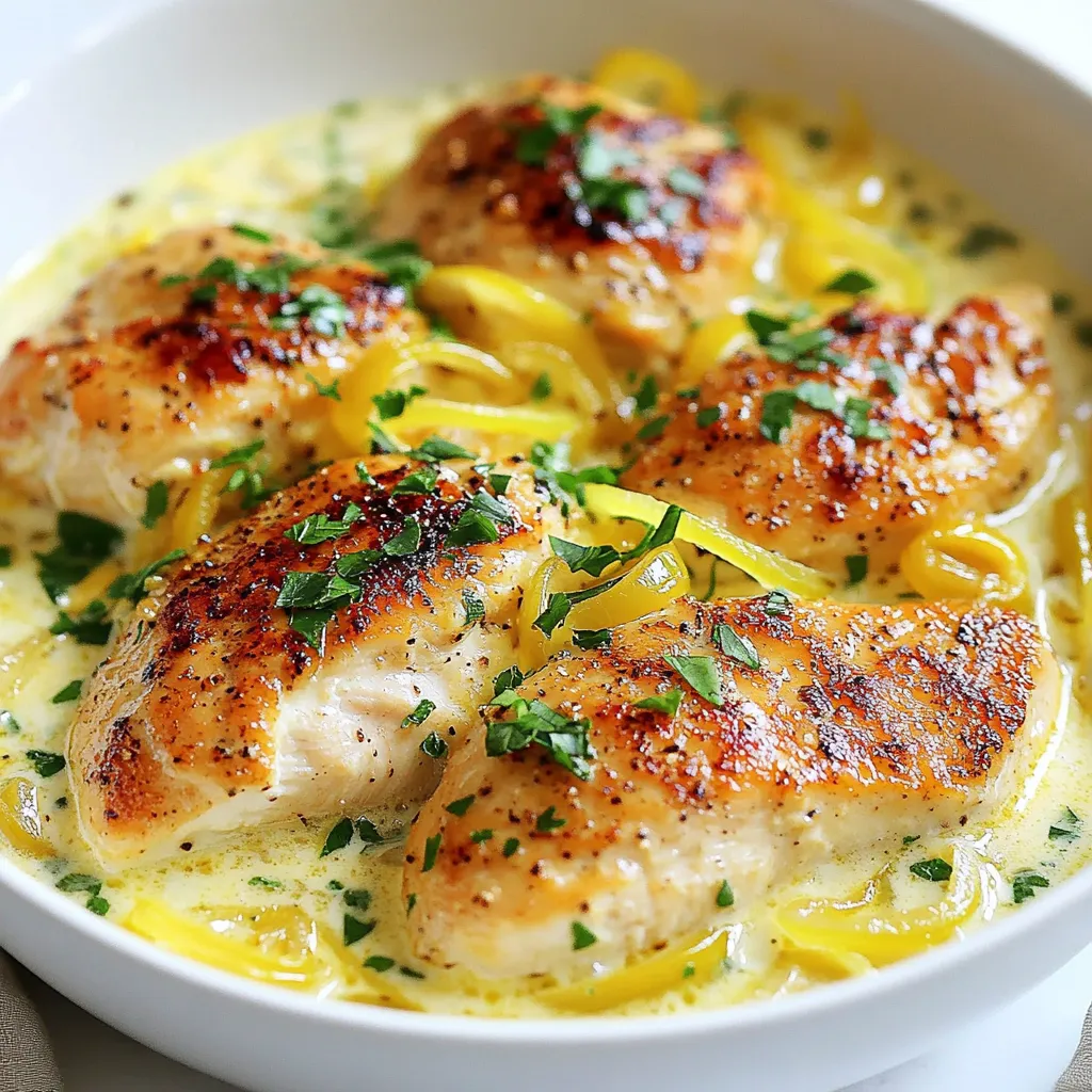 - 4 boneless, skinless chicken breasts - 1 cup jarred pepperoncini peppers, sliced - 1 cup heavy cream - 1 cup chicken broth - 1 tablespoon olive oil - 1 medium onion, thinly sliced - 3 cloves garlic, minced - 1 teaspoon Italian seasoning - Fresh parsley, chopped (for garnish) - Optional: ½ cup freshly grated Parmesan cheese In this dish, I use boneless, skinless chicken breasts. They cook evenly and stay juicy. I love the flavor of jarred pepperoncini peppers. They add a nice tang and a little heat. Heavy cream makes the sauce rich and creamy. Chicken broth gives depth and richness to the dish. For cooking, I use olive oil to sauté the onions and garlic. The onions add sweetness, while garlic adds a lovely aroma. Italian seasoning brings all the flavors together beautifully. For garnish, I like to use fresh parsley. It adds a pop of color and freshness. If you want a cheesy touch, sprinkle some grated Parmesan cheese on top. It melts into the sauce, making it extra tasty. This combination of ingredients results in a comforting, flavorful meal that is sure to impress. {{ingredient_image_2}} First, season the chicken breasts with salt and pepper. Make sure they are well-coated. Next, heat olive oil in a large skillet over medium-high heat. Once the oil shimmers, add the chicken. Sear it for about 5-6 minutes on each side. The chicken should turn golden brown and reach an internal temperature of 165°F. After cooking, transfer the chicken to a plate. In the same skillet, add the thinly sliced onion. Cook the onion for about 3-4 minutes. Stir frequently until the onions are soft and see-through. Then, add the minced garlic. Cook for just one more minute. Keep an eye on the garlic to avoid burning it. Burnt garlic can ruin the dish's flavor. Next, pour chicken broth into the skillet. Use a wooden spoon to scrape the bottom. This step, called deglazing, helps lift all the tasty bits stuck to the pan. After that, stir in the sliced pepperoncini and Italian seasoning. Let the mix simmer for 2-3 minutes. This helps the flavors blend nicely. Lower the heat to a gentle simmer. Now, pour in the heavy cream and stir to combine. If you like, add grated Parmesan cheese for extra flavor. Return the seared chicken to the skillet. Make sure it's well-coated in the creamy sauce. Let the chicken simmer in the sauce for 5 more minutes. This helps all the flavors meld beautifully. Taste the sauce and adjust salt and pepper as needed. Finally, remove from heat. Sprinkle with chopped fresh parsley before serving. To ensure your chicken is cooked through, use a meat thermometer. The chicken must reach 165°F (75°C). It’s key to get it just right for safety and taste. For seasoning, taste as you go. You can always add more salt or pepper to fit your liking. A pinch can change the flavor. For sides, fluffy mashed potatoes or pasta work great. They soak up the creamy sauce well. You can also serve with steamed veggies for freshness. For presentation, serve the chicken over the sides. Drizzle the sauce on top and sprinkle with fresh parsley. This adds color and makes the dish look inviting. One common mistake is overcooking the garlic. It can turn bitter fast. Cook it just until fragrant. Another error is skipping the deglazing step. This step helps lift all the tasty bits from the skillet, adding rich flavor to your sauce. Always deglaze for the best taste. Pro Tips Marinate for Flavor: For an extra punch of flavor, consider marinating the chicken breasts in olive oil, garlic, and some sliced pepperoncini for at least 30 minutes before cooking. Deglaze for Depth: When deglazing the pan, ensure you scrape up all the browned bits from the bottom; this will enhance the flavor of the sauce significantly. Cheese Variations: Experiment with different types of cheese, such as feta or goat cheese, for a unique twist on the creamy sauce. Serving Suggestions: Serve with crusty bread to soak up the delicious sauce, or pair with a simple side salad for a complete meal. {{image_4}} You can easily swap chicken breast for other proteins. Turkey cutlets work well and taste great. You can also try pork chops or even shrimp. For a vegetarian twist, use hearty mushrooms or chickpeas. Both options add texture and flavor to your dish. Spicing up your dish can be fun! Add a pinch of smoked paprika for warmth or some crushed red pepper for heat. Fresh herbs like basil or thyme can brighten the flavors too. Don’t forget about vegetables! Spinach, bell peppers, or zucchini can boost nutrition and color. If you need a gluten-free option, use gluten-free chicken broth. Always check the labels to be sure. For dairy-free needs, swap heavy cream for coconut milk or a cashew cream. Both options keep the dish creamy and delicious. To store leftovers, place the chicken in an airtight container. Make sure the sauce covers the chicken well. This keeps it moist. Store the container in the fridge. Your leftovers will last for up to three days. Before serving again, check for any off smells or changes in texture. To freeze the dish, let it cool completely. Transfer the chicken and sauce into freezer-safe bags or containers. Remove as much air as you can. This helps prevent freezer burn. You can store it for up to three months. When ready to eat, thaw it in the fridge overnight. Reheat gently on the stove. Stir often to avoid sticking. You can get creative with leftover chicken. Shred it and toss it into a salad. Mix it into pasta or use it in tacos. The creamy sauce is great for dipping bread or drizzling over rice. You can also use it as a base for a savory casserole. There are many ways to enjoy your tasty leftovers! You can check if the chicken is done by using a meat thermometer. The safe internal temperature for cooked chicken is 165°F (75°C). Insert the thermometer into the thickest part of the chicken. If it reads 165°F, your chicken is safe to eat. If you do not have a thermometer, cut into the chicken. It should be white all the way through, with no pink inside. Yes, you can use fresh pepperoncini. Fresh peppers have a crisp texture and a brighter taste. However, jarred pepperoncini are easier to use and often come packed in brine. This brine adds extra flavor and moisture to your dish. If you choose fresh, you may want to add a bit of vinegar for tang. You can serve this dish with several sides for a balanced meal. Here are some ideas: - Fluffy mashed potatoes - Steamed rice - Pasta with olive oil - Fresh green salad - Roasted vegetables These sides will complement the creamy sauce and enhance your dining experience. To add heat to your Creamy Pepperoncini Chicken Skillet, try these methods: - Use more pepperoncini or add some of the brine for extra kick. - Include sliced jalapeños or red pepper flakes for more spice. - Mix in a dash of hot sauce or cayenne pepper. Experiment to find the heat level you like best! You now have a complete guide to making Creamy Pepperoncini Chicken Skillet. We covered ingredients, step-by-step cooking, and ways to customize the recipe. Remember to watch the garlic, adjust your seasonings, and savor the creamy sauce. This dish is easy to make and perfect for busy nights. You can store leftovers well and even turn them into new meals. Enjoy the cooking and be creative with your own twists!