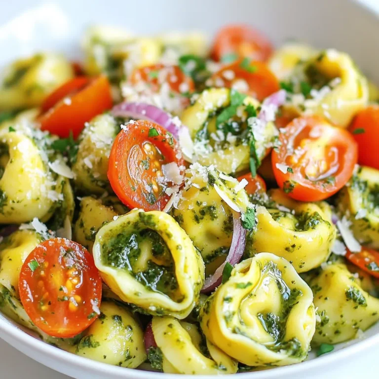 The key to a great Creamy Pesto Tortellini Salad is using fresh and tasty ingredients. Here’s what you will need: - 12 oz cheese tortellini - 1 cup cherry tomatoes, halved - 1 cup fresh spinach, roughly chopped - ½ cup creamy pesto (your choice of store-bought or homemade) - ½ cup grated Parmesan cheese - ¼ cup red onion, finely chopped - 1 tablespoon lemon juice - Salt and freshly ground black pepper to taste - 2 tablespoons extra virgin olive oil Each ingredient plays a role in making this salad vibrant and full of flavor. The cheese tortellini gives it a hearty base. The cherry tomatoes add a burst of sweetness. Fresh spinach brings in a crunchy texture. Creamy pesto ties it all together with a rich taste. Grated Parmesan adds a salty kick. Red onion offers a mild sharpness. Lemon juice brightens the flavors, while olive oil enriches the dressing. Salt and pepper enhance everything. Feel free to mix and match ingredients based on your taste. This dish is all about enjoying fresh flavors! {{ingredient_image_2}} Boiling the Water Start by filling a large pot with water. Add a good pinch of salt. Turn on the heat to high. Wait until the water boils vigorously. Cooking Time and Method Once the water is boiling, add 12 oz of cheese tortellini. Cook them for 3 to 5 minutes. Follow the package instructions for the best results. Check that they are tender yet firm, or al dente. Drain the cooked tortellini. Rinse them under cold water to stop the cooking process. Combining Tortellini with Vegetables In a large mixing bowl, add the cooled tortellini. Toss in 1 cup of halved cherry tomatoes, 1 cup of roughly chopped fresh spinach, ½ cup of grated Parmesan cheese, and ¼ cup of finely chopped red onion. Mix gently to blend all the ingredients. Preparing the Dressing In a separate small bowl, whisk together ½ cup of creamy pesto, 1 tablespoon of lemon juice, and 2 tablespoons of extra virgin olive oil. Mix until the dressing is smooth and creamy. This adds a rich flavor to your salad. Tossing Ingredients Together Pour the creamy pesto dressing over the tortellini mixture. Gently toss everything together. Make sure every piece is well-coated in the dressing. Chilling Time Taste the salad and season it with salt and freshly ground black pepper. If you want a stronger pesto taste, add more creamy pesto. Cover the bowl with plastic wrap or a lid. Place it in the fridge to chill for at least 30 minutes. This helps the flavors blend nicely. Serve the salad cold or at room temperature. Cooking Tortellini to Al Dente Cook the cheese tortellini in a large pot of salted water. Boil it for about 3 to 5 minutes. You want them tender but still firm. This is called al dente, which means "to the tooth" in Italian. Drain the tortellini once cooked, and do not forget to rinse them under cold water. This stops the cooking and keeps them perfect. Proper Cooling Techniques After rinsing, spread the tortellini on a baking sheet in a single layer. This helps them cool down quickly. You want to avoid them sticking together as they cool. Once cool, they are ready for your salad. Seasoning Suggestions Taste your salad before serving. Add salt and freshly ground black pepper to your liking. This step is key. A little seasoning can make a big difference in flavor. Customizing Pesto Flavor If you want a stronger pesto taste, add a bit more creamy pesto. You can also mix in a touch of lemon juice to brighten the flavor. Experimenting with herbs like basil or parsley can also change the taste. Garnishing Ideas For a pretty touch, add extra grated Parmesan cheese on top. A few fresh spinach leaves can add color too. These simple garnishes make your dish look fancy. Best Accompaniments This salad pairs well with crusty bread or a light soup. You can also serve it with grilled chicken for a heartier meal. Enjoy the blend of fresh flavors! Pro Tips Use Fresh Ingredients: Using fresh spinach and ripe cherry tomatoes will enhance the flavor and texture of your salad, making it more vibrant and delicious. Chill Before Serving: Allowing the salad to chill for at least 30 minutes lets the flavors meld together, resulting in a more cohesive taste experience. Customize Your Pesto: Feel free to experiment with different types of pesto, such as sun-dried tomato or arugula pesto, to give your salad a unique twist. Add Protein: To make this salad more filling, consider adding grilled chicken, shrimp, or chickpeas for a protein boost. {{image_4}} Alternative Vegetables You can change up the veggies in this salad. Try bell peppers, cucumbers, or zucchini. Each adds a unique crunch and flavor. You can also swap in arugula for spinach. It gives a nice peppery kick. Different Cheese Options If you want to mix the cheese, use feta or goat cheese. Both add a tangy taste. You could also use a mix of cheeses for more depth. Just remember, cheese adds creaminess and flavor. Gluten-Free Options To make this salad gluten-free, use gluten-free tortellini. Many brands offer tasty options. You can also use a gluten-free pasta, like rice or quinoa pasta. Just cook it according to the package instructions. Vegan Substitutes For a vegan version, choose a vegan tortellini. Many stores sell these now. Swap the creamy pesto for a vegan version. Use nutritional yeast instead of Parmesan. It gives a nice cheesy flavor without dairy. Summer Fresh Veggies In summer, add fresh corn or diced avocado. They make the salad bright and refreshing. You can also include grilled veggies for a smoky taste. Cherry tomatoes are sweetest in summer, so use lots! Fall Flavor Boosters As fall arrives, consider adding roasted butternut squash or sweet potatoes. They add a warm, sweet flavor. You might also try adding walnuts for crunch and a hint of nutty flavor. This gives your salad a cozy vibe perfect for fall. To keep your creamy pesto tortellini salad fresh, store it in an airtight container. This will help lock in flavors and prevent any unwanted smells in the fridge. Always let the salad cool to room temperature before sealing it. The salad stays tasty for up to three days in the fridge. However, the longer it sits, the softer the veggies may become. You can freeze tortellini salad, but it’s not ideal. Freezing can change the texture of the tortellini and veggies. If you choose to freeze it, use a freezer-safe container. It’s best to eat it within a month for the best taste. When you want to enjoy your frozen salad, thaw it in the fridge overnight. This keeps the salad cold and helps maintain its flavor. After thawing, give it a good stir and check for seasoning. You may need to add a little salt, pepper, or even more pesto to refresh the taste. Ingredients Needed: - 2 cups all-purpose flour - 3 large eggs - 1/2 teaspoon salt - 1 cup ricotta cheese - 1/2 cup grated Parmesan cheese - Fresh herbs (basil or parsley) Simple Steps to Follow: 1. In a bowl, mix flour and salt. 2. Make a well in the center and add eggs. 3. Stir until dough forms. Knead for 8-10 minutes. 4. Let dough rest for 30 minutes. 5. Roll out dough thinly. Cut into squares. 6. Fill each square with ricotta mix and fold into triangles. 7. Pinch edges to seal. Your tortellini is ready to cook! Recommendations for Quality: Yes, store-bought pesto is a great option. Look for brands with fresh ingredients. Flavor Considerations: Taste different brands to find the one you love. Some can be too oily or salty. Choose one that balances flavor well. Alternative Pasta Types: You can use any small pasta, like shells or farfalle. These shapes hold the sauce nicely. Cooking Adjustments Needed: Cooking times may vary based on the pasta type. Check the package for guidance to ensure it cooks perfectly. This blog post covers a tasty tortellini salad. You learned about key ingredients, cooking methods, and mixing tips. I shared how to enhance flavors and suggested alternatives for your needs. You saw storage tips to keep it fresh and answers to common questions. Enjoy this simple yet delightful dish as a healthy meal or side. With these steps, you can impress family and friends with ease. Try different flavors and make it your own!