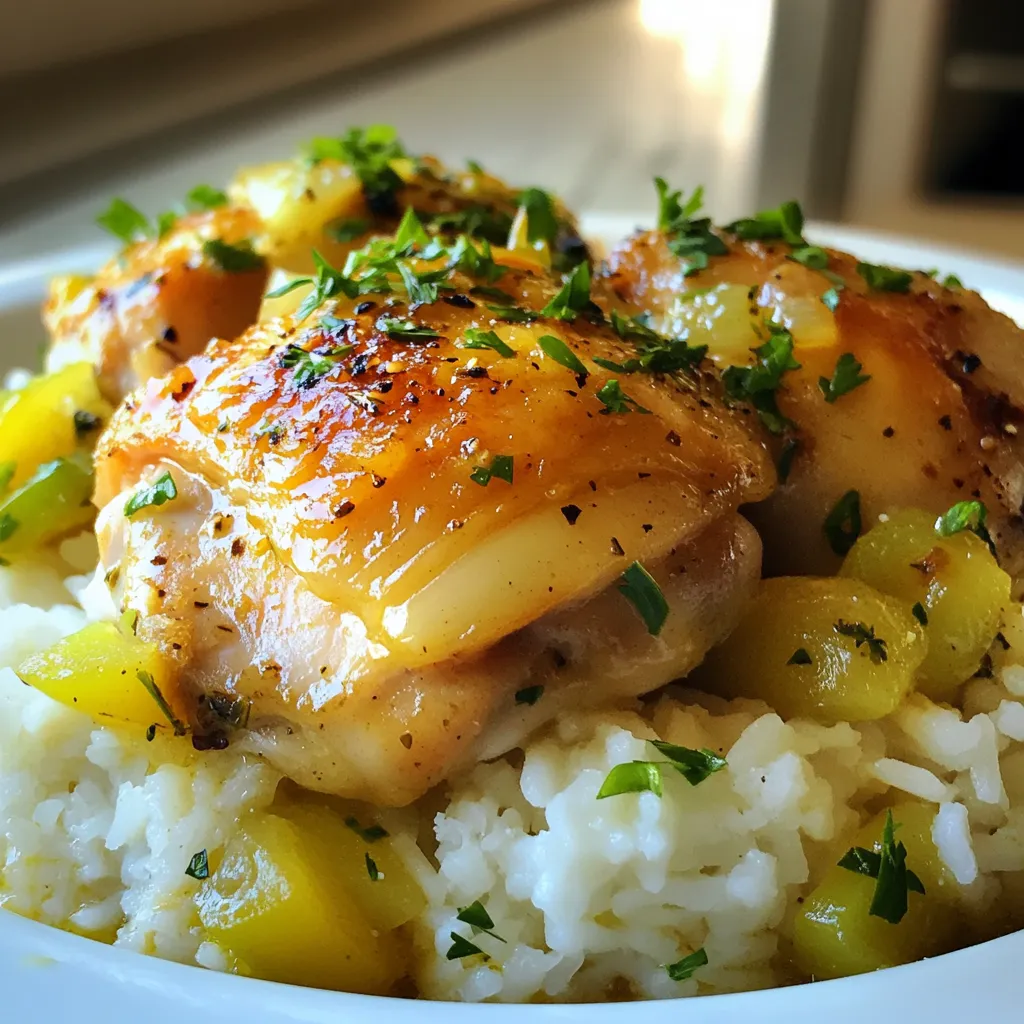 - 4 boneless, skinless chicken thighs - 1 cup long-grain white rice - 2 cups low-sodium chicken broth - 1 medium onion, diced - 3 cloves garlic, minced - 1 green bell pepper, diced - 1 teaspoon smoked paprika - 1/2 teaspoon cayenne pepper (adjust according to heat preference) - 1 teaspoon dried thyme - 1 tablespoon olive oil - Salt and freshly ground black pepper to taste - 1 cup heavy cream For this dish, I love using chicken thighs. They stay juicy and tender. Rice is the base, soaking up all the tasty broth. I prefer long-grain white rice for its fluffy texture. The onion and garlic give a strong flavor, while the green bell pepper adds a nice crunch. The spices are key too. Smoked paprika gives a warm, smoky taste. Adjust the cayenne pepper to make it mild or spicy. Thyme adds a lovely earthy note. Don’t forget to season with salt and pepper to boost the taste. - Fresh parsley - Lemon wedges Garnishing with fresh parsley adds color and a hint of freshness. Lemon wedges are great for a zesty finish. You can squeeze some juice over the dish right before eating for a bright flavor. These simple touches elevate the whole meal. {{ingredient_image_2}} First, let’s prepare the chicken. Season the chicken thighs with salt, pepper, smoked paprika, and cayenne pepper. Heat olive oil in a skillet over medium-high heat. Once hot, lay the chicken thighs in the skillet. Cook for 5-7 minutes on each side. The chicken should be browned and cooked through. When done, remove the chicken and set it aside on a plate. Next, we will sauté the vegetables. Use the drippings left in the skillet for flavor. Add diced onion and green bell pepper. Cook for about 5 minutes until the onion looks soft. Add minced garlic and stir for another minute. The garlic will add a lovely aroma to our dish. Now, it's time to cook the rice. Stir in the long-grain white rice with the sautéed vegetables. Mix well to coat the rice. Cook for 2-3 minutes. This step will help the rice soak up the flavors from the oil and vegetables. Add the low-sodium chicken broth to the skillet. Stir gently to mix all the ingredients. Now, lay the seared chicken thighs back into the skillet on top of the rice. Let this mixture come to a gentle simmer. After simmering, take the skillet off the heat. Slowly stir in the heavy cream. Make sure it mixes well with the rice and chicken. This will give the dish a rich and creamy texture. Taste and adjust the seasonings if needed. For the final touch, sprinkle chopped fresh parsley over the dish. This adds a nice pop of color and freshness. Serve the smothered chicken and rice in wide, shallow bowls. You can add a lemon wedge for some zest on the side. Enjoy this warm and comforting meal! To make the chicken shine, start with boneless, skinless thighs. They stay juicy and cook well. Sear them in olive oil over medium-high heat. This gives a nice brown crust. Season the chicken with salt, pepper, smoked paprika, and cayenne pepper. Adjust the cayenne for your spice level. A good rule is to let the chicken rest after cooking. This helps keep it moist. For perfect rice, use long-grain white rice. Rinse it under cold water first. This removes extra starch and prevents stickiness. When cooking, use two cups of low-sodium chicken broth. This adds flavor. If your rice turns out too mushy, it may have too much liquid. Next time, reduce the broth slightly. If it's too firm, add a bit more broth and cook longer. To boost flavor, try adding herbs like thyme or bay leaves. These add depth to your dish. You could also sprinkle in garlic powder or onion powder for extra taste. Don’t forget to taste as you cook. This way, you can adjust seasonings. For a personal twist, add some sautéed mushrooms or spinach. This gives a nice texture and flavor boost. Pro Tips Perfectly Cooked Rice: Rinse the rice under cold water before cooking to remove excess starch, which can make it gummy. Enhance the Flavor: For an extra flavor boost, consider adding a bay leaf or a sprig of fresh thyme to the broth while it simmers. Adjusting Creaminess: If you prefer a lighter version, substitute half of the heavy cream with unsweetened almond milk or low-fat milk. Garnishing Tips: Add a squeeze of fresh lemon juice over the dish just before serving for a bright, zesty finish. {{image_4}} You can switch out chicken for other meats. Pork chops or turkey work great. Just adjust the cooking times to ensure they cook through. If you want a lighter meal, try fish like salmon or tilapia. They add a nice flavor, too. For a vegetarian option, use firm tofu or seitan. Both soak up flavors well. Cook them until golden brown to add texture. You can also use chickpeas for protein. They give a nice bite and pair well with the creamy sauce. To add heat, use different peppers. Jalapeños or serranos can bring the spice. Just chop them finely and mix them in during the vegetable stage. If you like milder heat, use bell peppers. You can also change the herbs in the dish. Fresh thyme or rosemary can add depth. Basil gives a fresh kick, while oregano brings a warm flavor. Mix and match herbs to find your favorite blend. Seasonal vegetables can make your dish even better. In spring, add asparagus or peas. In fall, try butternut squash or sweet potatoes. They add color and nutrition. For more variety, think about adding mushrooms. They add an earthy taste and meaty texture. You could also toss in spinach or kale just before serving for a healthy touch. To store leftovers properly, first let the smothered chicken and rice cool down. Place it in an airtight container. Make sure the lid seals tightly. Store it in the fridge for up to three days. For freezing, use a freezer-safe container. Divide the dish into single servings for easy meals later. Label the container with the date. You can freeze it for up to three months. To reheat, thaw it overnight in the fridge. Then, warm it in a skillet over low heat. Stir gently to heat evenly. You can also use the microwave, but cover it to keep moisture in. When stored in the fridge, the dish stays good for about three days. In the freezer, it can last up to three months. Watch for signs of spoilage. If you see mold or smell something off, toss it out. Always trust your senses when checking food freshness. Yes, you can use brown rice. Keep in mind that brown rice takes longer to cook than white rice. You will need about 45 minutes of cooking time for brown rice. Use 2 ½ cups of chicken broth instead of 2 cups. This extra liquid helps the brown rice cook properly. You can serve many side dishes with smothered chicken and rice. Some great options include: - Steamed broccoli - Garlic bread - Green salad with vinaigrette - Roasted vegetables These sides add color and balance to your meal. To make smothered chicken and rice gluten-free, swap the chicken broth for a gluten-free version. Check labels on your broth to ensure it's safe. You can also use gluten-free flour if you want to thicken the sauce. Yes, smothered chicken and rice is perfect for meal prep. Cook the dish in advance and store it in airtight containers. It stays fresh in the fridge for up to four days. You can also freeze it for up to three months. Just reheat it in the microwave or on the stove before serving. In this article, we covered how to make smothered chicken and rice. We explored key ingredients like chicken thighs, rice, and veggies. You learned step-by-step instructions for cooking and making it creamy. I shared tips to perfect the chicken and rice, plus variations for creativity. This dish is flexible and fun. Enjoy making it your own, and don’t hesitate to experiment with flavors. Your kitchen journey will surely be rewarding!