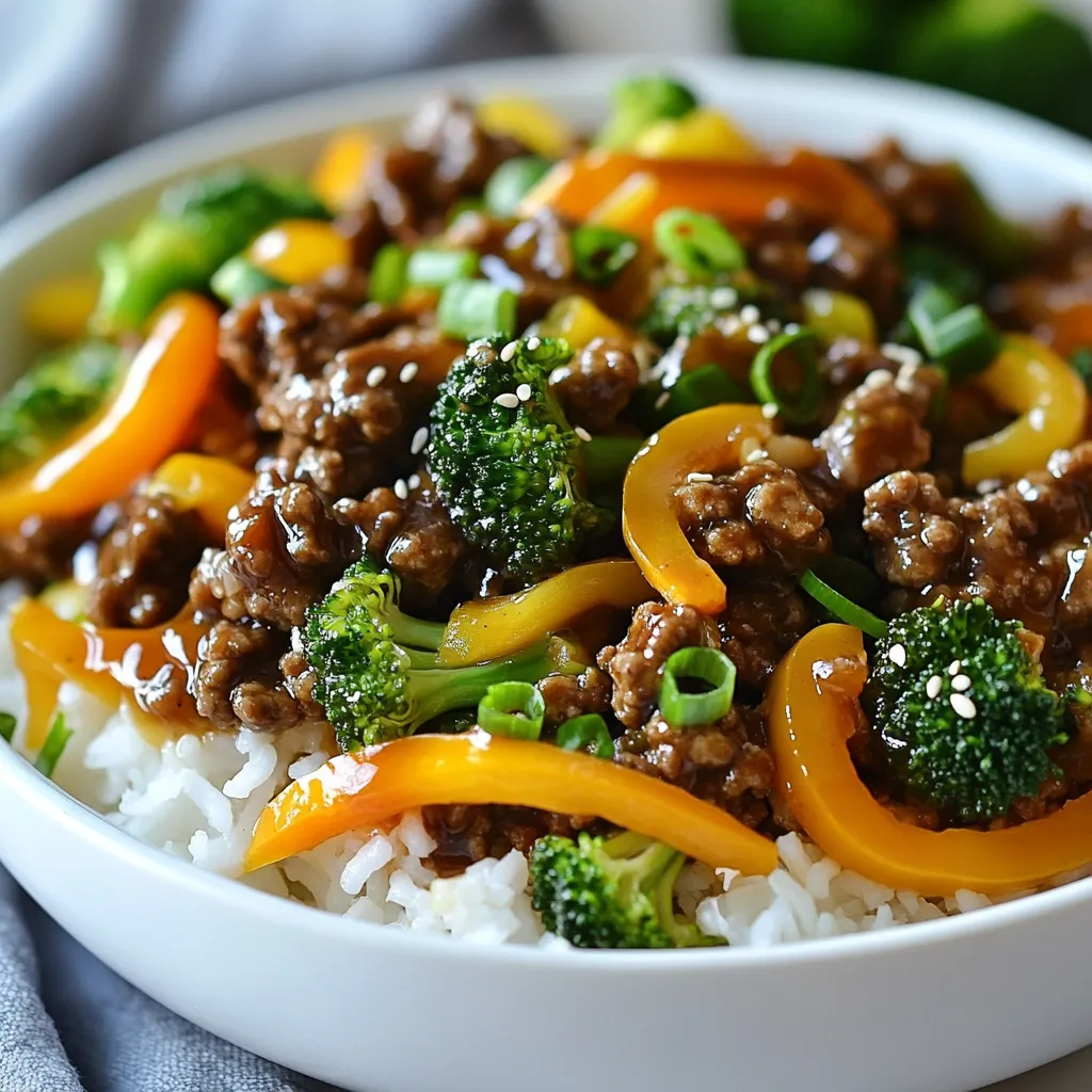 - 1 pound ground beef - 2 tablespoons teriyaki sauce - 1 tablespoon soy sauce Ground beef forms the base of this dish. It cooks quickly and absorbs flavors well. Teriyaki sauce adds a sweet and savory punch, while soy sauce gives depth to the taste. Together, these sauces make the beef juicy and vibrant. - 1 cup broccoli florets - 1 medium bell pepper, sliced - 1 small carrot, julienned Broccoli provides a nice crunch and bright color. Bell peppers add sweetness and a pop of color. Carrots bring both flavor and nutrition. Using fresh veggies ensures your stir-fry is tasty and healthy. - 1 tablespoon sesame oil - 2 cloves garlic, minced - 1 teaspoon fresh ginger, grated - Salt and pepper, to taste Sesame oil gives a nutty flavor that enhances the dish. Garlic and ginger add freshness and warmth. A pinch of salt and pepper helps round out the flavors. These simple ingredients elevate your stir-fry to gourmet status. {{ingredient_image_2}} 1. Heating the skillet: Start by heating the sesame oil in a large skillet or wok over medium-high heat. Wait until the oil shimmers; this means it's ready. 2. Browning the ground beef: Next, add 1 pound of ground beef to the skillet. Use a spatula to break the beef apart. Cook it for about 5-7 minutes until it’s fully browned. If there’s extra fat, drain it off. This keeps your stir-fry light and tasty. 1. Adding garlic and ginger: Now, introduce 2 cloves of minced garlic and 1 teaspoon of grated ginger to the skillet. Stir them in for about 30 seconds. This quick step makes the dish smell amazing. 2. Incorporating vegetables: It’s time to add the veggies. Toss in 1 cup of broccoli florets, a sliced medium bell pepper, and a julienned small carrot. Stir-fry these for 3-4 minutes. You want them to stay bright and crisp. 1. Mixing in sauces: Drizzle 2 tablespoons of teriyaki sauce and 1 tablespoon of soy sauce over the mix. Stir well to coat the beef and veggies. Cook for another 2 minutes. This step makes everything delicious. 2. Seasoning to taste: Finally, add salt and pepper to taste. Adjust it as you like. Remove the skillet from the heat. Fold in the green parts of 2 chopped green onions for a fresh finish. Enjoy your Teriyaki Ground Beef Stir-Fry! To make your stir-fry tender, use high heat. This cooks the beef fast, keeping it juicy. Cut the beef into small pieces. This helps it cook evenly. To stop your stir-fry from sticking, use a non-stick skillet. Heat the pan before adding oil. This creates a barrier and keeps food from sticking. Stir often while cooking. This allows even cooking and helps avoid sticking. If you want to switch proteins, try ground turkey or chicken. They work well in this dish and keep it light. You can also use tofu for a vegetarian option. It soaks up the flavors nicely. For vegetables, feel free to mix it up! Use snap peas, bell peppers, or mushrooms. Each adds a new taste and texture. Just make sure to cut them into small pieces for even cooking. Want more flavor? Add chili flakes for heat. A splash of rice vinegar brightens the dish. You can mix in hoisin sauce for a sweet touch. Garnishing makes your meal pop! Top with sesame seeds for a nice crunch. Fresh cilantro or basil adds a burst of color and flavor. Use the green parts of green onions for a fresh look. Pro Tips Use Fresh Ingredients: Fresh vegetables and quality ground beef will enhance the flavor and texture of your stir-fry. Customize Your Vegetables: Feel free to substitute or add other vegetables like snap peas or mushrooms for variety. Control the Heat: Adjust the cooking temperature as needed to prevent burning the garlic and ginger, which can become bitter. Serve Immediately: For the best taste and texture, serve the stir-fry right after cooking while the vegetables are still crisp. {{image_4}} You can change this dish with some global twists. For an Asian-inspired flavor, use different sauces. Try adding hoisin or oyster sauce for depth. You can also use fresh herbs like cilantro or basil for a bright finish. If you enjoy heat, add red pepper flakes or sliced jalapeños. These ingredients bring warmth and excitement to your meal. If you're looking for low-carb options, swap out the rice or noodles. Zucchini noodles are a great choice. They add texture and flavor without the carbs. For gluten-free needs, use tamari instead of soy sauce. This keeps the flavor while making it safe for gluten-free diets. Always check labels to ensure all ingredients meet your dietary needs. When serving, you can choose rice or noodles. Rice gives a classic touch, while noodles add a fun twist. You can also get creative with side dishes. Serve the stir-fry with a fresh salad or steamed vegetables. For a crunchy option, try serving with sesame crackers. These choices make your meal more enjoyable and balanced. To store leftovers, place the stir-fry in an airtight container. Make sure it cools first. This helps keep the flavors fresh. You can store it in the fridge for up to three days. When reheating, use a skillet over medium heat. Stir often to warm it evenly. You can also use a microwave if you're in a hurry. Just cover it to avoid drying out. For freezing portions, let the stir-fry cool completely. Then, pack it in freezer-safe bags or containers. Make sure to squeeze out extra air to prevent freezer burn. You can freeze it for up to three months. When it's time to eat, thaw it overnight in the fridge. For quick results, use the microwave's defrost setting. After thawing, reheat it on the stove for the best taste. The optimal timeframes for freshness are key. In the fridge, enjoy your leftovers within three days. If frozen, use them within three months for the best quality. Signs of spoilage include an off smell or discoloration. If you see any strange spots, it’s best to toss it out for safety. To add heat to your stir-fry, you can try a few things. First, add crushed red pepper flakes while cooking. This will give a nice kick. You can also use fresh sliced jalapeños for a fresh heat. Another option is to stir in a bit of sriracha sauce at the end. This adds flavor along with the spice. Just be careful not to add too much; you want to balance the flavors. Yes, using frozen vegetables is a great choice. They save time and still provide good flavor. You can toss them straight into the pan without thawing. Just add them a minute or two before the beef is fully cooked. This allows them to heat through without becoming mushy. They work well in this dish, adding color and nutrients. Serve your stir-fry over a bed of fluffy rice or noodles. This creates a nice base for the flavors. For a pop of color, garnish with extra green onions and a sprinkle of sesame seeds. A drizzle of teriyaki sauce on top can also add extra shine. Arrange the stir-fry in a bowl for a beautiful presentation. Enjoying it family-style can make it more fun! This blog post covered making a tasty Teriyaki Ground Beef Stir-Fry. We discussed the main ingredients like ground beef and vegetables. I shared easy steps for cooking and tips to enhance flavors. I also explored variations to fit your diet and how to store leftovers. In summary, you can create a great meal quickly. Use fresh ingredients and your favorite spices to make it yours. Enjoy experimenting and making this dish your own!