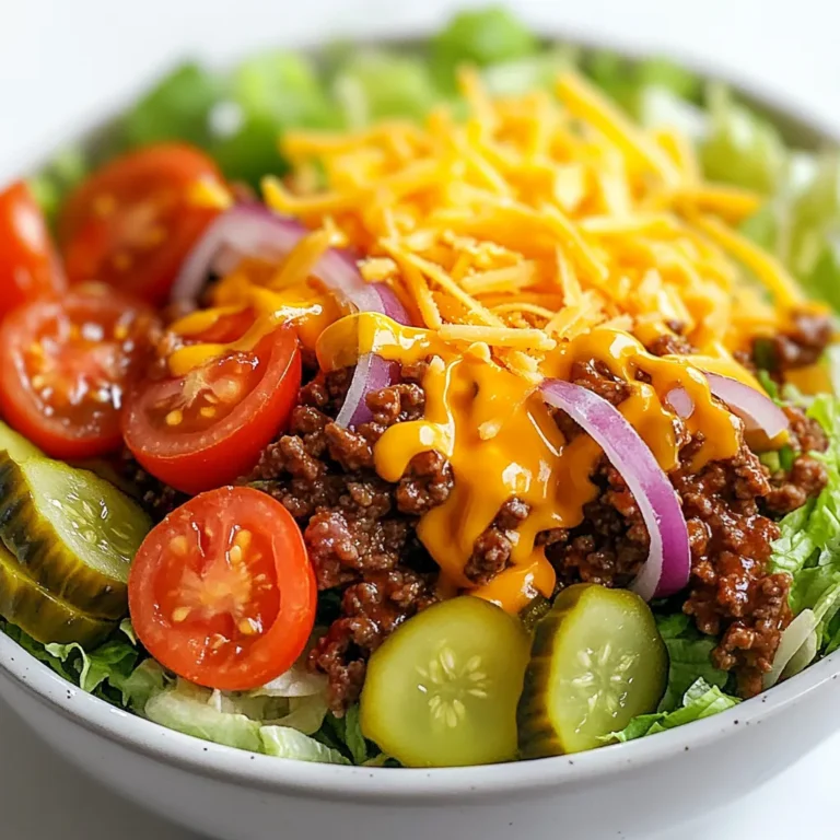 - 1 lb ground beef - 4 cups romaine lettuce, chopped - 1 cup cherry tomatoes, halved - 1 cup pickles, sliced - 1/2 red onion, finely sliced - 1 cup shredded sharp cheddar cheese - 1 teaspoon garlic powder - 1 teaspoon onion powder - Salt and pepper to taste - 1/4 cup ketchup - 1/4 cup yellow mustard - 1/4 cup mayonnaise Each ingredient brings its own flavor to the cheeseburger salad bowl. The ground beef serves as the hearty base. Fresh vegetables add crunch and color. The cheddar cheese gives a rich and creamy finish. Seasonings like garlic powder and onion powder enhance the beef's taste. Salt and pepper balance everything out. For the dressing, ketchup, yellow mustard, and mayonnaise create a classic burger taste. Each component works together, making this salad a tasty and satisfying meal. {{ingredient_image_2}} To start, you want to brown the ground beef. Heat a large skillet over medium-high heat. Add the 1 lb of ground beef to the pan. Use a spatula to break it up and stir as it cooks. Add 1 teaspoon each of garlic powder and onion powder. Sprinkle in salt and freshly ground black pepper to taste. Cook until the beef is browned, about 7 to 10 minutes. Drain any extra fat. Set the beef aside to cool slightly. While the beef cooks, take a big bowl. Combine 4 cups of chopped romaine lettuce, 1 cup of halved cherry tomatoes, 1 cup of sliced pickles, and 1/2 of a finely sliced red onion. Gently toss these fresh ingredients together. This ensures every bite has a mix of flavors and textures. Once the beef is cool, add it to your salad mix. Gently stir to incorporate the beef into the salad. Use a folding motion to keep the lettuce from wilting. This mixing helps spread the flavors throughout. Next, grab a small bowl to make the dressing. Whisk together 1/4 cup of ketchup, 1/4 cup of yellow mustard, and 1/4 cup of mayonnaise. Keep whisking until you get a smooth consistency. Taste the dressing and adjust the flavors if you want. You can add more ketchup or mustard for extra zing. Now, drizzle your dressing over the salad mixture. Toss everything together so the salad is well coated. This will bring all the flavors together. Then, sprinkle 1 cup of shredded sharp cheddar cheese over the top. This adds a creamy and sharp taste. To serve, dish the cheeseburger salad into bowls or plates. For extra visual appeal, add a sprinkle of fresh parsley or some extra pickle slices on top. Using colorful bowls can enhance the look of this vibrant dish. Enjoy your meal right away for the best freshness! To avoid greasy ground beef, choose lean meat. I recommend using 85% lean beef. This helps cut down on excess fat. When cooking, break the meat into small pieces. This ensures even cooking and browning. Use a spatula to stir often. This also helps drain fat as it cooks. For kitchen tools, use a large skillet. A non-stick pan works best for easy cleanup. A sturdy spatula is great for breaking up the beef. To enhance flavor, add spices like smoked paprika or cayenne pepper. These add a nice kick. You can also try adding fresh herbs like parsley or cilantro. A splash of Worcestershire sauce can deepen the taste. For a tangy twist, try a little vinegar. These options keep your cheeseburger salad exciting and tasty. For sides, consider crispy sweet potato fries or baked tortilla chips. These pair well with the salad's flavors. A light fruit salad is also refreshing. For drinks, iced tea or lemonade complement the meal nicely. If you prefer something stronger, a cold beer works well too. These choices will round out your meal and make it even more enjoyable. Pro Tips Choose Quality Beef: Opt for ground beef with a higher fat content (80/20) for a juicier and more flavorful result. Customize the Toppings: Feel free to add your favorite burger toppings such as avocado, bacon, or jalapeños to elevate the flavor. Make Ahead: Prepare the salad components in advance and store them separately. Combine just before serving for optimal freshness. Dressing Variations: Experiment with different dressings like ranch or BBQ sauce to give your cheeseburger salad a unique twist. {{image_4}} You can easily swap out the ground beef for turkey or chicken. This change lowers fat but keeps the taste. Ground turkey or chicken works well in this salad. It stays juicy and adds great flavor. If you want a vegan option, try plant-based ground beef. Brands like Beyond Meat or Impossible Burger work well. They give you a similar texture without meat. Just cook them the same way as beef. You can make your own dressing for this salad. Try mixing Greek yogurt with ketchup and mustard. This makes a creamy dressing with less fat. You can also use vinegar or lemon juice for added tang. For low-calorie options, consider vinaigrettes. A simple mix of olive oil and vinegar keeps it light. You can also use salsa for a fresh twist. Adding fruits or nuts can make your salad exciting. Sliced apples or berries add a sweet touch. Nuts like walnuts or almonds give a nice crunch. You can also include grains like quinoa. Quinoa adds protein and makes the salad more filling. Just cook the quinoa ahead of time and mix it in. Enjoy the extra flavor and texture! To store your cheeseburger salad, place it in an airtight container. Keep it in the fridge. This helps keep your salad fresh. It will last for about 3 days. If you add dressing, the salad may not stay crisp as long. You can reheat the beef if you want warm leftovers. Use a microwave or skillet. Heat it until it's hot, but don’t overcook. To keep your salad fresh, store the veggies and beef separately. This way, they stay crunchy and tasty. Prepping your salad components in advance saves time. Cook the beef and chop the veggies ahead of time. Store them in separate containers. When you're ready to eat, mix them together. This keeps everything fresh and delicious. You can even pack the salad for lunch. It makes a great meal on the go! Yes, you can prepare this salad in advance. To keep it fresh, store the salad base and the dressing separately. This helps prevent sogginess. Keep the cooked beef in a sealed container in the fridge. You can combine everything just before serving. For the best taste, eat it within two days. This salad packs a nutritional punch. Here are some highlights: - Ground beef: Provides protein and iron. - Romaine lettuce: Offers fiber and vitamins A and K. - Tomatoes: Rich in antioxidants and vitamin C. - Pickles: Low in calories and add crunch. - Cheddar cheese: Good source of calcium and protein. Overall, this cheeseburger salad bowl is a balanced meal. If you want a different cheese, you have options. Here are a few that work well: - Monterey Jack: Creamy and mild. - Pepper Jack: Adds a spicy kick. - Mozzarella: Soft and stretchy. - Vegan cheese: Great for dairy-free diets. Choose based on your taste and dietary needs. Scaling up this recipe is easy. Start by doubling or tripling the amounts. For example: - Beef: Use 2 or 3 pounds. - Veggies: Increase the salad base as needed. - Dressing: Double the ingredients for the sauce. Mix and match until you have the right amount for your group. This way, everyone enjoys a delicious meal! This blog post covered key ingredients and step-by-step instructions for making a tasty salad. You learned how to cook beef, prepare fresh veggies, and make a delicious dressing. Remember, feel free to swap ingredients and dressings to suit your taste. Store leftovers properly, and enjoy this salad at different meals. With these tips and tricks, you'll impress anyone at the table. Enjoy your cooking adventure and make it your own!