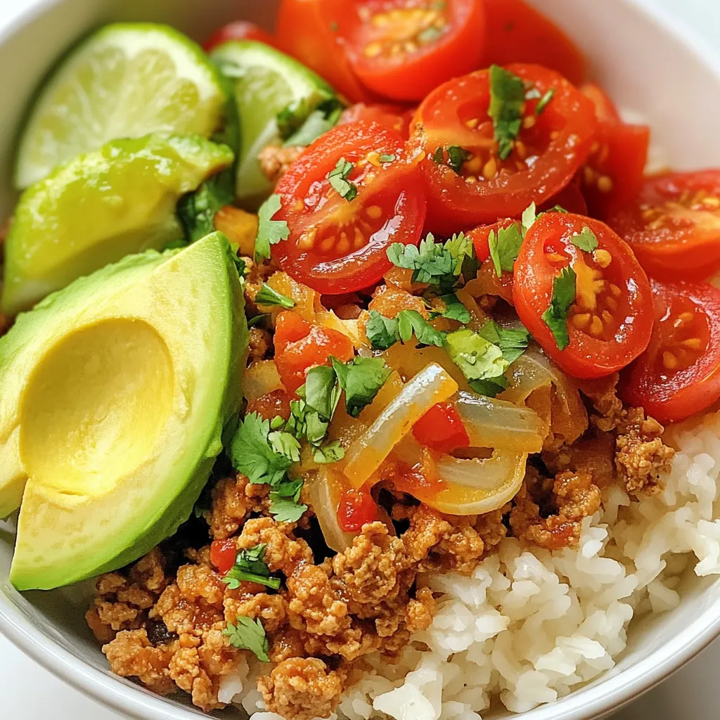 - 1 lb ground turkey - 1 tablespoon olive oil - 1 small onion, finely diced - 2 cloves garlic, minced - 1 medium red bell pepper, diced - 1 can (15 oz) black beans, rinsed and drained - 1 cup corn kernels (fresh or frozen) - 2 cups cooked brown rice (or quinoa for a delightful twist) - 1 cup cherry tomatoes, halved - 1 ripe avocado, sliced - Fresh cilantro, chopped (for garnish) - 1 tablespoon taco seasoning - 1 teaspoon chili powder - Salt and black pepper to taste - Diced jalapeños (optional, for added heat) - Lime wedges (for serving) For the Turkey Taco Bowl, I focus on fresh and simple ingredients. Ground turkey serves as the lean protein base. I always use olive oil for a light start. Finely diced onion and minced garlic add rich flavor. Diced red bell pepper brings a sweet crunch. Next, I add black beans and corn for fiber and color. You can use either brown rice or quinoa as the hearty base. Both work well and taste great. For toppings, I love halved cherry tomatoes and slices of avocado. They add freshness and creaminess. A sprinkle of chopped cilantro gives a nice herb touch. Seasoning is key. I mix in taco seasoning and chili powder for depth. Salt and black pepper enhance all the flavors. If you like spice, diced jalapeños add a kick. Serve with lime wedges for zest. This combo creates a well-rounded meal that is easy to prepare and full of flavor. {{ingredient_image_2}} 1. In a large skillet, heat 1 tablespoon of olive oil over medium heat. 2. Add 1 small, finely diced onion. Sauté it for 2-3 minutes. The onion should turn soft and clear. 3. Next, add 2 cloves of minced garlic and 1 medium diced red bell pepper. Cook for 2-3 more minutes. The bell pepper will become soft and smell great. 4. Increase the heat to medium-high. Add 1 pound of ground turkey to the skillet. Break it apart with a spoon. 5. Sprinkle in 1 tablespoon of taco seasoning, 1 teaspoon of chili powder, and salt and black pepper to taste. Stir the mixture. Cook for 5-7 minutes until the turkey turns brown and is fully cooked. 1. Once the turkey is cooked, fold in 1 can of rinsed black beans and 1 cup of corn. Mix well. 2. Allow it to cook for another 2-3 minutes until everything is warm. 3. In each serving bowl, add a layer of 2 cups of cooked brown rice or quinoa. Spread it evenly across the bottom. 1. Spoon the turkey mixture over the rice in each bowl. Make sure to distribute it evenly. 2. Top each bowl with halved cherry tomatoes and sliced avocado. 3. Sprinkle freshly chopped cilantro on top. If you like heat, add diced jalapeños. 4. Serve with lime wedges on the side. Guests can squeeze fresh lime juice over their bowls for extra flavor. To get the best flavor from ground turkey, you need to brown it well. Use a hot skillet and add olive oil. This helps to create a nice crust. Break the meat apart with a spoon as it cooks. This lets the heat touch all parts of the turkey. Cook it until it turns a golden brown. This usually takes about 5-7 minutes. For perfect sautéing, start with a hot pan. Add your onions first. Let them cook until soft and clear. Then, add garlic and peppers. Stir them often so they don’t burn. Cook until fragrant and soft. This gives your bowl a great base of flavor. To make your Turkey Taco Bowl look great, arrange the ingredients neatly. Start with a layer of rice or quinoa at the base. Then, add the turkey mixture on top. Place halved cherry tomatoes and avocado slices around it. This adds color and makes it pretty. Garnish with fresh cilantro for a pop of green. Adding a lime wedge on the side looks nice, too. It invites people to squeeze fresh juice over their meal. This adds a bright flavor that everyone will love. You can change the spice level to fit your taste. If you like heat, add more chili powder or diced jalapeños. Start with a little and taste as you go. This way, you can control the heat. Feel free to switch up toppings. Try adding shredded cheese, sour cream, or even salsa. You might also mix in other ingredients like corn or black olives. This lets you create a bowl that is just right for you! Pro Tips Use Fresh Ingredients: Fresh vegetables and herbs enhance the flavor profile of your taco bowl, making it more vibrant and delicious. Customize Your Heat: Adjust the amount of chili powder or add more jalapeños to suit your heat preference. This way, everyone can enjoy their meal to their taste. Meal Prep Friendly: Prepare the turkey mixture in advance and store it in the fridge. This makes for quick assembly of your taco bowls during busy weeknights. Experiment with Grains: Try swapping brown rice for quinoa or cauliflower rice for a low-carb option, adding variety to your dish. {{image_4}} You can swap ground turkey for other meats. Ground chicken or beef works well. If you want a lighter dish, try ground chicken. For a richer flavor, use beef. Both options cook the same way as turkey. If you prefer plant-based meals, go for vegetarian or vegan options. Use lentils or black beans instead of meat. They add protein and fiber. You can also use plant-based crumbles available in stores. These options keep the dish hearty and satisfying. Experimenting with different beans or grains can change the taste. Try pinto or kidney beans for a twist. You can also mix in quinoa or farro for different textures. Each option gives a new flavor and keeps it fun. Adding salsa or shredded cheese can enhance the bowl. Salsa brings zest and moisture. Cheese adds creaminess and richness. Try cheddar, Monterey Jack, or even a spicy pepper jack. Mix and match to find your favorite combo! Incorporate global flavors to make the bowl unique. Chipotle adds smoky heat. Just a bit can change the whole dish. If you like curry, add curry powder for a bold flavor. This gives the bowl a whole new vibe. Fusion ideas are fun, too! You could make a Mediterranean version with feta and olives. Or, try a Thai twist with peanut sauce and cilantro. The options are endless, so let your taste buds guide you! To keep your Turkey Taco Bowl tasty, store leftovers in airtight containers. This helps keep flavors fresh. You can safely refrigerate them for up to four days. Make sure to let the food cool before sealing. This prevents extra moisture inside the container. For long-term storage, freeze the turkey mixture in a freezer-safe bag. This will keep it fresh for up to three months. When you're ready to eat, thaw it in the fridge overnight. Reheat in a skillet over low heat for best results. Stir until it's warmed through. Repurpose leftovers by turning them into a wrap or a taco. You can also use them as a topping for nachos. Pair your bowl with a side salad or some tortilla chips for a crunchy contrast. Fresh salsa or guacamole adds extra flavor and fun! To make your Turkey Taco Bowl healthier, try these tips: - Use lean ground turkey (93% lean or higher). - Replace brown rice with cauliflower rice to cut carbs. - Add more veggies, like spinach or zucchini. - Swap regular cheese for low-fat options. - Use avocado sparingly, or try plain Greek yogurt as a topping. These changes lower calories and fat, while adding nutrients. You have many options for ground turkey substitutes: - Ground chicken is a great choice with similar taste. - Lean ground beef offers a richer flavor. - For plant-based options, try lentils or black beans. - Crumbled tempeh or tofu works well for a vegan dish. These substitutes can give your Turkey Taco Bowl a new twist. Yes, meal prepping Turkey Taco Bowls is easy and saves time. 1. Cook the turkey mixture and cool it completely. 2. Store it in airtight containers in the fridge for up to four days. 3. Prepare rice or quinoa separately and keep it in another container. 4. Assemble the bowls just before eating. 5. This keeps the ingredients fresh and tasty. Meal prepping lets you enjoy healthy meals all week long! We've covered the key ingredients and steps for a tasty Turkey Taco Bowl. You can customize flavors and adjust spice levels to fit your taste. Remember to store leftovers properly for future meals. Feel free to experiment with different toppings or grains. This dish is fun, healthy, and perfect for any occasion. Enjoy making your own version, and don't hesitate to switch things up as you go! Cooking should be about creativity and enjoyment. Happy cooking!